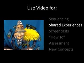 Use Video for:SequencingShared ExperiencesScreencasts“How To”AssessmentNew Concepts