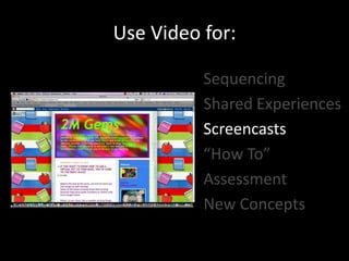 Use Video for:SequencingShared ExperiencesScreencasts“How To”AssessmentNew Concepts