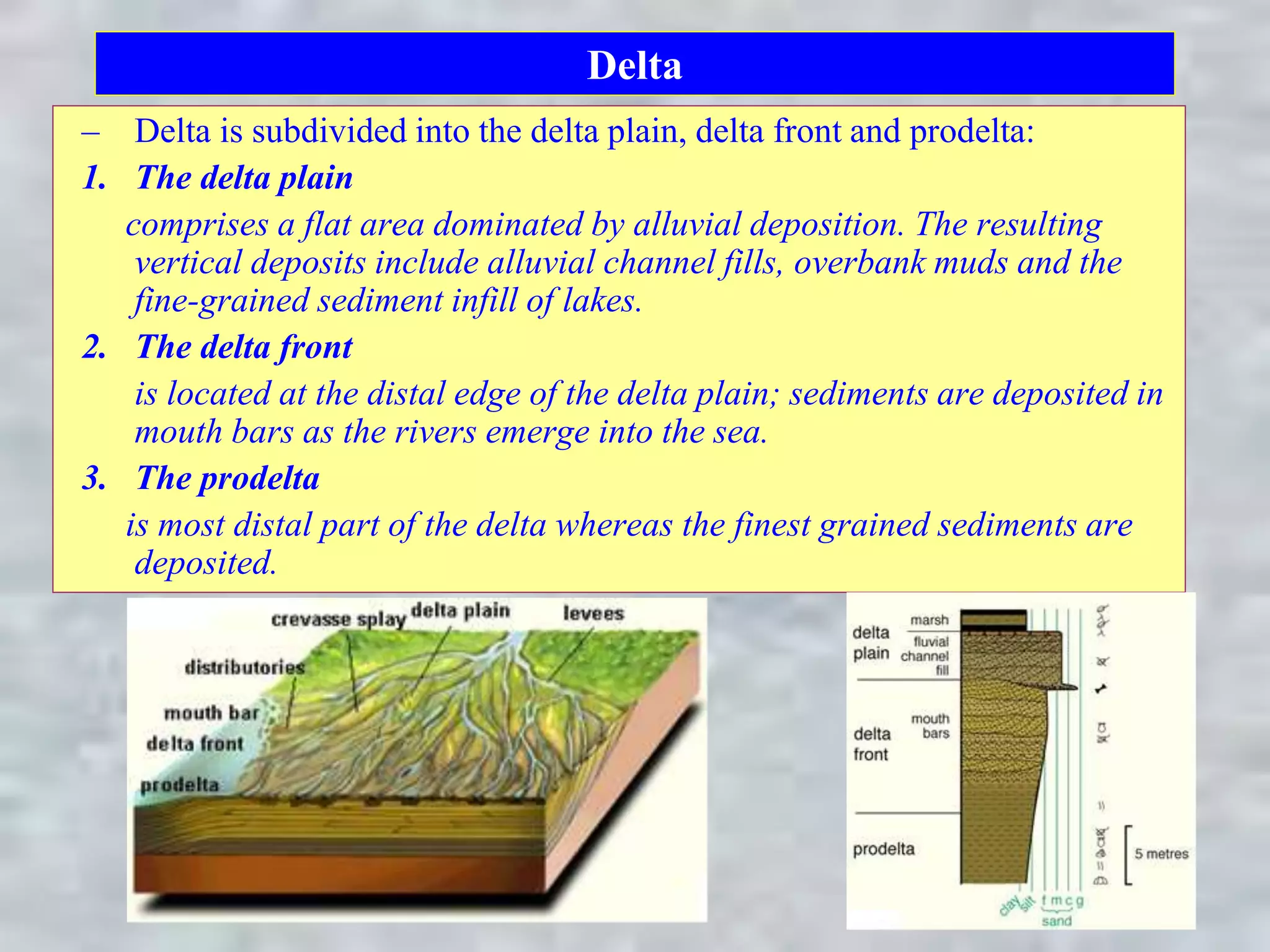 Delta
– Delta is subdivided into the delta plain, delta front and prodelta:
1. The delta plain
comprises a flat area dominated by alluvial deposition. The resulting
vertical deposits include alluvial channel fills, overbank muds and the
fine-grained sediment infill of lakes.
2. The delta front
is located at the distal edge of the delta plain; sediments are deposited in
mouth bars as the rivers emerge into the sea.
3. The prodelta
is most distal part of the delta whereas the finest grained sediments are
deposited.
 