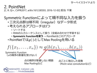 2. PointNet
[C. R. Qi+, CVPR2017, arXiv:1612.00593, 2016-12-02] : ǧ~
Symmetric Functionˤä혲ͬQ
? ԪȺ혲ͬirregularʥǩ`ʽ
? 륢ץ`3
? `Ȥ
? RNN`󥹤ȤƒQȫMߺϤ碌ѧ룩
? Symmetric Functionʹ  PointNetϤΥץ`
? PointNetǤ?? ? ȤMax Poolingä
㤴Ȥ˶Q
Point-wise convolutionʤɣ
Ӱ푤ʤv
Max Poolingʤ
Symmetric Function
??Ӱ푤ܤʤ
`٥饤ɤ
 