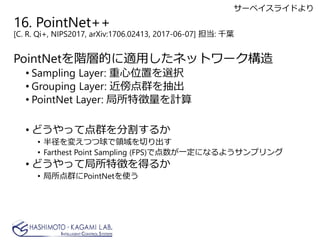 16. PointNet++
[C. R. Qi+, NIPS2017, arXiv:1706.02413, 2017-06-07] : ǧ~
PointNetAӵĤmäͥåȥ`
? Sampling Layer: λäxk
? Grouping Layer: Ⱥ
? PointNet Layer: ؏Ӌ
? ɤäƵȺָ뤫
? 뾶䤨ĤIФ
? Farthest Point Sampling (FPS)ǵһˤʤ褦ץ
? ɤäƾ؏դä뤫
? ȺPointNetʹ
`٥饤ɤ
 
