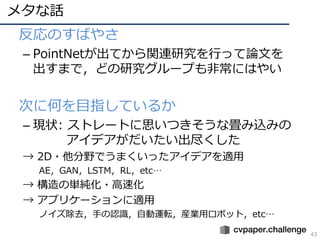 ᥿Ԓ
43
? ΤФ䤵
C PointNetƤvBоФäՓĤ
ޤǣɤо`פǳˤϤ䤤
? Τ˺ΤĿָƤ뤫
C F״: ȥ`Ȥ˼Ĥʮzߤ
ǥ
 2D?ҰǤޤäǥm
AEGANLSTMRLetc
 ΅g?ٻ
 ץꥱ`m
Υȥ֤JRԄ\ܞbIåܥåȣetc
 