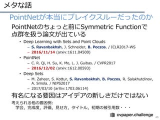 46
? PointNet˥֥쥤`äΤ
PointNetΤäǰSymmetric Function
ȺQՓĤƤ
? Deep Learning with Sets and Point Clouds
C S. Ravanbakhsh, J. Schneider, B. Poczos. / ICLR2017-WS
C 2016/11/14 (arxiv:1611.04500)
? PointNet
C C. R. Qi, H. Su, K. Mo, L. J. Guibas. / CVPR2017
C 2016/12/02 (arxiv:1612.00593)
? Deep Sets
C M. Zaheer, S. Kottur, S. Ravanbakhsh, B. Poczos, R. Salakhutdinov,
A. Smola. / NIPS2017
C 2017/03/10 (arXiv:1703.06114)
ˤʤҪϥǥ¤ǤϤʤ
Ҫ:
ѧᣬɶȣuҊȥ룬ڤα???
᥿Ԓ
 