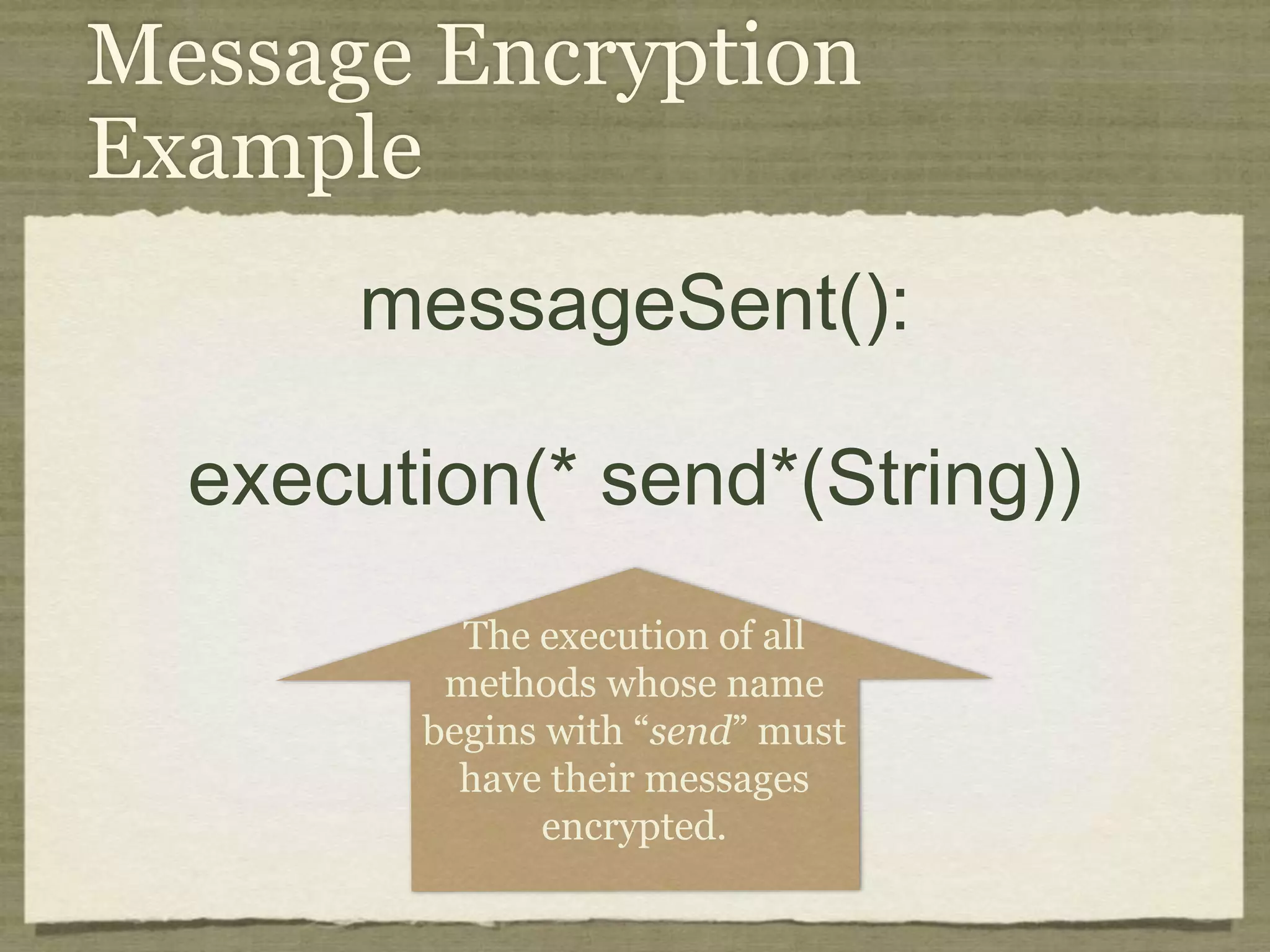Crosscutting Concerns Crosscutting concerns (CCCs) affect many heterogenous software modules. Code is: Scattered throughout many modules. Tangled with unrelated modules. /* * ==================================================================== * * The Apache Software License, Version 1.1 * * Copyright (c) 1999 The Apache Software Foundation. All rights * reserved. * * Redistribution and use in source and binary forms, with or without * modification, are permitted provided that the following conditions * are met: * * 1. Redistributions of source code must retain the above copyright * notice, this list of conditions and the following disclaimer. * * 2. Redistributions in binary form must reproduce the above copyright * notice, this list of conditions and the following disclaimer in * the documentation and/or other materials provided with the * distribution. * * 3. The end-user documentation included with the redistribution, if * any, must include the following acknowlegement: * "This product includes software developed by the * Apache Software Foundation (http://www.apache.org/)." * Alternately, this acknowlegement may appear in the software itself, * if and wherever such third-party acknowlegements normally appear. * * 4. The names "The Jakarta Project", "Tomcat", and "Apache Software * Foundation" must not be used to endorse or promote products derived * from this software without prior written permission. For written * permission, please contact apache@apache.org. * * 5. Products derived from this software may not be called "Apache" * nor may "Apache" appear in their names without prior written * permission of the Apache Group. * * THIS SOFTWARE IS PROVIDED ``AS IS'' AND ANY EXPRESSED OR IMPLIED * WARRANTIES, INCLUDING, BUT NOT LIMITED TO, THE IMPLIED WARRANTIES * OF MERCHANTABILITY AND FITNESS FOR A PARTICULAR PURPOSE ARE * DISCLAIMED. IN NO EVENT SHALL THE APACHE SOFTWARE FOUNDATION OR * ITS CONTRIBUTORS BE LIABLE FOR ANY DIRECT, INDIRECT, INCIDENTAL, * SPECIAL, EXEMPLARY, OR CONSEQUENTIAL DAMAGES (INCLUDING, BUT NOT * LIMITED TO, PROCUREMENT OF SUBSTITUTE GOODS OR SERVICES; LOSS OF * USE, DATA, OR PROFITS; OR BUSINESS INTERRUPTION) HOWEVER CAUSED AND * ON ANY THEORY OF LIABILITY, WHETHER IN CONTRACT, STRICT LIABILITY, * OR TORT (INCLUDING NEGLIGENCE OR OTHERWISE) ARISING IN ANY WAY OUT * OF THE USE OF THIS SOFTWARE, EVEN IF ADVISED OF THE POSSIBILITY OF * SUCH DAMAGE. * ==================================================================== * * This software consists of voluntary contributions made by many * individuals on behalf of the Apache Software Foundation. For more * information on the Apache Software Foundation, please see * <http://www.apache.org/>. * * [Additional notices, if required by prior licensing conditions] * */ package org.apache.tomcat.session; import org.apache.tomcat.core.*; import org.apache.tomcat.util.StringManager; import java.io.*; import java.net.*; import java.util.*; import javax.servlet.*; import javax.servlet.http.*; /** * Core implementation of an application level session * * @author James Duncan Davidson [duncan@eng.sun.com] * @author Jason Hunter [jch@eng.sun.com] * @author James Todd [gonzo@eng.sun.com] */ public class ApplicationSession implements HttpSession { private StringManager sm = StringManager.getManager("org.apache.tomcat.session"); private Hashtable values = new Hashtable(); private String id; private ServerSession serverSession; private Context context; private long creationTime = System.currentTimeMillis();; private long thisAccessTime = creationTime; private long lastAccessed = creationTime; private int inactiveInterval = -1; private boolean valid = true; ApplicationSession(String id, ServerSession serverSession, Context context) { this.serverSession = serverSession; this.context = context; this.id = id; this.inactiveInterval = context.getSessionTimeOut(); if (this.inactiveInterval != -1) { this.inactiveInterval *= 60; } } ServerSession getServerSession() { return serverSession; } /** * Called by context when request comes in so that accesses and * inactivities can be dealt with accordingly. */ void accessed() { // set last accessed to thisAccessTime as it will be left over // from the previous access lastAccessed = thisAccessTime; thisAccessTime = System.currentTimeMillis(); validate(); } void validate() { // if we have an inactive interval, check to see if we've exceeded it if (inactiveInterval != -1) { int thisInterval = (int)(System.currentTimeMillis() - lastAccessed) / 1000; if (thisInterval > inactiveInterval) { invalidate(); } } } // HTTP SESSION IMPLEMENTATION METHODS public String getId() { if (valid) { return id; } else { String msg = sm.getString("applicationSession.session.ise"); throw new IllegalStateException(msg); } } public long getCreationTime() { if (valid) { return creationTime; } else { String msg = sm.getString("applicationSession.session.ise"); throw new IllegalStateException(msg); } } /** * * @deprecated */ public HttpSessionContext getSessionContext() { return new SessionContextImpl(); } public long getLastAccessedTime() { if (valid) { return lastAccessed; } else { String msg = sm.getString("applicationSession.session.ise"); throw new IllegalStateException(msg); } } public void invalidate() { serverSession.removeApplicationSession(context); // remove everything in the session Enumeration enum = values.keys(); while (enum.hasMoreElements()) { String name = (String)enum.nextElement(); removeValue(name); } valid = false; } public boolean isNew() { if (! valid) { String msg = sm.getString("applicationSession.session.ise"); throw new IllegalStateException(msg); } if (thisAccessTime == creationTime) { return true; } else { return false; } } /** * @deprecated */ public void putValue(String name, Object value) { setAttribute(name, value); } public void setAttribute(String name, Object value) { if (! valid) { String msg = sm.getString("applicationSession.session.ise"); throw new IllegalStateException(msg); } if (name == null) { String msg = sm.getString("applicationSession.value.iae"); throw new IllegalArgumentException(msg); } removeValue(name); // remove any existing binding if (value != null && value instanceof HttpSessionBindingListener) { HttpSessionBindingEvent e = new HttpSessionBindingEvent(this, name); ((HttpSessionBindingListener)value).valueBound(e); } values.put(name, value); } /** * @deprecated */ public Object getValue(String name) { return getAttribute(name); } public Object getAttribute(String name) { if (! valid) { String msg = sm.getString("applicationSession.session.ise"); throw new IllegalStateException(msg); } if (name == null) { String msg = sm.getString("applicationSession.value.iae"); throw new IllegalArgumentException(msg); } return values.get(name); } /** * @deprecated */ public String[] getValueNames() { Enumeration e = getAttributeNames(); Vector names = new Vector(); while (e.hasMoreElements()) { names.addElement(e.nextElement()); } String[] valueNames = new String[names.size()]; names.copyInto(valueNames); return valueNames; } public Enumeration getAttributeNames() { if (! valid) { String msg = sm.getString("applicationSession.session.ise"); throw new IllegalStateException(msg); } Hashtable valuesClone = (Hashtable)values.clone(); return (Enumeration)valuesClone.keys(); } /** * @deprecated */ public void removeValue(String name) { removeAttribute(name); } public void removeAttribute(String name) { if (! valid) { String msg = sm.getString("applicationSession.session.ise"); throw new IllegalStateException(msg); } if (name == null) { String msg = sm.getString("applicationSession.value.iae"); throw new IllegalArgumentException(msg); } Object o = values.get(name); if (o instanceof HttpSessionBindingListener) { HttpSessionBindingEvent e = new HttpSessionBindingEvent(this,name); ((HttpSessionBindingListener)o).valueUnbound(e); } values.remove(name); } public void setMaxInactiveInterval(int interval) { if (! valid) { String msg = sm.getString("applicationSession.session.ise"); throw new IllegalStateException(msg); } inactiveInterval = interval; } public int getMaxInactiveInterval() { if (! valid) { String msg = sm.getString("applicationSession.session.ise"); throw new IllegalStateException(msg); } return inactiveInterval; } } //----------------------------------------------------------------------- package org.apache.tomcat.session; import org.apache.tomcat.core.*; import org.apache.tomcat.util.StringManager; import java.io.*; import java.net.*; import java.util.*; import javax.servlet.*; import javax.servlet.http.*; /** * Core implementation of a server session * * @author James Duncan Davidson [duncan@eng.sun.com] * @author James Todd [gonzo@eng.sun.com] */ public class ServerSession { private StringManager sm = StringManager.getManager("org.apache.tomcat.session"); private Hashtable values = new Hashtable(); private Hashtable appSessions = new Hashtable(); private String id; private long creationTime = System.currentTimeMillis();; private long thisAccessTime = creationTime; private long lastAccessed = creationTime; private int inactiveInterval = -1; ServerSession(String id) { this.id = id; } public String getId() { return id; } public long getCreationTime() { return creationTime; } public long getLastAccessedTime() { return lastAccessed; } public ApplicationSession getApplicationSession(Context context, boolean create) { ApplicationSession appSession = (ApplicationSession)appSessions.get(context); if (appSession == null && create) { // XXX // sync to ensure valid? appSession = new ApplicationSession(id, this, context); appSessions.put(context, appSession); } // XXX // make sure that we haven't gone over the end of our // inactive interval -- if so, invalidate and create // a new appSession return appSession; } void removeApplicationSession(Context context) { appSessions.remove(context); } /** * Called by context when request comes in so that accesses and * inactivities can be dealt with accordingly. */ void accessed() { // set last accessed to thisAccessTime as it will be left over // from the previous access lastAccessed = thisAccessTime; thisAccessTime = System.currentTimeMillis(); } void validate() void validate() { // if we have an inactive interval, check to see if // we've exceeded it if (inactiveInterval != -1) { int thisInterval = (int)(System.currentTimeMillis() - lastAccessed) / 1000; if (thisInterval > inactiveInterval) { invalidate(); ServerSessionManager ssm = ServerSessionManager.getManager(); ssm.removeSession(this); } } } synchronized void invalidate() { Enumeration enum = appSessions.keys(); while (enum.hasMoreElements()) { Object key = enum.nextElement(); ApplicationSession appSession = (ApplicationSession)appSessions.get(key); appSession.invalidate(); } } public void putValue(String name, Object value) { if (name == null) { String msg = sm.getString("serverSession.value.iae"); throw new IllegalArgumentException(msg); } removeValue(name); // remove any existing binding values.put(name, value); } public Object getValue(String name) { if (name == null) { String msg = sm.getString("serverSession.value.iae"); throw new IllegalArgumentException(msg); } return values.get(name); } public Enumeration getValueNames() { return values.keys(); } public void removeValue(String name) { values.remove(name); } public void setMaxInactiveInterval(int interval) { inactiveInterval = interval; } public int getMaxInactiveInterval() { return inactiveInterval; } // XXX // sync'd for safty -- no other thread should be getting something // from this while we are reaping. This isn't the most optimal // solution for this, but we'll determine something else later. synchronized void reap() { Enumeration enum = appSessions.keys(); while (enum.hasMoreElements()) { Object key = enum.nextElement(); ApplicationSession appSession = (ApplicationSession)appSessions.get(key); appSession.validate(); } } } ; /** * Standard implementation of the <b>Session</b> interface. This object is * serializable, so that it can be stored in persistent storage or transferred * to a different JVM for distributable session support. * <p> * <b>IMPLEMENTATION NOTE</b>: An instance of this class represents both the * internal (Session) and application level (HttpSession) view of the session. * However, because the class itself is not declared public, Java logic outside * of the <code>org.apache.tomcat.session</code> package cannot cast an * HttpSession view of this instance back to a Session view. * * @author Craig R. McClanahan * @version $Revision: 1.2 $ $Date: 2000/05/15 17:54:10 $ */ final class StandardSession implements HttpSession, Session { // ----------------------------------------------------------- Constructors /** * Construct a new Session associated with the specified Manager. * * @param manager The manager with which this Session is associated */ public StandardSession(Manager manager) { super(); this.manager = manager; } /** * The last accessed time for this Session. */ private long lastAccessedTime = creationTime; /** * The Manager with which this Session is associated. */ private Manager manager = null; /** * The maximum time interval, in seconds, between client requests before * the servlet container may invalidate this session. A negative time * indicates that the session should never time out. */ private int maxInactiveInterval = -1; /** * Flag indicating whether this session is new or not. */ private boolean isNew = true; /** * Flag indicating whether this session is valid or not. */ private boolean isValid = false; /** * The string manager for this package. */ private StringManager sm = StringManager.getManager("org.apache.tomcat.session"); /** * The HTTP session context associated with this session. */ private static HttpSessionContext sessionContext = null; /** * The current accessed time for this session. */ private long thisAccessedTime = creationTime; // ----------------------------------------------------- Session Properties /** * Set the creation time for this session. This method is called by the * Manager when an existing Session instance is reused. * * @param time The new creation time */ public void setCreationTime(long time) { this.creationTime = time; this.lastAccessedTime = time; this.thisAccessedTime = time; } /** * Return the session identifier for this session. */ public String getId() { return (this.id); } /** * Set the session identifier for this session. * * @param id The new session identifier */ public void setId(String id) { if ((this.id != null) && (manager != null) && (manager instanceof ManagerBase)) ((ManagerBase) manager).remove(this); this.id = id; if ((manager != null) && (manager instanceof ManagerBase)) ((ManagerBase) manager).add(this); } /** * Return descriptive information about this Session implementation and * the corresponding version number, in the format * <code>&lt;description&gt;/&lt;version&gt;</code>. */ public String getInfo() { return (this.info); } /** * Return the last time the client sent a request associated with this * session, as the number of milliseconds since midnight, January 1, 1970 * GMT. Actions that your application takes, such as getting or setting * a value associated with the session, do not affect the access time. */ public long getLastAccessedTime() { return (this.lastAccessedTime); } /** * Return the Manager within which this Session is valid. */ public Manager getManager() { return (this.manager); } /** * Set the Manager within which this Session is valid. * * @param manager The new Manager */ public void setManager(Manager manager) { this.manager = manager; } /** * Return the maximum time interval, in seconds, between client requests * before the servlet container will invalidate the session. A negative * time indicates that the session should never time out. * * @exception IllegalStateException if this method is called on * an invalidated session */ public int getMaxInactiveInterval() { return (this.maxInactiveInterval); /** * Update the accessed time information for this session. This method * should be called by the context when a request comes in for a particular * session, even if the application does not reference it. */ public void access() { this.lastAccessedTime = this.thisAccessedTime; this.thisAccessedTime = System.currentTimeMillis(); this.isNew=false; } /** * Perform the internal processing required to invalidate this session, * without triggering an exception if the session has already expired. */ public void expire() { // Remove this session from our manager's active sessions if ((manager != null) && (manager instanceof ManagerBase)) ((ManagerBase) manager).remove(this); // Unbind any objects associated with this session Vector results = new Vector(); Enumeration attrs = getAttributeNames(); while (attrs.hasMoreElements()) { String attr = (String) attrs.nextElement(); results.addElement(attr); } Enumeration names = results.elements(); while (names.hasMoreElements()) { String name = (String) names.nextElement(); removeAttribute(name); } // Mark this session as invalid setValid(false); } /** } /** * Set the <code>isNew</code> flag for this session. * * @param isNew The new value for the <code>isNew</code> flag */ void setNew(boolean isNew) { this.isNew = isNew; } /** * Set the <code>isValid</code> flag for this session. * * @param isValid The new value for the <code>isValid</code> flag */ void setValid(boolean isValid) { this.isValid = isValid; } // ------------------------------------------------- HttpSession Properties /** * Return the time when this session was created, in milliseconds since * midnight, January 1, 1970 GMT. * * @exception IllegalStateException if this method is called on an * invalidated session */ public long getCreationTime() { return (this.creationTime); } /** * Return the session context with which this session is associated. * * @deprecated As of Version 2.1, this method is deprecated and has no * replacement. It will be removed in a future version of the * Java Servlet API. */ public HttpSessionContext getSessionContext() { if (sessionContext == null) sessionContext = new StandardSessionContext(); return (sessionContext); } // ----------------------------------------------HttpSession Public Methods /** * Return the object bound with the specified name in this session, or * <code>null</code> if no object is bound with that name. * * @param name Name of the attribute to be returned * * @exception IllegalStateException if this method is called on an * invalidated session */ public Object getAttribute(String name) { return (attributes.get(name)); } /** * Return an <code>Enumeration</code> of <code>String</code> objects * containing the names of the objects bound to this session. * * @exception IllegalStateException if this method is called on an * invalidated session */ public Enumeration getAttributeNames() { return (attributes.keys()); } /** * Return the object bound with the specified name in this session, or * <code>null</code> if no object is bound with that name. * * @param name Name of the value to be returned * * @exception IllegalStateException if this method is called on an * invalidated session * * @deprecated As of Version 2.2, this method is replaced by * <code>getAttribute()</code> */ public Object getValue(String name) { return (getAttribute(name)); } /** * Return the set of names of objects bound to this session. If there * are no such objects, a zero-length array is returned. * * @exception IllegalStateException if this method is called on an * invalidated session * * @deprecated As of Version 2.2, this method is replaced by * <code>getAttributeNames()</code> */ public String[] getValueNames() { Vector results = new Vector(); Enumeration attrs = getAttributeNames(); while (attrs.hasMoreElements()) { String attr = (String) attrs.nextElement(); results.addElement(attr); } String names[] = new String[results.size()]; for (int i = 0; i < names.length; i++) names[i] = (String) results.elementAt(i); return (names); } /** * Invalidates this session and unbinds any objects bound to it. * * @exception IllegalStateException if this method is called on * an invalidated session */ public void invalidate() { // Cause this session to expire expire(); } /** * Return <code>true</code> if the client does not yet know about the * session, or if the client chooses not to join the session. For * example, if the server used only cookie-based sessions, and the client * has disabled the use of cookies, then a session would be new on each * request. * * @exception IllegalStateException if this method is called on an * invalidated session */ public boolean isNew() { return (this.isNew); } * Remove the object bound with the specified name from this session. If * the session does not have an object bound with this name, this method * does nothing. * <p> * After this method executes, and if the object implements * <code>HttpSessionBindingListener</code>, the container calls * <code>valueUnbound()</code> on the object. * * @param name Name of the object to remove from this session. * * @exception IllegalStateException if this method is called on an * invalidated session */ public void removeAttribute(String name) { synchronized (attributes) { Object object = attributes.get(name); if (object == null) return; attributes.remove(name); // System.out.println( "Removing attribute " + name ); if (object instanceof HttpSessionBindingListener) { ((HttpSessionBindingListener) object).valueUnbound (new HttpSessionBindingEvent((HttpSession) this, name)); } } } * Bind an object to this session, using the specified name. If an object * of the same name is already bound to this session, the object is * replaced. * <p> * After this method executes, and if the object implements * <code>HttpSessionBindingListener</code>, the container calls * <code>valueBound()</code> on the object. * * @param name Name to which the object is bound, cannot be null * @param value Object to be bound, cannot be null * * @exception IllegalArgumentException if an attempt is made to add a * non-serializable object in an environment marked distributable. * @exception IllegalStateException if this method is called on an * invalidated session */ public void setAttribute(String name, Object value) { if ((manager != null) && manager.getDistributable() && !(value instanceof Serializable)) throw new IllegalArgumentException (sm.getString("standardSession.setAttribute.iae")); synchronized (attributes) { removeAttribute(name); attributes.put(name, value); if (value instanceof HttpSessionBindingListener) ((HttpSessionBindingListener) value).valueBound (new HttpSessionBindingEvent((HttpSession) this, name)); } } // -------------------------------------------- HttpSession Private Methods /** * Read a serialized version of this session object from the specified * object input stream. * <p> * <b>IMPLEMENTATION NOTE</b>: The reference to the owning Manager * is not restored by this method, and must be set explicitly. * * @param stream The input stream to read from * * @exception ClassNotFoundException if an unknown class is specified * @exception IOException if an input/output error occurs */ private void readObject(ObjectInputStream stream) throws ClassNotFoundException, IOException { // Deserialize the scalar instance variables (except Manager) creationTime = ((Long) stream.readObject()).longValue(); id = (String) stream.readObject(); lastAccessedTime = ((Long) stream.readObject()).longValue(); maxInactiveInterval = ((Integer) stream.readObject()).intValue(); isNew = ((Boolean) stream.readObject()).booleanValue(); isValid = ((Boolean) stream.readObject()).booleanValue(); // Deserialize the attribute count and attribute values int n = ((Integer) stream.readObject()).intValue(); for (int i = 0; i < n; i++) { String name = (String) stream.readObject(); Object value = (Object) stream.readObject(); attributes.put(name, value); } } /** * Write a serialized version of this session object to the specified * object output stream. * <p> * <b>IMPLEMENTATION NOTE</b>: The owning Manager will not be stored * in the serialized representation of this Session. After calling * <code>readObject()</code>, you must set the associated Manager * explicitly. * <p> * <b>IMPLEMENTATION NOTE</b>: Any attribute that is not Serializable * will be silently ignored. If you do not want any such attributes, * be sure the <code>distributable</code> property of our associated * Manager is set to <code>true</code>. * * @param stream The output stream to write to * * @exception IOException if an input/output error occurs */ private void writeObject(ObjectOutputStream stream) throws IOException { // Write the scalar instance variables (except Manager) stream.writeObject(new Long(creationTime)); stream.writeObject(id); stream.writeObject(new Long(lastAccessedTime)); stream.writeObject(new Integer(maxInactiveInterval)); stream.writeObject(new Boolean(isNew)); stream.writeObject(new Boolean(isValid)); // Accumulate the names of serializable attributes Vector results = new Vector(); Enumeration attrs = getAttributeNames(); while (attrs.hasMoreElements()) { String attr = (String) attrs.nextElement(); Object value = attributes.get(attr); if (value instanceof Serializable) results.addElement(attr); } // Serialize the attribute count and the attribute values stream.writeObject(new Integer(results.size())); Enumeration names = results.elements(); while (names.hasMoreElements()) { String name = (String) names.nextElement(); stream.writeObject(name); stream.writeObject(attributes.get(name)); } } crosscut invalidate(StandardSession s): s & (int getMaxInactiveInterval() | long getCreationTime() | Object getAttribute(String) | Enumeration getAttributeNames() | String[] getValueNames() | void invalidate() | boolean isNew() | void removeAttribute(String) | void setAttribute(String, Object)); static advice(StandardSession s): invalidate(s) { before { if (!s.isValid()) throw new IllegalStateException (s.sm.getString("standardSession." + thisJoinPoint.methodName + ".ise")); } } } // -------------------------------------------------------------- Private Class /** * This class is a dummy implementation of the <code>HttpSessionContext</code> * interface, to conform to the requirement that such an object be returned * when <code>HttpSession.getSessionContext()</code> is called. * * @author Craig R. McClanahan * * @deprecated As of Java Servlet API 2.1 with no replacement. The * interface will be removed in a future version of this API. */ final class StandardSessionContext implements HttpSessionContext { private Vector dummy = new Vector(); /** * Return the session identifiers of all sessions defined * within this context. * * @deprecated As of Java Servlet API 2.1 with no replacement. * This method must return an empty <code>Enumeration</code> * and will be removed in a future version of the API. */ public Enumeration getIds() { return (dummy.elements()); } /** * Return the <code>HttpSession</code> associated with the * specified session identifier. * * @param id Session identifier for which to look up a session * * @deprecated As of Java Servlet API 2.1 with no replacement. * This method must return null and will be removed in a * future version of the API. */ public HttpSession getSession(String id) { return (null); } } 