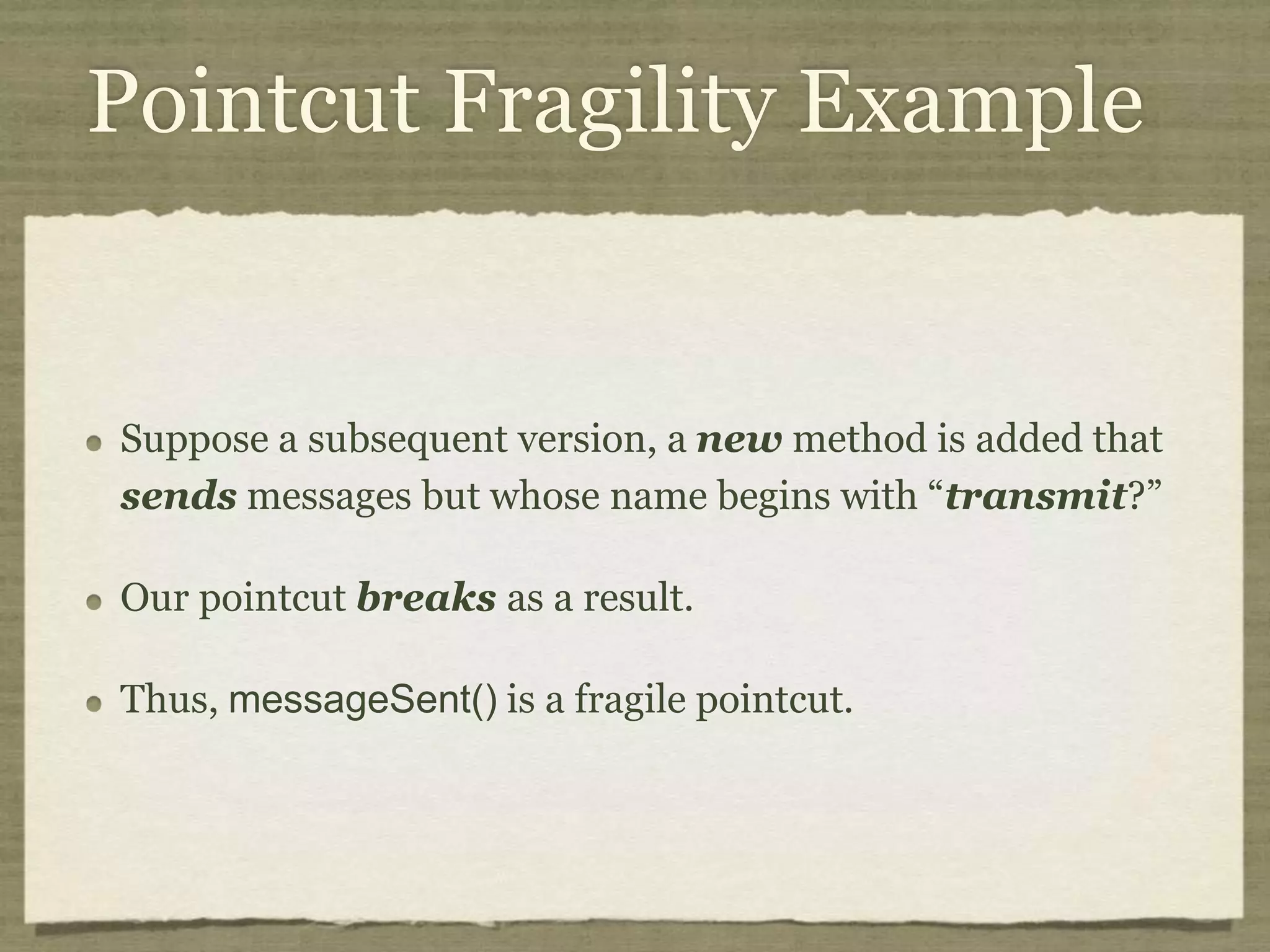 Aspect-Oriented Programming private long lastAccessed = creationTime; private int inactiveInterval = -1; void accessed() { // set last accessed to thisAccessTime as it will be left over // from the previous access lastAccessed = thisAccessTime; thisAccessTime = System.currentTimeMillis(); validate(); } void validate() { // if we have an inactive interval, check to see if we've exceeded it if (inactiveInterval != -1) { int thisInterval = (int)(System.currentTimeMillis() - lastAccessed) / 1000; if (thisInterval > inactiveInterval) { invalidate(); } } } public long getLastAccessedTime() { if (valid) { return lastAccessed; } else { String msg = sm.getString("applicationSession.session.ise"); throw new IllegalStateException(msg); } } public long getLastAccessedTime() { return lastAccessed; } private long lastAccessed = creationTime; void accessed() { // set last accessed to thisAccessTime as it will be left over // from the previous access lastAccessed = thisAccessTime; thisAccessTime = System.currentTimeMillis(); } if (inactiveInterval != -1) { int thisInterval = (int)(System.currentTimeMillis() - lastAccessed) / 1000; if (thisInterval > inactiveInterval) { invalidate(); ServerSessionManager ssm = ServerSessionManager.getManager(); ssm.removeSession(this); } } } private long lastAccessedTime = creationTime; /** * Return the last time the client sent a request associated with this * session, as the number of milliseconds since midnight, January 1, 1970 * GMT. Actions that your application takes, such as getting or setting * a value associated with the session, do not affect the access time. */ public long getLastAccessedTime() { return (this.lastAccessedTime); } this.lastAccessedTime = time; /* * ==================================================================== * * The Apache Software License, Version 1.1 * * Copyright (c) 1999 The Apache Software Foundation. All rights * reserved. * * Redistribution and use in source and binary forms, with or without * modification, are permitted provided that the following conditions * are met: * * 1. Redistributions of source code must retain the above copyright * notice, this list of conditions and the following disclaimer. * * 2. Redistributions in binary form must reproduce the above copyright * notice, this list of conditions and the following disclaimer in * the documentation and/or other materials provided with the * distribution. * * 3. The end-user documentation included with the redistribution, if * any, must include the following acknowlegement: * "This product includes software developed by the * Apache Software Foundation (http://www.apache.org/)." * Alternately, this acknowlegement may appear in the software itself, * if and wherever such third-party acknowlegements normally appear. * * 4. The names "The Jakarta Project", "Tomcat", and "Apache Software * Foundation" must not be used to endorse or promote products derived * from this software without prior written permission. For written * permission, please contact apache@apache.org. * * 5. Products derived from this software may not be called "Apache" * nor may "Apache" appear in their names without prior written * permission of the Apache Group. * * THIS SOFTWARE IS PROVIDED ``AS IS'' AND ANY EXPRESSED OR IMPLIED * WARRANTIES, INCLUDING, BUT NOT LIMITED TO, THE IMPLIED WARRANTIES * OF MERCHANTABILITY AND FITNESS FOR A PARTICULAR PURPOSE ARE * DISCLAIMED. IN NO EVENT SHALL THE APACHE SOFTWARE FOUNDATION OR * ITS CONTRIBUTORS BE LIABLE FOR ANY DIRECT, INDIRECT, INCIDENTAL, * SPECIAL, EXEMPLARY, OR CONSEQUENTIAL DAMAGES (INCLUDING, BUT NOT * LIMITED TO, PROCUREMENT OF SUBSTITUTE GOODS OR SERVICES; LOSS OF * USE, DATA, OR PROFITS; OR BUSINESS INTERRUPTION) HOWEVER CAUSED AND * ON ANY THEORY OF LIABILITY, WHETHER IN CONTRACT, STRICT LIABILITY, * OR TORT (INCLUDING NEGLIGENCE OR OTHERWISE) ARISING IN ANY WAY OUT * OF THE USE OF THIS SOFTWARE, EVEN IF ADVISED OF THE POSSIBILITY OF * SUCH DAMAGE. * ==================================================================== * * This software consists of voluntary contributions made by many * individuals on behalf of the Apache Software Foundation. For more * information on the Apache Software Foundation, please see * <http://www.apache.org/>. * * [Additional notices, if required by prior licensing conditions] * */ package org.apache.tomcat.session; import org.apache.tomcat.core.*; import org.apache.tomcat.util.StringManager; import java.io.*; import java.net.*; import java.util.*; import javax.servlet.*; import javax.servlet.http.*; /** * Core implementation of an application level session * * @author James Duncan Davidson [duncan@eng.sun.com] * @author Jason Hunter [jch@eng.sun.com] * @author James Todd [gonzo@eng.sun.com] */ public class ApplicationSession implements HttpSession { private StringManager sm = StringManager.getManager("org.apache.tomcat.session"); private Hashtable values = new Hashtable(); private String id; private ServerSession serverSession; private Context context; private long creationTime = System.currentTimeMillis();; private long thisAccessTime = creationTime; private boolean valid = true; ApplicationSession(String id, ServerSession serverSession, Context context) { this.serverSession = serverSession; this.context = context; this.id = id; this.inactiveInterval = context.getSessionTimeOut(); if (this.inactiveInterval != -1) { this.inactiveInterval *= 60; } } ServerSession getServerSession() { return serverSession; } /** * Called by context when request comes in so that accesses and * inactivities can be dealt with accordingly. */ // HTTP SESSION IMPLEMENTATION METHODS public String getId() { if (valid) { return id; } else { String msg = sm.getString("applicationSession.session.ise"); throw new IllegalStateException(msg); } } public long getCreationTime() { if (valid) { return creationTime; } else { String msg = sm.getString("applicationSession.session.ise"); throw new IllegalStateException(msg); } } /** * * @deprecated */ public HttpSessionContext getSessionContext() { return new SessionContextImpl(); } public void invalidate() { serverSession.removeApplicationSession(context); // remove everything in the session Enumeration enum = values.keys(); while (enum.hasMoreElements()) { String name = (String)enum.nextElement(); removeValue(name); } valid = false; } public boolean isNew() { if (! valid) { String msg = sm.getString("applicationSession.session.ise"); throw new IllegalStateException(msg); } if (thisAccessTime == creationTime) { return true; } else { return false; } } /** * @deprecated */ public void putValue(String name, Object value) { setAttribute(name, value); } public void setAttribute(String name, Object value) { if (! valid) { String msg = sm.getString("applicationSession.session.ise"); throw new IllegalStateException(msg); } if (name == null) { String msg = sm.getString("applicationSession.value.iae"); throw new IllegalArgumentException(msg); } removeValue(name); // remove any existing binding if (value != null && value instanceof HttpSessionBindingListener) { HttpSessionBindingEvent e = new HttpSessionBindingEvent(this, name); ((HttpSessionBindingListener)value).valueBound(e); } values.put(name, value); } /** * @deprecated */ public Object getValue(String name) { return getAttribute(name); } public Object getAttribute(String name) { if (! valid) { String msg = sm.getString("applicationSession.session.ise"); throw new IllegalStateException(msg); } if (name == null) { String msg = sm.getString("applicationSession.value.iae"); throw new IllegalArgumentException(msg); } return values.get(name); } /** * @deprecated */ public String[] getValueNames() { Enumeration e = getAttributeNames(); Vector names = new Vector(); while (e.hasMoreElements()) { names.addElement(e.nextElement()); } String[] valueNames = new String[names.size()]; names.copyInto(valueNames); return valueNames; } public Enumeration getAttributeNames() { if (! valid) { String msg = sm.getString("applicationSession.session.ise"); throw new IllegalStateException(msg); } Hashtable valuesClone = (Hashtable)values.clone(); return (Enumeration)valuesClone.keys(); } /** * @deprecated */ public void removeValue(String name) { removeAttribute(name); } public void removeAttribute(String name) { if (! valid) { String msg = sm.getString("applicationSession.session.ise"); throw new IllegalStateException(msg); } if (name == null) { String msg = sm.getString("applicationSession.value.iae"); throw new IllegalArgumentException(msg); } Object o = values.get(name); if (o instanceof HttpSessionBindingListener) { HttpSessionBindingEvent e = new HttpSessionBindingEvent(this,name); ((HttpSessionBindingListener)o).valueUnbound(e); } values.remove(name); } public void setMaxInactiveInterval(int interval) { if (! valid) { String msg = sm.getString("applicationSession.session.ise"); throw new IllegalStateException(msg); } inactiveInterval = interval; } public int getMaxInactiveInterval() { if (! valid) { String msg = sm.getString("applicationSession.session.ise"); throw new IllegalStateException(msg); } return inactiveInterval; } } //----------------------------------------------------------------------- package org.apache.tomcat.session; import org.apache.tomcat.core.*; import org.apache.tomcat.util.StringManager; import java.io.*; import java.net.*; import java.util.*; import javax.servlet.*; import javax.servlet.http.*; /** * Core implementation of a server session * * @author James Duncan Davidson [duncan@eng.sun.com] * @author James Todd [gonzo@eng.sun.com] */ public class ServerSession { private StringManager sm = StringManager.getManager("org.apache.tomcat.session"); private Hashtable values = new Hashtable(); private Hashtable appSessions = new Hashtable(); private String id; private long creationTime = System.currentTimeMillis();; private long thisAccessTime = creationTime; private long lastAccessed = creationTime; private int inactiveInterval = -1; ServerSession(String id) { this.id = id; } public String getId() { return id; } public long getCreationTime() { return creationTime; } public long getLastAccessedTime() { return lastAccessed; } public ApplicationSession getApplicationSession(Context context, boolean create) { ApplicationSession appSession = (ApplicationSession)appSessions.get(context); if (appSession == null && create) { // XXX // sync to ensure valid? appSession = new ApplicationSession(id, this, context); appSessions.put(context, appSession); } // XXX // make sure that we haven't gone over the end of our // inactive interval -- if so, invalidate and create // a new appSession return appSession; } void removeApplicationSession(Context context) { appSessions.remove(context); } /** * Called by context when request comes in so that accesses and * inactivities can be dealt with accordingly. */ void validate() ynchronized void invalidate() { Enumeration enum = appSessions.keys(); while (enum.hasMoreElements()) { Object key = enum.nextElement(); ApplicationSession appSession = (ApplicationSession)appSessions.get(key); appSession.invalidate(); } } public void putValue(String name, Object value) { if (name == null) { String msg = sm.getString("serverSession.value.iae"); throw new IllegalArgumentException(msg); } removeValue(name); // remove any existing binding values.put(name, value); } public Object getValue(String name) { if (name == null) { String msg = sm.getString("serverSession.value.iae"); throw new IllegalArgumentException(msg); } return values.get(name); } public Enumeration getValueNames() { return values.keys(); } public void removeValue(String name) { values.remove(name); } public void setMaxInactiveInterval(int interval) { inactiveInterval = interval; } public int getMaxInactiveInterval() { return inactiveInterval; } // XXX // sync'd for safty -- no other thread should be getting something // from this while we are reaping. This isn't the most optimal // solution for this, but we'll determine something else later. synchronized void reap() { Enumeration enum = appSessions.keys(); while (enum.hasMoreElements()) { Object key = enum.nextElement(); ApplicationSession appSession = (ApplicationSession)appSessions.get(key); appSession.validate(); } } } ; /** * Standard implementation of the <b>Session</b> interface. This object is * serializable, so that it can be stored in persistent storage or transferred * to a different JVM for distributable session support. * <p> * <b>IMPLEMENTATION NOTE</b>: An instance of this class represents both the * internal (Session) and application level (HttpSession) view of the session. * However, because the class itself is not declared public, Java logic outside * of the <code>org.apache.tomcat.session</code> package cannot cast an * HttpSession view of this instance back to a Session view. * * @author Craig R. McClanahan * @version $Revision: 1.2 $ $Date: 2000/05/15 17:54:10 $ */ final class StandardSession implements HttpSession, Session { // ----------------------------------------------------------- Constructors /** * Construct a new Session associated with the specified Manager. * * @param manager The manager with which this Session is associated */ public StandardSession(Manager manager) { super(); this.manager = manager; } /** * The last accessed time for this Session. */ private long lastAccessedTime = creationTime; /** * The Manager with which this Session is associated. */ private Manager manager = null; /** * The maximum time interval, in seconds, between client requests before * the servlet container may invalidate this session. A negative time * indicates that the session should never time out. */ private int maxInactiveInterval = -1; /** * Flag indicating whether this session is new or not. */ private boolean isNew = true; /** * Flag indicating whether this session is valid or not. */ private boolean isValid = false; /** * The string manager for this package. */ private StringManager sm = StringManager.getManager("org.apache.tomcat.session"); /** * The HTTP session context associated with this session. */ private static HttpSessionContext sessionContext = null; /** * The current accessed time for this session. */ private long thisAccessedTime = creationTime; // ----------------------------------------------------- Session Properties /** * Set the creation time for this session. This method is called by the * Manager when an existing Session instance is reused. * * @param time The new creation time */ public void setCreationTime(long time) { this.creationTime = time; this.lastAccessedTime = time; this.thisAccessedTime = time; } /** * Return the session identifier for this session. */ public String getId() { return (this.id); } /** * Set the session identifier for this session. * * @param id The new session identifier */ public void setId(String id) { if ((this.id != null) && (manager != null) && (manager instanceof ManagerBase)) ((ManagerBase) manager).remove(this); this.id = id; if ((manager != null) && (manager instanceof ManagerBase)) ((ManagerBase) manager).add(this); } /** * Return descriptive information about this Session implementation and * the corresponding version number, in the format * <code>&lt;description&gt;/&lt;version&gt;</code>. */ public String getInfo() { return (this.info); } /** * Return the Manager within which this Session is valid. */ public Manager getManager() { return (this.manager); } /** * Set the Manager within which this Session is valid. * * @param manager The new Manager */ public void setManager(Manager manager) { this.manager = manager; } /** * Return the maximum time interval, in seconds, between client requests * before the servlet container will invalidate the session. A negative * time indicates that the session should never time out. * * @exception IllegalStateException if this method is called on * an invalidated session */ public int getMaxInactiveInterval() { return (this.maxInactiveInterval); /** * Perform the internal processing required to invalidate this session, * without triggering an exception if the session has already expired. */ public void expire() { // Remove this session from our manager's active sessions if ((manager != null) && (manager instanceof ManagerBase)) ((ManagerBase) manager).remove(this); // Unbind any objects associated with this session Vector results = new Vector(); Enumeration attrs = getAttributeNames(); while (attrs.hasMoreElements()) { String attr = (String) attrs.nextElement(); results.addElement(attr); } Enumeration names = results.elements(); while (names.hasMoreElements()) { String name = (String) names.nextElement(); removeAttribute(name); } // Mark this session as invalid setValid(false); } /** } /** * Set the <code>isNew</code> flag for this session. * * @param isNew The new value for the <code>isNew</code> flag */ void setNew(boolean isNew) { this.isNew = isNew; } /** * Set the <code>isValid</code> flag for this session. * * @param isValid The new value for the <code>isValid</code> flag */ void setValid(boolean isValid) { this.isValid = isValid; } // ------------------------------------------------- HttpSession Properties /** * Return the time when this session was created, in milliseconds since * midnight, January 1, 1970 GMT. * * @exception IllegalStateException if this method is called on an * invalidated session */ public long getCreationTime() { return (this.creationTime); } /** * Return the session context with which this session is associated. * * @deprecated As of Version 2.1, this method is deprecated and has no * replacement. It will be removed in a future version of the * Java Servlet API. */ public HttpSessionContext getSessionContext() { if (sessionContext == null) sessionContext = new StandardSessionContext(); return (sessionContext); } // ----------------------------------------------HttpSession Public Methods /** * Return the object bound with the specified name in this session, or * <code>null</code> if no object is bound with that name. * * @param name Name of the attribute to be returned * * @exception IllegalStateException if this method is called on an * invalidated session */ public Object getAttribute(String name) { return (attributes.get(name)); } /** * Return an <code>Enumeration</code> of <code>String</code> objects * containing the names of the objects bound to this session. * * @exception IllegalStateException if this method is called on an * invalidated session */ public Enumeration getAttributeNames() { return (attributes.keys()); } /** * Return the object bound with the specified name in this session, or * <code>null</code> if no object is bound with that name. * * @param name Name of the value to be returned * * @exception IllegalStateException if this method is called on an * invalidated session * * @deprecated As of Version 2.2, this method is replaced by * <code>getAttribute()</code> */ public Object getValue(String name) { return (getAttribute(name)); } /** * Return the set of names of objects bound to this session. If there * are no such objects, a zero-length array is returned. * * @exception IllegalStateException if this method is called on an * invalidated session * * @deprecated As of Version 2.2, this method is replaced by * <code>getAttributeNames()</code> */ public String[] getValueNames() { Vector results = new Vector(); Enumeration attrs = getAttributeNames(); while (attrs.hasMoreElements()) { String attr = (String) attrs.nextElement(); results.addElement(attr); } String names[] = new String[results.size()]; for (int i = 0; i < names.length; i++) names[i] = (String) results.elementAt(i); return (names); } /** * Invalidates this session and unbinds any objects bound to it. * * @exception IllegalStateException if this method is called on * an invalidated session */ public void invalidate() { // Cause this session to expire expire(); } /** * Return <code>true</code> if the client does not yet know about the * session, or if the client chooses not to join the session. For * example, if the server used only cookie-based sessions, and the client * has disabled the use of cookies, then a session would be new on each * request. * * @exception IllegalStateException if this method is called on an * invalidated session */ public boolean isNew() { return (this.isNew); } * Remove the object bound with the specified name from this session. If * the session does not have an object bound with this name, this method * does nothing. * <p> * After this method executes, and if the object implements * <code>HttpSessionBindingListener</code>, the container calls * <code>valueUnbound()</code> on the object. * * @param name Name of the object to remove from this session. * * @exception IllegalStateException if this method is called on an * invalidated session */ public void removeAttribute(String name) { synchronized (attributes) { Object object = attributes.get(name); if (object == null) return; attributes.remove(name); // System.out.println( "Removing attribute " + name ); if (object instanceof HttpSessionBindingListener) { ((HttpSessionBindingListener) object).valueUnbound (new HttpSessionBindingEvent((HttpSession) this, name)); } } } * Bind an object to this session, using the specified name. If an object * of the same name is already bound to this session, the object is * replaced. * <p> * After this method executes, and if the object implements * <code>HttpSessionBindingListener</code>, the container calls * <code>valueBound()</code> on the object. * * @param name Name to which the object is bound, cannot be null * @param value Object to be bound, cannot be null * * @exception IllegalArgumentException if an attempt is made to add a * non-serializable object in an environment marked distributable. * @exception IllegalStateException if this method is called on an * invalidated session */ public void setAttribute(String name, Object value) { if ((manager != null) && manager.getDistributable() && !(value instanceof Serializable)) throw new IllegalArgumentException (sm.getString("standardSession.setAttribute.iae")); synchronized (attributes) { removeAttribute(name); attributes.put(name, value); if (value instanceof HttpSessionBindingListener) ((HttpSessionBindingListener) value).valueBound (new HttpSessionBindingEvent((HttpSession) this, name)); } } // -------------------------------------------- HttpSession Private Methods /** * Read a serialized version of this session object from the specified * object input stream. * <p> * <b>IMPLEMENTATION NOTE</b>: The reference to the owning Manager * is not restored by this method, and must be set explicitly. * * @param stream The input stream to read from * * @exception ClassNotFoundException if an unknown class is specified * @exception IOException if an input/output error occurs */ private void readObject(ObjectInputStream stream) throws ClassNotFoundException, IOException { // Deserialize the scalar instance variables (except Manager) creationTime = ((Long) stream.readObject()). isValid = ((Boolean) stream.readObject()).booleanValue(); // Deserialize the attribute count and attribute values int n = ((Integer) stream.readObject()).intValue(); for (int i = 0; i < n; i++) { String name = (String) stream.readObject(); Object value = (Object) stream.readObject(); attributes.put(name, value); } } /** * Write a serialized version of this session object to the specified * object output stream. * <p> * <b>IMPLEMENTATION NOTE</b>: The owning Manager will not be stored * in the serialized representation of this Session. After calling * <code>readObject()</code>, you must set the associated Manager * explicitly. * <p> * <b>IMPLEMENTATION NOTE</b>: Any attribute that is not Serializable * will be silently ignored. If you do not want any such attributes, * be sure the <code>distributable</code> property of our associated * Manager is set to <code>true</code>. * * @param stream The output stream to write to * * @exception IOException if an input/output error occurs */ private void writeObject(ObjectOutputStream stream) throws IOException { // Write the scalar instance variables (except Manager) stream.writeObject(new Long(creationTime)); stream.writeObject(id); stream.writeObject(new Long(lastAccessedTime)); stream.writeObject(new Integer(maxInactiveInterval)); stream.writeObject(new Boolean(isNew)); stream.writeObject(new Boolean(isValid)); // Accumulate the names of serializable attributes Vector results = new Vector(); Enumeration attrs = getAttributeNames(); while (attrs.hasMoreElements()) { String attr = (String) attrs.nextElement(); Object value = attributes.get(attr); if (value instanceof Serializable) results.addElement(attr); } // Serialize the attribute count and the attribute values stream.writeObject(new Integer(results.size())); Enumeration names = results.elements(); while (names.hasMoreElements()) { String name = (String) names.nextElement(); stream.writeObject(name); stream.writeObject(attributes.get(name)); } } crosscut invalidate(StandardSession s): s & (int getMaxInactiveInterval() | long getCreationTime() | Object getAttribute(String) | Enumeration getAttributeNames() | String[] getValueNames() | void invalidate() | boolean isNew() | void removeAttribute(String) | void setAttribute(String, Object)); static advice(StandardSession s): invalidate(s) { before { if (!s.isValid()) throw new IllegalStateException (s.sm.getString("standardSession." + thisJoinPoint.methodName + ".ise")); } } } // -------------------------------------------------------------- Private Class /** * This class is a dummy implementation of the <code>HttpSessionContext</code> * interface, to conform to the requirement that such an object be returned * when <code>HttpSession.getSessionContext()</code> is called. * * @author Craig R. McClanahan * * @deprecated As of Java Servlet API 2.1 with no replacement. The * interface will be removed in a future version of this API. */ final class StandardSessionContext implements HttpSessionContext { private Vector dummy = new Vector(); /** * Return the session identifiers of all sessions defined * within this context. * * @deprecated As of Java Servlet API 2.1 with no replacement. * This method must return an empty <code>Enumeration</code> * and will be removed in a future version of the API. */ public Enumeration getIds() { return (dummy.elements()); } /** * Return the <code>HttpSession</code> associated with the * specified session identifier. * * @param id Session identifier for which to look up a session * * @deprecated As of Java Servlet API 2.1 with no replacement. * This method must return null and will be removed in a * future version of the API. */ public HttpSession getSession(String id) { return (null); } } 