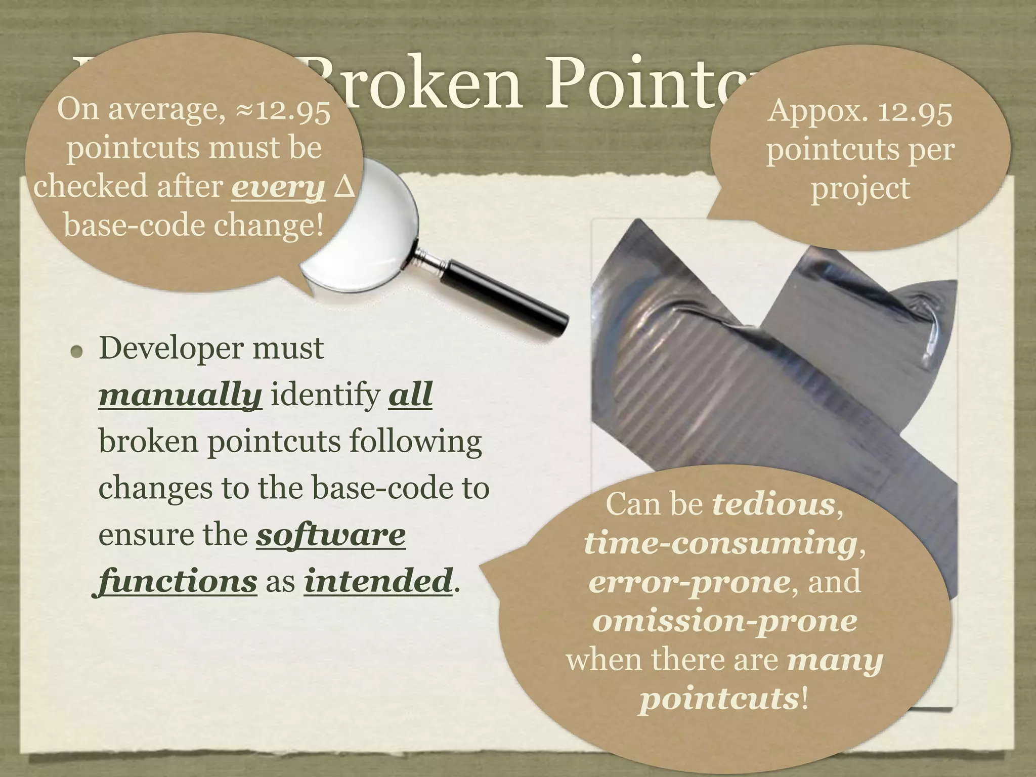 Aspect-Oriented Programming Aspect-Oriented Programming enables localized implementations of CCCs. private long lastAccessed = creationTime; private int inactiveInterval = -1; void accessed() { // set last accessed to thisAccessTime as it will be left over // from the previous access lastAccessed = thisAccessTime; thisAccessTime = System.currentTimeMillis(); validate(); } void validate() { // if we have an inactive interval, check to see if we've exceeded it if (inactiveInterval != -1) { int thisInterval = (int)(System.currentTimeMillis() - lastAccessed) / 1000; if (thisInterval > inactiveInterval) { invalidate(); } } } public long getLastAccessedTime() { if (valid) { return lastAccessed; } else { String msg = sm.getString("applicationSession.session.ise"); throw new IllegalStateException(msg); } } public long getLastAccessedTime() { return lastAccessed; } private long lastAccessed = creationTime; void accessed() { // set last accessed to thisAccessTime as it will be left over // from the previous access lastAccessed = thisAccessTime; thisAccessTime = System.currentTimeMillis(); } if (inactiveInterval != -1) { int thisInterval = (int)(System.currentTimeMillis() - lastAccessed) / 1000; if (thisInterval > inactiveInterval) { invalidate(); ServerSessionManager ssm = ServerSessionManager.getManager(); ssm.removeSession(this); } } } private long lastAccessedTime = creationTime; /** * Return the last time the client sent a request associated with this * session, as the number of milliseconds since midnight, January 1, 1970 * GMT. Actions that your application takes, such as getting or setting * a value associated with the session, do not affect the access time. */ public long getLastAccessedTime() { return (this.lastAccessedTime); } this.lastAccessedTime = time; /* * ==================================================================== * * The Apache Software License, Version 1.1 * * Copyright (c) 1999 The Apache Software Foundation. All rights * reserved. * * Redistribution and use in source and binary forms, with or without * modification, are permitted provided that the following conditions * are met: * * 1. Redistributions of source code must retain the above copyright * notice, this list of conditions and the following disclaimer. * * 2. Redistributions in binary form must reproduce the above copyright * notice, this list of conditions and the following disclaimer in * the documentation and/or other materials provided with the * distribution. * * 3. The end-user documentation included with the redistribution, if * any, must include the following acknowlegement: * "This product includes software developed by the * Apache Software Foundation (http://www.apache.org/)." * Alternately, this acknowlegement may appear in the software itself, * if and wherever such third-party acknowlegements normally appear. * * 4. The names "The Jakarta Project", "Tomcat", and "Apache Software * Foundation" must not be used to endorse or promote products derived * from this software without prior written permission. For written * permission, please contact apache@apache.org. * * 5. Products derived from this software may not be called "Apache" * nor may "Apache" appear in their names without prior written * permission of the Apache Group. * * THIS SOFTWARE IS PROVIDED ``AS IS'' AND ANY EXPRESSED OR IMPLIED * WARRANTIES, INCLUDING, BUT NOT LIMITED TO, THE IMPLIED WARRANTIES * OF MERCHANTABILITY AND FITNESS FOR A PARTICULAR PURPOSE ARE * DISCLAIMED. IN NO EVENT SHALL THE APACHE SOFTWARE FOUNDATION OR * ITS CONTRIBUTORS BE LIABLE FOR ANY DIRECT, INDIRECT, INCIDENTAL, * SPECIAL, EXEMPLARY, OR CONSEQUENTIAL DAMAGES (INCLUDING, BUT NOT * LIMITED TO, PROCUREMENT OF SUBSTITUTE GOODS OR SERVICES; LOSS OF * USE, DATA, OR PROFITS; OR BUSINESS INTERRUPTION) HOWEVER CAUSED AND * ON ANY THEORY OF LIABILITY, WHETHER IN CONTRACT, STRICT LIABILITY, * OR TORT (INCLUDING NEGLIGENCE OR OTHERWISE) ARISING IN ANY WAY OUT * OF THE USE OF THIS SOFTWARE, EVEN IF ADVISED OF THE POSSIBILITY OF * SUCH DAMAGE. * ==================================================================== * * This software consists of voluntary contributions made by many * individuals on behalf of the Apache Software Foundation. For more * information on the Apache Software Foundation, please see * <http://www.apache.org/>. * * [Additional notices, if required by prior licensing conditions] * */ package org.apache.tomcat.session; import org.apache.tomcat.core.*; import org.apache.tomcat.util.StringManager; import java.io.*; import java.net.*; import java.util.*; import javax.servlet.*; import javax.servlet.http.*; /** * Core implementation of an application level session * * @author James Duncan Davidson [duncan@eng.sun.com] * @author Jason Hunter [jch@eng.sun.com] * @author James Todd [gonzo@eng.sun.com] */ public class ApplicationSession implements HttpSession { private StringManager sm = StringManager.getManager("org.apache.tomcat.session"); private Hashtable values = new Hashtable(); private String id; private ServerSession serverSession; private Context context; private long creationTime = System.currentTimeMillis();; private long thisAccessTime = creationTime; private boolean valid = true; ApplicationSession(String id, ServerSession serverSession, Context context) { this.serverSession = serverSession; this.context = context; this.id = id; this.inactiveInterval = context.getSessionTimeOut(); if (this.inactiveInterval != -1) { this.inactiveInterval *= 60; } } ServerSession getServerSession() { return serverSession; } /** * Called by context when request comes in so that accesses and * inactivities can be dealt with accordingly. */ // HTTP SESSION IMPLEMENTATION METHODS public String getId() { if (valid) { return id; } else { String msg = sm.getString("applicationSession.session.ise"); throw new IllegalStateException(msg); } } public long getCreationTime() { if (valid) { return creationTime; } else { String msg = sm.getString("applicationSession.session.ise"); throw new IllegalStateException(msg); } } /** * * @deprecated */ public HttpSessionContext getSessionContext() { return new SessionContextImpl(); } public void invalidate() { serverSession.removeApplicationSession(context); // remove everything in the session Enumeration enum = values.keys(); while (enum.hasMoreElements()) { String name = (String)enum.nextElement(); removeValue(name); } valid = false; } public boolean isNew() { if (! valid) { String msg = sm.getString("applicationSession.session.ise"); throw new IllegalStateException(msg); } if (thisAccessTime == creationTime) { return true; } else { return false; } } /** * @deprecated */ public void putValue(String name, Object value) { setAttribute(name, value); } public void setAttribute(String name, Object value) { if (! valid) { String msg = sm.getString("applicationSession.session.ise"); throw new IllegalStateException(msg); } if (name == null) { String msg = sm.getString("applicationSession.value.iae"); throw new IllegalArgumentException(msg); } removeValue(name); // remove any existing binding if (value != null && value instanceof HttpSessionBindingListener) { HttpSessionBindingEvent e = new HttpSessionBindingEvent(this, name); ((HttpSessionBindingListener)value).valueBound(e); } values.put(name, value); } /** * @deprecated */ public Object getValue(String name) { return getAttribute(name); } public Object getAttribute(String name) { if (! valid) { String msg = sm.getString("applicationSession.session.ise"); throw new IllegalStateException(msg); } if (name == null) { String msg = sm.getString("applicationSession.value.iae"); throw new IllegalArgumentException(msg); } return values.get(name); } /** * @deprecated */ public String[] getValueNames() { Enumeration e = getAttributeNames(); Vector names = new Vector(); while (e.hasMoreElements()) { names.addElement(e.nextElement()); } String[] valueNames = new String[names.size()]; names.copyInto(valueNames); return valueNames; } public Enumeration getAttributeNames() { if (! valid) { String msg = sm.getString("applicationSession.session.ise"); throw new IllegalStateException(msg); } Hashtable valuesClone = (Hashtable)values.clone(); return (Enumeration)valuesClone.keys(); } /** * @deprecated */ public void removeValue(String name) { removeAttribute(name); } public void removeAttribute(String name) { if (! valid) { String msg = sm.getString("applicationSession.session.ise"); throw new IllegalStateException(msg); } if (name == null) { String msg = sm.getString("applicationSession.value.iae"); throw new IllegalArgumentException(msg); } Object o = values.get(name); if (o instanceof HttpSessionBindingListener) { HttpSessionBindingEvent e = new HttpSessionBindingEvent(this,name); ((HttpSessionBindingListener)o).valueUnbound(e); } values.remove(name); } public void setMaxInactiveInterval(int interval) { if (! valid) { String msg = sm.getString("applicationSession.session.ise"); throw new IllegalStateException(msg); } inactiveInterval = interval; } public int getMaxInactiveInterval() { if (! valid) { String msg = sm.getString("applicationSession.session.ise"); throw new IllegalStateException(msg); } return inactiveInterval; } } //----------------------------------------------------------------------- package org.apache.tomcat.session; import org.apache.tomcat.core.*; import org.apache.tomcat.util.StringManager; import java.io.*; import java.net.*; import java.util.*; import javax.servlet.*; import javax.servlet.http.*; /** * Core implementation of a server session * * @author James Duncan Davidson [duncan@eng.sun.com] * @author James Todd [gonzo@eng.sun.com] */ public class ServerSession { private StringManager sm = StringManager.getManager("org.apache.tomcat.session"); private Hashtable values = new Hashtable(); private Hashtable appSessions = new Hashtable(); private String id; private long creationTime = System.currentTimeMillis();; private long thisAccessTime = creationTime; private long lastAccessed = creationTime; private int inactiveInterval = -1; ServerSession(String id) { this.id = id; } public String getId() { return id; } public long getCreationTime() { return creationTime; } public long getLastAccessedTime() { return lastAccessed; } public ApplicationSession getApplicationSession(Context context, boolean create) { ApplicationSession appSession = (ApplicationSession)appSessions.get(context); if (appSession == null && create) { // XXX // sync to ensure valid? appSession = new ApplicationSession(id, this, context); appSessions.put(context, appSession); } // XXX // make sure that we haven't gone over the end of our // inactive interval -- if so, invalidate and create // a new appSession return appSession; } void removeApplicationSession(Context context) { appSessions.remove(context); } /** * Called by context when request comes in so that accesses and * inactivities can be dealt with accordingly. */ void validate() ynchronized void invalidate() { Enumeration enum = appSessions.keys(); while (enum.hasMoreElements()) { Object key = enum.nextElement(); ApplicationSession appSession = (ApplicationSession)appSessions.get(key); appSession.invalidate(); } } public void putValue(String name, Object value) { if (name == null) { String msg = sm.getString("serverSession.value.iae"); throw new IllegalArgumentException(msg); } removeValue(name); // remove any existing binding values.put(name, value); } public Object getValue(String name) { if (name == null) { String msg = sm.getString("serverSession.value.iae"); throw new IllegalArgumentException(msg); } return values.get(name); } public Enumeration getValueNames() { return values.keys(); } public void removeValue(String name) { values.remove(name); } public void setMaxInactiveInterval(int interval) { inactiveInterval = interval; } public int getMaxInactiveInterval() { return inactiveInterval; } // XXX // sync'd for safty -- no other thread should be getting something // from this while we are reaping. This isn't the most optimal // solution for this, but we'll determine something else later. synchronized void reap() { Enumeration enum = appSessions.keys(); while (enum.hasMoreElements()) { Object key = enum.nextElement(); ApplicationSession appSession = (ApplicationSession)appSessions.get(key); appSession.validate(); } } } ; /** * Standard implementation of the <b>Session</b> interface. This object is * serializable, so that it can be stored in persistent storage or transferred * to a different JVM for distributable session support. * <p> * <b>IMPLEMENTATION NOTE</b>: An instance of this class represents both the * internal (Session) and application level (HttpSession) view of the session. * However, because the class itself is not declared public, Java logic outside * of the <code>org.apache.tomcat.session</code> package cannot cast an * HttpSession view of this instance back to a Session view. * * @author Craig R. McClanahan * @version $Revision: 1.2 $ $Date: 2000/05/15 17:54:10 $ */ final class StandardSession implements HttpSession, Session { // ----------------------------------------------------------- Constructors /** * Construct a new Session associated with the specified Manager. * * @param manager The manager with which this Session is associated */ public StandardSession(Manager manager) { super(); this.manager = manager; } /** * The last accessed time for this Session. */ private long lastAccessedTime = creationTime; /** * The Manager with which this Session is associated. */ private Manager manager = null; /** * The maximum time interval, in seconds, between client requests before * the servlet container may invalidate this session. A negative time * indicates that the session should never time out. */ private int maxInactiveInterval = -1; /** * Flag indicating whether this session is new or not. */ private boolean isNew = true; /** * Flag indicating whether this session is valid or not. */ private boolean isValid = false; /** * The string manager for this package. */ private StringManager sm = StringManager.getManager("org.apache.tomcat.session"); /** * The HTTP session context associated with this session. */ private static HttpSessionContext sessionContext = null; /** * The current accessed time for this session. */ private long thisAccessedTime = creationTime; // ----------------------------------------------------- Session Properties /** * Set the creation time for this session. This method is called by the * Manager when an existing Session instance is reused. * * @param time The new creation time */ public void setCreationTime(long time) { this.creationTime = time; this.lastAccessedTime = time; this.thisAccessedTime = time; } /** * Return the session identifier for this session. */ public String getId() { return (this.id); } /** * Set the session identifier for this session. * * @param id The new session identifier */ public void setId(String id) { if ((this.id != null) && (manager != null) && (manager instanceof ManagerBase)) ((ManagerBase) manager).remove(this); this.id = id; if ((manager != null) && (manager instanceof ManagerBase)) ((ManagerBase) manager).add(this); } /** * Return descriptive information about this Session implementation and * the corresponding version number, in the format * <code>&lt;description&gt;/&lt;version&gt;</code>. */ public String getInfo() { return (this.info); } /** * Return the Manager within which this Session is valid. */ public Manager getManager() { return (this.manager); } /** * Set the Manager within which this Session is valid. * * @param manager The new Manager */ public void setManager(Manager manager) { this.manager = manager; } /** * Return the maximum time interval, in seconds, between client requests * before the servlet container will invalidate the session. A negative * time indicates that the session should never time out. * * @exception IllegalStateException if this method is called on * an invalidated session */ public int getMaxInactiveInterval() { return (this.maxInactiveInterval); /** * Perform the internal processing required to invalidate this session, * without triggering an exception if the session has already expired. */ public void expire() { // Remove this session from our manager's active sessions if ((manager != null) && (manager instanceof ManagerBase)) ((ManagerBase) manager).remove(this); // Unbind any objects associated with this session Vector results = new Vector(); Enumeration attrs = getAttributeNames(); while (attrs.hasMoreElements()) { String attr = (String) attrs.nextElement(); results.addElement(attr); } Enumeration names = results.elements(); while (names.hasMoreElements()) { String name = (String) names.nextElement(); removeAttribute(name); } // Mark this session as invalid setValid(false); } /** } /** * Set the <code>isNew</code> flag for this session. * * @param isNew The new value for the <code>isNew</code> flag */ void setNew(boolean isNew) { this.isNew = isNew; } /** * Set the <code>isValid</code> flag for this session. * * @param isValid The new value for the <code>isValid</code> flag */ void setValid(boolean isValid) { this.isValid = isValid; } // ------------------------------------------------- HttpSession Properties /** * Return the time when this session was created, in milliseconds since * midnight, January 1, 1970 GMT. * * @exception IllegalStateException if this method is called on an * invalidated session */ public long getCreationTime() { return (this.creationTime); } /** * Return the session context with which this session is associated. * * @deprecated As of Version 2.1, this method is deprecated and has no * replacement. It will be removed in a future version of the * Java Servlet API. */ public HttpSessionContext getSessionContext() { if (sessionContext == null) sessionContext = new StandardSessionContext(); return (sessionContext); } // ----------------------------------------------HttpSession Public Methods /** * Return the object bound with the specified name in this session, or * <code>null</code> if no object is bound with that name. * * @param name Name of the attribute to be returned * * @exception IllegalStateException if this method is called on an * invalidated session */ public Object getAttribute(String name) { return (attributes.get(name)); } /** * Return an <code>Enumeration</code> of <code>String</code> objects * containing the names of the objects bound to this session. * * @exception IllegalStateException if this method is called on an * invalidated session */ public Enumeration getAttributeNames() { return (attributes.keys()); } /** * Return the object bound with the specified name in this session, or * <code>null</code> if no object is bound with that name. * * @param name Name of the value to be returned * * @exception IllegalStateException if this method is called on an * invalidated session * * @deprecated As of Version 2.2, this method is replaced by * <code>getAttribute()</code> */ public Object getValue(String name) { return (getAttribute(name)); } /** * Return the set of names of objects bound to this session. If there * are no such objects, a zero-length array is returned. * * @exception IllegalStateException if this method is called on an * invalidated session * * @deprecated As of Version 2.2, this method is replaced by * <code>getAttributeNames()</code> */ public String[] getValueNames() { Vector results = new Vector(); Enumeration attrs = getAttributeNames(); while (attrs.hasMoreElements()) { String attr = (String) attrs.nextElement(); results.addElement(attr); } String names[] = new String[results.size()]; for (int i = 0; i < names.length; i++) names[i] = (String) results.elementAt(i); return (names); } /** * Invalidates this session and unbinds any objects bound to it. * * @exception IllegalStateException if this method is called on * an invalidated session */ public void invalidate() { // Cause this session to expire expire(); } /** * Return <code>true</code> if the client does not yet know about the * session, or if the client chooses not to join the session. For * example, if the server used only cookie-based sessions, and the client * has disabled the use of cookies, then a session would be new on each * request. * * @exception IllegalStateException if this method is called on an * invalidated session */ public boolean isNew() { return (this.isNew); } * Remove the object bound with the specified name from this session. If * the session does not have an object bound with this name, this method * does nothing. * <p> * After this method executes, and if the object implements * <code>HttpSessionBindingListener</code>, the container calls * <code>valueUnbound()</code> on the object. * * @param name Name of the object to remove from this session. * * @exception IllegalStateException if this method is called on an * invalidated session */ public void removeAttribute(String name) { synchronized (attributes) { Object object = attributes.get(name); if (object == null) return; attributes.remove(name); // System.out.println( "Removing attribute " + name ); if (object instanceof HttpSessionBindingListener) { ((HttpSessionBindingListener) object).valueUnbound (new HttpSessionBindingEvent((HttpSession) this, name)); } } } * Bind an object to this session, using the specified name. If an object * of the same name is already bound to this session, the object is * replaced. * <p> * After this method executes, and if the object implements * <code>HttpSessionBindingListener</code>, the container calls * <code>valueBound()</code> on the object. * * @param name Name to which the object is bound, cannot be null * @param value Object to be bound, cannot be null * * @exception IllegalArgumentException if an attempt is made to add a * non-serializable object in an environment marked distributable. * @exception IllegalStateException if this method is called on an * invalidated session */ public void setAttribute(String name, Object value) { if ((manager != null) && manager.getDistributable() && !(value instanceof Serializable)) throw new IllegalArgumentException (sm.getString("standardSession.setAttribute.iae")); synchronized (attributes) { removeAttribute(name); attributes.put(name, value); if (value instanceof HttpSessionBindingListener) ((HttpSessionBindingListener) value).valueBound (new HttpSessionBindingEvent((HttpSession) this, name)); } } // -------------------------------------------- HttpSession Private Methods /** * Read a serialized version of this session object from the specified * object input stream. * <p> * <b>IMPLEMENTATION NOTE</b>: The reference to the owning Manager * is not restored by this method, and must be set explicitly. * * @param stream The input stream to read from * * @exception ClassNotFoundException if an unknown class is specified * @exception IOException if an input/output error occurs */ private void readObject(ObjectInputStream stream) throws ClassNotFoundException, IOException { // Deserialize the scalar instance variables (except Manager) creationTime = ((Long) stream.readObject()). isValid = ((Boolean) stream.readObject()).booleanValue(); // Deserialize the attribute count and attribute values int n = ((Integer) stream.readObject()).intValue(); for (int i = 0; i < n; i++) { String name = (String) stream.readObject(); Object value = (Object) stream.readObject(); attributes.put(name, value); } } /** * Write a serialized version of this session object to the specified * object output stream. * <p> * <b>IMPLEMENTATION NOTE</b>: The owning Manager will not be stored * in the serialized representation of this Session. After calling * <code>readObject()</code>, you must set the associated Manager * explicitly. * <p> * <b>IMPLEMENTATION NOTE</b>: Any attribute that is not Serializable * will be silently ignored. If you do not want any such attributes, * be sure the <code>distributable</code> property of our associated * Manager is set to <code>true</code>. * * @param stream The output stream to write to * * @exception IOException if an input/output error occurs */ private void writeObject(ObjectOutputStream stream) throws IOException { // Write the scalar instance variables (except Manager) stream.writeObject(new Long(creationTime)); stream.writeObject(id); stream.writeObject(new Long(lastAccessedTime)); stream.writeObject(new Integer(maxInactiveInterval)); stream.writeObject(new Boolean(isNew)); stream.writeObject(new Boolean(isValid)); // Accumulate the names of serializable attributes Vector results = new Vector(); Enumeration attrs = getAttributeNames(); while (attrs.hasMoreElements()) { String attr = (String) attrs.nextElement(); Object value = attributes.get(attr); if (value instanceof Serializable) results.addElement(attr); } // Serialize the attribute count and the attribute values stream.writeObject(new Integer(results.size())); Enumeration names = results.elements(); while (names.hasMoreElements()) { String name = (String) names.nextElement(); stream.writeObject(name); stream.writeObject(attributes.get(name)); } } crosscut invalidate(StandardSession s): s & (int getMaxInactiveInterval() | long getCreationTime() | Object getAttribute(String) | Enumeration getAttributeNames() | String[] getValueNames() | void invalidate() | boolean isNew() | void removeAttribute(String) | void setAttribute(String, Object)); static advice(StandardSession s): invalidate(s) { before { if (!s.isValid()) throw new IllegalStateException (s.sm.getString("standardSession." + thisJoinPoint.methodName + ".ise")); } } } // -------------------------------------------------------------- Private Class /** * This class is a dummy implementation of the <code>HttpSessionContext</code> * interface, to conform to the requirement that such an object be returned * when <code>HttpSession.getSessionContext()</code> is called. * * @author Craig R. McClanahan * * @deprecated As of Java Servlet API 2.1 with no replacement. The * interface will be removed in a future version of this API. */ final class StandardSessionContext implements HttpSessionContext { private Vector dummy = new Vector(); /** * Return the session identifiers of all sessions defined * within this context. * * @deprecated As of Java Servlet API 2.1 with no replacement. * This method must return an empty <code>Enumeration</code> * and will be removed in a future version of the API. */ public Enumeration getIds() { return (dummy.elements()); } /** * Return the <code>HttpSession</code> associated with the * specified session identifier. * * @param id Session identifier for which to look up a session * * @deprecated As of Java Servlet API 2.1 with no replacement. * This method must return null and will be removed in a * future version of the API. */ public HttpSession getSession(String id) { return (null); } } 