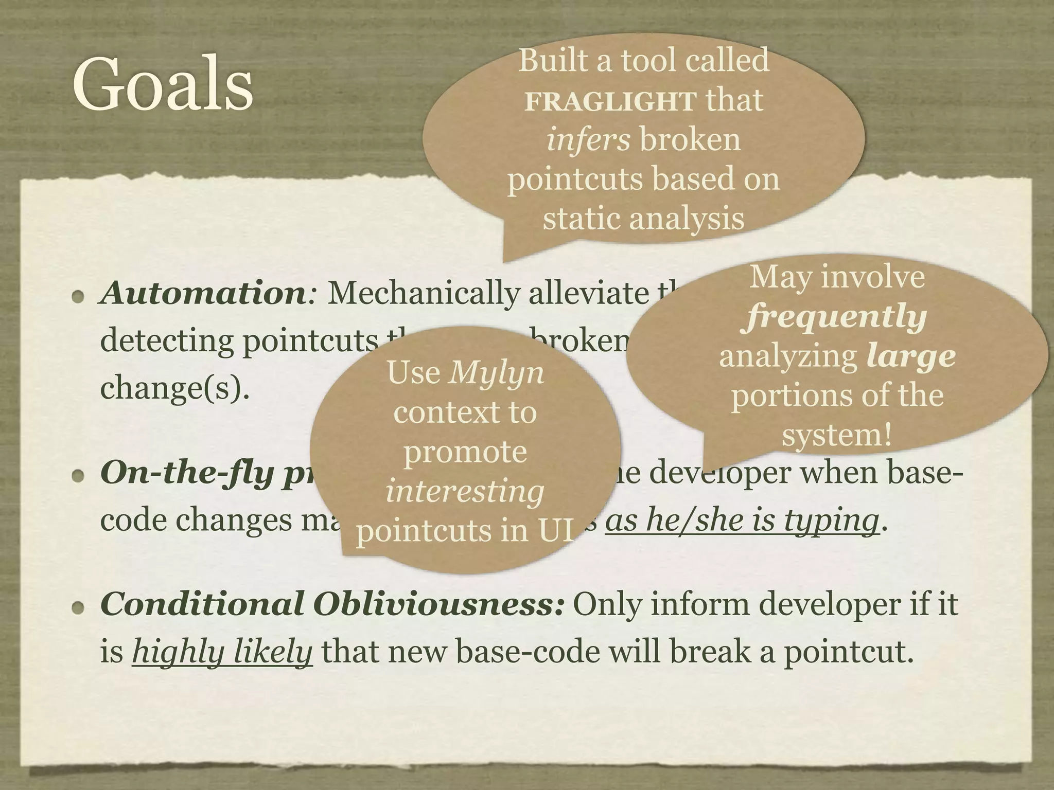 Aspect-Oriented Programming Aspect-Oriented Programming enables localized implementations of CCCs. private long lastAccessed = creationTime; private int inactiveInterval = -1; void accessed() { // set last accessed to thisAccessTime as it will be left over // from the previous access lastAccessed = thisAccessTime; thisAccessTime = System.currentTimeMillis(); validate(); } void validate() { // if we have an inactive interval, check to see if we've exceeded it if (inactiveInterval != -1) { int thisInterval = (int)(System.currentTimeMillis() - lastAccessed) / 1000; if (thisInterval > inactiveInterval) { invalidate(); } } } public long getLastAccessedTime() { if (valid) { return lastAccessed; } else { String msg = sm.getString("applicationSession.session.ise"); throw new IllegalStateException(msg); } } public long getLastAccessedTime() { return lastAccessed; } private long lastAccessed = creationTime; void accessed() { // set last accessed to thisAccessTime as it will be left over // from the previous access lastAccessed = thisAccessTime; thisAccessTime = System.currentTimeMillis(); } if (inactiveInterval != -1) { int thisInterval = (int)(System.currentTimeMillis() - lastAccessed) / 1000; if (thisInterval > inactiveInterval) { invalidate(); ServerSessionManager ssm = ServerSessionManager.getManager(); ssm.removeSession(this); } } } private long lastAccessedTime = creationTime; /** * Return the last time the client sent a request associated with this * session, as the number of milliseconds since midnight, January 1, 1970 * GMT. Actions that your application takes, such as getting or setting * a value associated with the session, do not affect the access time. */ public long getLastAccessedTime() { return (this.lastAccessedTime); } this.lastAccessedTime = time; /* * ==================================================================== * * The Apache Software License, Version 1.1 * * Copyright (c) 1999 The Apache Software Foundation. All rights * reserved. * * Redistribution and use in source and binary forms, with or without * modification, are permitted provided that the following conditions * are met: * * 1. Redistributions of source code must retain the above copyright * notice, this list of conditions and the following disclaimer. * * 2. Redistributions in binary form must reproduce the above copyright * notice, this list of conditions and the following disclaimer in * the documentation and/or other materials provided with the * distribution. * * 3. The end-user documentation included with the redistribution, if * any, must include the following acknowlegement: * "This product includes software developed by the * Apache Software Foundation (http://www.apache.org/)." * Alternately, this acknowlegement may appear in the software itself, * if and wherever such third-party acknowlegements normally appear. * * 4. The names "The Jakarta Project", "Tomcat", and "Apache Software * Foundation" must not be used to endorse or promote products derived * from this software without prior written permission. For written * permission, please contact apache@apache.org. * * 5. Products derived from this software may not be called "Apache" * nor may "Apache" appear in their names without prior written * permission of the Apache Group. * * THIS SOFTWARE IS PROVIDED ``AS IS'' AND ANY EXPRESSED OR IMPLIED * WARRANTIES, INCLUDING, BUT NOT LIMITED TO, THE IMPLIED WARRANTIES * OF MERCHANTABILITY AND FITNESS FOR A PARTICULAR PURPOSE ARE * DISCLAIMED. IN NO EVENT SHALL THE APACHE SOFTWARE FOUNDATION OR * ITS CONTRIBUTORS BE LIABLE FOR ANY DIRECT, INDIRECT, INCIDENTAL, * SPECIAL, EXEMPLARY, OR CONSEQUENTIAL DAMAGES (INCLUDING, BUT NOT * LIMITED TO, PROCUREMENT OF SUBSTITUTE GOODS OR SERVICES; LOSS OF * USE, DATA, OR PROFITS; OR BUSINESS INTERRUPTION) HOWEVER CAUSED AND * ON ANY THEORY OF LIABILITY, WHETHER IN CONTRACT, STRICT LIABILITY, * OR TORT (INCLUDING NEGLIGENCE OR OTHERWISE) ARISING IN ANY WAY OUT * OF THE USE OF THIS SOFTWARE, EVEN IF ADVISED OF THE POSSIBILITY OF * SUCH DAMAGE. * ==================================================================== * * This software consists of voluntary contributions made by many * individuals on behalf of the Apache Software Foundation. For more * information on the Apache Software Foundation, please see * <http://www.apache.org/>. * * [Additional notices, if required by prior licensing conditions] * */ package org.apache.tomcat.session; import org.apache.tomcat.core.*; import org.apache.tomcat.util.StringManager; import java.io.*; import java.net.*; import java.util.*; import javax.servlet.*; import javax.servlet.http.*; /** * Core implementation of an application level session * * @author James Duncan Davidson [duncan@eng.sun.com] * @author Jason Hunter [jch@eng.sun.com] * @author James Todd [gonzo@eng.sun.com] */ public class ApplicationSession implements HttpSession { private StringManager sm = StringManager.getManager("org.apache.tomcat.session"); private Hashtable values = new Hashtable(); private String id; private ServerSession serverSession; private Context context; private long creationTime = System.currentTimeMillis();; private long thisAccessTime = creationTime; private boolean valid = true; ApplicationSession(String id, ServerSession serverSession, Context context) { this.serverSession = serverSession; this.context = context; this.id = id; this.inactiveInterval = context.getSessionTimeOut(); if (this.inactiveInterval != -1) { this.inactiveInterval *= 60; } } ServerSession getServerSession() { return serverSession; } /** * Called by context when request comes in so that accesses and * inactivities can be dealt with accordingly. */ // HTTP SESSION IMPLEMENTATION METHODS public String getId() { if (valid) { return id; } else { String msg = sm.getString("applicationSession.session.ise"); throw new IllegalStateException(msg); } } public long getCreationTime() { if (valid) { return creationTime; } else { String msg = sm.getString("applicationSession.session.ise"); throw new IllegalStateException(msg); } } /** * * @deprecated */ public HttpSessionContext getSessionContext() { return new SessionContextImpl(); } public void invalidate() { serverSession.removeApplicationSession(context); // remove everything in the session Enumeration enum = values.keys(); while (enum.hasMoreElements()) { String name = (String)enum.nextElement(); removeValue(name); } valid = false; } public boolean isNew() { if (! valid) { String msg = sm.getString("applicationSession.session.ise"); throw new IllegalStateException(msg); } if (thisAccessTime == creationTime) { return true; } else { return false; } } /** * @deprecated */ public void putValue(String name, Object value) { setAttribute(name, value); } public void setAttribute(String name, Object value) { if (! valid) { String msg = sm.getString("applicationSession.session.ise"); throw new IllegalStateException(msg); } if (name == null) { String msg = sm.getString("applicationSession.value.iae"); throw new IllegalArgumentException(msg); } removeValue(name); // remove any existing binding if (value != null && value instanceof HttpSessionBindingListener) { HttpSessionBindingEvent e = new HttpSessionBindingEvent(this, name); ((HttpSessionBindingListener)value).valueBound(e); } values.put(name, value); } /** * @deprecated */ public Object getValue(String name) { return getAttribute(name); } public Object getAttribute(String name) { if (! valid) { String msg = sm.getString("applicationSession.session.ise"); throw new IllegalStateException(msg); } if (name == null) { String msg = sm.getString("applicationSession.value.iae"); throw new IllegalArgumentException(msg); } return values.get(name); } /** * @deprecated */ public String[] getValueNames() { Enumeration e = getAttributeNames(); Vector names = new Vector(); while (e.hasMoreElements()) { names.addElement(e.nextElement()); } String[] valueNames = new String[names.size()]; names.copyInto(valueNames); return valueNames; } public Enumeration getAttributeNames() { if (! valid) { String msg = sm.getString("applicationSession.session.ise"); throw new IllegalStateException(msg); } Hashtable valuesClone = (Hashtable)values.clone(); return (Enumeration)valuesClone.keys(); } /** * @deprecated */ public void removeValue(String name) { removeAttribute(name); } public void removeAttribute(String name) { if (! valid) { String msg = sm.getString("applicationSession.session.ise"); throw new IllegalStateException(msg); } if (name == null) { String msg = sm.getString("applicationSession.value.iae"); throw new IllegalArgumentException(msg); } Object o = values.get(name); if (o instanceof HttpSessionBindingListener) { HttpSessionBindingEvent e = new HttpSessionBindingEvent(this,name); ((HttpSessionBindingListener)o).valueUnbound(e); } values.remove(name); } public void setMaxInactiveInterval(int interval) { if (! valid) { String msg = sm.getString("applicationSession.session.ise"); throw new IllegalStateException(msg); } inactiveInterval = interval; } public int getMaxInactiveInterval() { if (! valid) { String msg = sm.getString("applicationSession.session.ise"); throw new IllegalStateException(msg); } return inactiveInterval; } } //----------------------------------------------------------------------- package org.apache.tomcat.session; import org.apache.tomcat.core.*; import org.apache.tomcat.util.StringManager; import java.io.*; import java.net.*; import java.util.*; import javax.servlet.*; import javax.servlet.http.*; /** * Core implementation of a server session * * @author James Duncan Davidson [duncan@eng.sun.com] * @author James Todd [gonzo@eng.sun.com] */ public class ServerSession { private StringManager sm = StringManager.getManager("org.apache.tomcat.session"); private Hashtable values = new Hashtable(); private Hashtable appSessions = new Hashtable(); private String id; private long creationTime = System.currentTimeMillis();; private long thisAccessTime = creationTime; private long lastAccessed = creationTime; private int inactiveInterval = -1; ServerSession(String id) { this.id = id; } public String getId() { return id; } public long getCreationTime() { return creationTime; } public long getLastAccessedTime() { return lastAccessed; } public ApplicationSession getApplicationSession(Context context, boolean create) { ApplicationSession appSession = (ApplicationSession)appSessions.get(context); if (appSession == null && create) { // XXX // sync to ensure valid? appSession = new ApplicationSession(id, this, context); appSessions.put(context, appSession); } // XXX // make sure that we haven't gone over the end of our // inactive interval -- if so, invalidate and create // a new appSession return appSession; } void removeApplicationSession(Context context) { appSessions.remove(context); } /** * Called by context when request comes in so that accesses and * inactivities can be dealt with accordingly. */ void validate() ynchronized void invalidate() { Enumeration enum = appSessions.keys(); while (enum.hasMoreElements()) { Object key = enum.nextElement(); ApplicationSession appSession = (ApplicationSession)appSessions.get(key); appSession.invalidate(); } } public void putValue(String name, Object value) { if (name == null) { String msg = sm.getString("serverSession.value.iae"); throw new IllegalArgumentException(msg); } removeValue(name); // remove any existing binding values.put(name, value); } public Object getValue(String name) { if (name == null) { String msg = sm.getString("serverSession.value.iae"); throw new IllegalArgumentException(msg); } return values.get(name); } public Enumeration getValueNames() { return values.keys(); } public void removeValue(String name) { values.remove(name); } public void setMaxInactiveInterval(int interval) { inactiveInterval = interval; } public int getMaxInactiveInterval() { return inactiveInterval; } // XXX // sync'd for safty -- no other thread should be getting something // from this while we are reaping. This isn't the most optimal // solution for this, but we'll determine something else later. synchronized void reap() { Enumeration enum = appSessions.keys(); while (enum.hasMoreElements()) { Object key = enum.nextElement(); ApplicationSession appSession = (ApplicationSession)appSessions.get(key); appSession.validate(); } } } ; /** * Standard implementation of the <b>Session</b> interface. This object is * serializable, so that it can be stored in persistent storage or transferred * to a different JVM for distributable session support. * <p> * <b>IMPLEMENTATION NOTE</b>: An instance of this class represents both the * internal (Session) and application level (HttpSession) view of the session. * However, because the class itself is not declared public, Java logic outside * of the <code>org.apache.tomcat.session</code> package cannot cast an * HttpSession view of this instance back to a Session view. * * @author Craig R. McClanahan * @version $Revision: 1.2 $ $Date: 2000/05/15 17:54:10 $ */ final class StandardSession implements HttpSession, Session { // ----------------------------------------------------------- Constructors /** * Construct a new Session associated with the specified Manager. * * @param manager The manager with which this Session is associated */ public StandardSession(Manager manager) { super(); this.manager = manager; } /** * The last accessed time for this Session. */ private long lastAccessedTime = creationTime; /** * The Manager with which this Session is associated. */ private Manager manager = null; /** * The maximum time interval, in seconds, between client requests before * the servlet container may invalidate this session. A negative time * indicates that the session should never time out. */ private int maxInactiveInterval = -1; /** * Flag indicating whether this session is new or not. */ private boolean isNew = true; /** * Flag indicating whether this session is valid or not. */ private boolean isValid = false; /** * The string manager for this package. */ private StringManager sm = StringManager.getManager("org.apache.tomcat.session"); /** * The HTTP session context associated with this session. */ private static HttpSessionContext sessionContext = null; /** * The current accessed time for this session. */ private long thisAccessedTime = creationTime; // ----------------------------------------------------- Session Properties /** * Set the creation time for this session. This method is called by the * Manager when an existing Session instance is reused. * * @param time The new creation time */ public void setCreationTime(long time) { this.creationTime = time; this.lastAccessedTime = time; this.thisAccessedTime = time; } /** * Return the session identifier for this session. */ public String getId() { return (this.id); } /** * Set the session identifier for this session. * * @param id The new session identifier */ public void setId(String id) { if ((this.id != null) && (manager != null) && (manager instanceof ManagerBase)) ((ManagerBase) manager).remove(this); this.id = id; if ((manager != null) && (manager instanceof ManagerBase)) ((ManagerBase) manager).add(this); } /** * Return descriptive information about this Session implementation and * the corresponding version number, in the format * <code>&lt;description&gt;/&lt;version&gt;</code>. */ public String getInfo() { return (this.info); } /** * Return the Manager within which this Session is valid. */ public Manager getManager() { return (this.manager); } /** * Set the Manager within which this Session is valid. * * @param manager The new Manager */ public void setManager(Manager manager) { this.manager = manager; } /** * Return the maximum time interval, in seconds, between client requests * before the servlet container will invalidate the session. A negative * time indicates that the session should never time out. * * @exception IllegalStateException if this method is called on * an invalidated session */ public int getMaxInactiveInterval() { return (this.maxInactiveInterval); /** * Perform the internal processing required to invalidate this session, * without triggering an exception if the session has already expired. */ public void expire() { // Remove this session from our manager's active sessions if ((manager != null) && (manager instanceof ManagerBase)) ((ManagerBase) manager).remove(this); // Unbind any objects associated with this session Vector results = new Vector(); Enumeration attrs = getAttributeNames(); while (attrs.hasMoreElements()) { String attr = (String) attrs.nextElement(); results.addElement(attr); } Enumeration names = results.elements(); while (names.hasMoreElements()) { String name = (String) names.nextElement(); removeAttribute(name); } // Mark this session as invalid setValid(false); } /** } /** * Set the <code>isNew</code> flag for this session. * * @param isNew The new value for the <code>isNew</code> flag */ void setNew(boolean isNew) { this.isNew = isNew; } /** * Set the <code>isValid</code> flag for this session. * * @param isValid The new value for the <code>isValid</code> flag */ void setValid(boolean isValid) { this.isValid = isValid; } // ------------------------------------------------- HttpSession Properties /** * Return the time when this session was created, in milliseconds since * midnight, January 1, 1970 GMT. * * @exception IllegalStateException if this method is called on an * invalidated session */ public long getCreationTime() { return (this.creationTime); } /** * Return the session context with which this session is associated. * * @deprecated As of Version 2.1, this method is deprecated and has no * replacement. It will be removed in a future version of the * Java Servlet API. */ public HttpSessionContext getSessionContext() { if (sessionContext == null) sessionContext = new StandardSessionContext(); return (sessionContext); } // ----------------------------------------------HttpSession Public Methods /** * Return the object bound with the specified name in this session, or * <code>null</code> if no object is bound with that name. * * @param name Name of the attribute to be returned * * @exception IllegalStateException if this method is called on an * invalidated session */ public Object getAttribute(String name) { return (attributes.get(name)); } /** * Return an <code>Enumeration</code> of <code>String</code> objects * containing the names of the objects bound to this session. * * @exception IllegalStateException if this method is called on an * invalidated session */ public Enumeration getAttributeNames() { return (attributes.keys()); } /** * Return the object bound with the specified name in this session, or * <code>null</code> if no object is bound with that name. * * @param name Name of the value to be returned * * @exception IllegalStateException if this method is called on an * invalidated session * * @deprecated As of Version 2.2, this method is replaced by * <code>getAttribute()</code> */ public Object getValue(String name) { return (getAttribute(name)); } /** * Return the set of names of objects bound to this session. If there * are no such objects, a zero-length array is returned. * * @exception IllegalStateException if this method is called on an * invalidated session * * @deprecated As of Version 2.2, this method is replaced by * <code>getAttributeNames()</code> */ public String[] getValueNames() { Vector results = new Vector(); Enumeration attrs = getAttributeNames(); while (attrs.hasMoreElements()) { String attr = (String) attrs.nextElement(); results.addElement(attr); } String names[] = new String[results.size()]; for (int i = 0; i < names.length; i++) names[i] = (String) results.elementAt(i); return (names); } /** * Invalidates this session and unbinds any objects bound to it. * * @exception IllegalStateException if this method is called on * an invalidated session */ public void invalidate() { // Cause this session to expire expire(); } /** * Return <code>true</code> if the client does not yet know about the * session, or if the client chooses not to join the session. For * example, if the server used only cookie-based sessions, and the client * has disabled the use of cookies, then a session would be new on each * request. * * @exception IllegalStateException if this method is called on an * invalidated session */ public boolean isNew() { return (this.isNew); } * Remove the object bound with the specified name from this session. If * the session does not have an object bound with this name, this method * does nothing. * <p> * After this method executes, and if the object implements * <code>HttpSessionBindingListener</code>, the container calls * <code>valueUnbound()</code> on the object. * * @param name Name of the object to remove from this session. * * @exception IllegalStateException if this method is called on an * invalidated session */ public void removeAttribute(String name) { synchronized (attributes) { Object object = attributes.get(name); if (object == null) return; attributes.remove(name); // System.out.println( "Removing attribute " + name ); if (object instanceof HttpSessionBindingListener) { ((HttpSessionBindingListener) object).valueUnbound (new HttpSessionBindingEvent((HttpSession) this, name)); } } } * Bind an object to this session, using the specified name. If an object * of the same name is already bound to this session, the object is * replaced. * <p> * After this method executes, and if the object implements * <code>HttpSessionBindingListener</code>, the container calls * <code>valueBound()</code> on the object. * * @param name Name to which the object is bound, cannot be null * @param value Object to be bound, cannot be null * * @exception IllegalArgumentException if an attempt is made to add a * non-serializable object in an environment marked distributable. * @exception IllegalStateException if this method is called on an * invalidated session */ public void setAttribute(String name, Object value) { if ((manager != null) && manager.getDistributable() && !(value instanceof Serializable)) throw new IllegalArgumentException (sm.getString("standardSession.setAttribute.iae")); synchronized (attributes) { removeAttribute(name); attributes.put(name, value); if (value instanceof HttpSessionBindingListener) ((HttpSessionBindingListener) value).valueBound (new HttpSessionBindingEvent((HttpSession) this, name)); } } // -------------------------------------------- HttpSession Private Methods /** * Read a serialized version of this session object from the specified * object input stream. * <p> * <b>IMPLEMENTATION NOTE</b>: The reference to the owning Manager * is not restored by this method, and must be set explicitly. * * @param stream The input stream to read from * * @exception ClassNotFoundException if an unknown class is specified * @exception IOException if an input/output error occurs */ private void readObject(ObjectInputStream stream) throws ClassNotFoundException, IOException { // Deserialize the scalar instance variables (except Manager) creationTime = ((Long) stream.readObject()). isValid = ((Boolean) stream.readObject()).booleanValue(); // Deserialize the attribute count and attribute values int n = ((Integer) stream.readObject()).intValue(); for (int i = 0; i < n; i++) { String name = (String) stream.readObject(); Object value = (Object) stream.readObject(); attributes.put(name, value); } } /** * Write a serialized version of this session object to the specified * object output stream. * <p> * <b>IMPLEMENTATION NOTE</b>: The owning Manager will not be stored * in the serialized representation of this Session. After calling * <code>readObject()</code>, you must set the associated Manager * explicitly. * <p> * <b>IMPLEMENTATION NOTE</b>: Any attribute that is not Serializable * will be silently ignored. If you do not want any such attributes, * be sure the <code>distributable</code> property of our associated * Manager is set to <code>true</code>. * * @param stream The output stream to write to * * @exception IOException if an input/output error occurs */ private void writeObject(ObjectOutputStream stream) throws IOException { // Write the scalar instance variables (except Manager) stream.writeObject(new Long(creationTime)); stream.writeObject(id); stream.writeObject(new Long(lastAccessedTime)); stream.writeObject(new Integer(maxInactiveInterval)); stream.writeObject(new Boolean(isNew)); stream.writeObject(new Boolean(isValid)); // Accumulate the names of serializable attributes Vector results = new Vector(); Enumeration attrs = getAttributeNames(); while (attrs.hasMoreElements()) { String attr = (String) attrs.nextElement(); Object value = attributes.get(attr); if (value instanceof Serializable) results.addElement(attr); } // Serialize the attribute count and the attribute values stream.writeObject(new Integer(results.size())); Enumeration names = results.elements(); while (names.hasMoreElements()) { String name = (String) names.nextElement(); stream.writeObject(name); stream.writeObject(attributes.get(name)); } } crosscut invalidate(StandardSession s): s & (int getMaxInactiveInterval() | long getCreationTime() | Object getAttribute(String) | Enumeration getAttributeNames() | String[] getValueNames() | void invalidate() | boolean isNew() | void removeAttribute(String) | void setAttribute(String, Object)); static advice(StandardSession s): invalidate(s) { before { if (!s.isValid()) throw new IllegalStateException (s.sm.getString("standardSession." + thisJoinPoint.methodName + ".ise")); } } } // -------------------------------------------------------------- Private Class /** * This class is a dummy implementation of the <code>HttpSessionContext</code> * interface, to conform to the requirement that such an object be returned * when <code>HttpSession.getSessionContext()</code> is called. * * @author Craig R. McClanahan * * @deprecated As of Java Servlet API 2.1 with no replacement. The * interface will be removed in a future version of this API. */ final class StandardSessionContext implements HttpSessionContext { private Vector dummy = new Vector(); /** * Return the session identifiers of all sessions defined * within this context. * * @deprecated As of Java Servlet API 2.1 with no replacement. * This method must return an empty <code>Enumeration</code> * and will be removed in a future version of the API. */ public Enumeration getIds() { return (dummy.elements()); } /** * Return the <code>HttpSession</code> associated with the * specified session identifier. * * @param id Session identifier for which to look up a session * * @deprecated As of Java Servlet API 2.1 with no replacement. * This method must return null and will be removed in a * future version of the API. */ public HttpSession getSession(String id) { return (null); } } Aspects allow code to be localized into a single module 