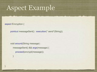 Aspect-Oriented
Programming
Aspect-Oriented
Programming enables
localized
implementations of CCCs.
Pointcuts select (join)
points in the program
where a CCC applies.
Code (advice) is executed
at those points.
private long lastAccessed = creationTime;
private int inactiveInterval = -1;
void accessed() {
// set last accessed to thisAccessTime as it will be left over
// from the previous access
lastAccessed = thisAccessTime;
thisAccessTime = System.currentTimeMillis();
validate();
}
void validate() {
// if we have an inactive interval, check to see if we've exceeded it
if (inactiveInterval != -1) {
int thisInterval =
(int)(System.currentTimeMillis() - lastAccessed) / 1000;
if (thisInterval > inactiveInterval) {
invalidate();
}
}
}
public long getLastAccessedTime() {
if (valid) {
return lastAccessed;
} else {
String msg = sm.getString("applicationSession.session.ise");
throw new IllegalStateException(msg);
}
}
public long getLastAccessedTime() {
return lastAccessed;
}
private long lastAccessed = creationTime;
void accessed() {
// set last accessed to thisAccessTime as it will be left over
// from the previous access
lastAccessed = thisAccessTime;
thisAccessTime = System.currentTimeMillis();
}
if (inactiveInterval != -1) {
int thisInterval =
(int)(System.currentTimeMillis() - lastAccessed) / 1000;
if (thisInterval > inactiveInterval) {
invalidate();
ServerSessionManager ssm =
ServerSessionManager.getManager();
ssm.removeSession(this);
}
}
}
private long lastAccessedTime = creationTime;
/**
* Return the last time the client sent a request associated with this
* session, as the number of milliseconds since midnight, January 1, 1970
* GMT. Actions that your application takes, such as getting or setting
* a value associated with the session, do not affect the access time.
*/
public long getLastAccessedTime() {
return (this.lastAccessedTime);
}
this.lastAccessedTime = time;
/*
* ====================================================================
*
* The Apache Software License, Version 1.1
*
* Copyright (c) 1999 The Apache Software Foundation. All rights
* reserved.
*
* Redistribution and use in source and binary forms, with or without
* modification, are permitted provided that the following conditions
* are met:
*
* 1. Redistributions of source code must retain the above copyright
* notice, this list of conditions and the following disclaimer.
*
* 2. Redistributions in binary form must reproduce the above copyright
* notice, this list of conditions and the following disclaimer in
* the documentation and/or other materials provided with the
* distribution.
*
* 3. The end-user documentation included with the redistribution, if
* any, must include the following acknowlegement:
* "This product includes software developed by the
* Apache Software Foundation (http://www.apache.org/)."
* Alternately, this acknowlegement may appear in the software
itself,
* if and wherever such third-party acknowlegements normally appear.
*
* 4. The names "The Jakarta Project", "Tomcat", and "Apache Software
* Foundation" must not be used to endorse or promote products
derived
* from this software without prior written permission. For written
* permission, please contact apache@apache.org.
*
* 5. Products derived from this software may not be called "Apache"
* nor may "Apache" appear in their names without prior written
* permission of the Apache Group.
*
* THIS SOFTWARE IS PROVIDED ``AS IS'' AND ANY EXPRESSED OR IMPLIED
* WARRANTIES, INCLUDING, BUT NOT LIMITED TO, THE IMPLIED WARRANTIES
* OF MERCHANTABILITY AND FITNESS FOR A PARTICULAR PURPOSE ARE
* DISCLAIMED. IN NO EVENT SHALL THE APACHE SOFTWARE FOUNDATION OR
* ITS CONTRIBUTORS BE LIABLE FOR ANY DIRECT, INDIRECT, INCIDENTAL,
* SPECIAL, EXEMPLARY, OR CONSEQUENTIAL DAMAGES (INCLUDING, BUT NOT
* LIMITED TO, PROCUREMENT OF SUBSTITUTE GOODS OR SERVICES; LOSS OF
* USE, DATA, OR PROFITS; OR BUSINESS INTERRUPTION) HOWEVER CAUSED AND
* ON ANY THEORY OF LIABILITY, WHETHER IN CONTRACT, STRICT LIABILITY,
* OR TORT (INCLUDING NEGLIGENCE OR OTHERWISE) ARISING IN ANY WAY OUT
* OF THE USE OF THIS SOFTWARE, EVEN IF ADVISED OF THE POSSIBILITY OF
* SUCH DAMAGE.
* ====================================================================
*
* This software consists of voluntary contributions made by many
* individuals on behalf of the Apache Software Foundation. For more
* information on the Apache Software Foundation, please see
* <http://www.apache.org/>.
*
* [Additional notices, if required by prior licensing conditions]
*
*/
package org.apache.tomcat.session;
import org.apache.tomcat.core.*;
import org.apache.tomcat.util.StringManager;
import java.io.*;
import java.net.*;
import java.util.*;
import javax.servlet.*;
import javax.servlet.http.*;
/**
* Core implementation of an application level session
*
* @author James Duncan Davidson [duncan@eng.sun.com]
* @author Jason Hunter [jch@eng.sun.com]
* @author James Todd [gonzo@eng.sun.com]
*/
public class ApplicationSession implements HttpSession {
private StringManager sm =
StringManager.getManager("org.apache.tomcat.session");
private Hashtable values = new Hashtable();
private String id;
private ServerSession serverSession;
private Context context;
private long creationTime = System.currentTimeMillis();;
private long thisAccessTime = creationTime;
private boolean valid = true;
ApplicationSession(String id, ServerSession serverSession,
Context context) {
this.serverSession = serverSession;
this.context = context;
this.id = id;
this.inactiveInterval = context.getSessionTimeOut();
if (this.inactiveInterval != -1) {
this.inactiveInterval *= 60;
}
}
ServerSession getServerSession() {
return serverSession;
}
/**
* Called by context when request comes in so that accesses and
* inactivities can be dealt with accordingly.
*/
// HTTP SESSION IMPLEMENTATION METHODS
public String getId() {
if (valid) {
return id;
} else {
String msg = sm.getString("applicationSession.session.ise");
throw new IllegalStateException(msg);
}
}
public long getCreationTime() {
if (valid) {
return creationTime;
} else {
String msg = sm.getString("applicationSession.session.ise");
throw new IllegalStateException(msg);
}
}
/**
*
* @deprecated
*/
public HttpSessionContext getSessionContext() {
return new SessionContextImpl();
}
public void invalidate() {
serverSession.removeApplicationSession(context);
// remove everything in the session
Enumeration enum = values.keys();
while (enum.hasMoreElements()) {
String name = (String)enum.nextElement();
removeValue(name);
}
valid = false;
}
public boolean isNew() {
if (! valid) {
String msg = sm.getString("applicationSession.session.ise");
throw new IllegalStateException(msg);
}
if (thisAccessTime == creationTime) {
return true;
} else {
return false;
}
}
/**
* @deprecated
*/
public void putValue(String name, Object value) {
setAttribute(name, value);
}
public void setAttribute(String name, Object value) {
if (! valid) {
String msg = sm.getString("applicationSession.session.ise");
throw new IllegalStateException(msg);
}
if (name == null) {
String msg = sm.getString("applicationSession.value.iae");
throw new IllegalArgumentException(msg);
}
removeValue(name); // remove any existing binding
if (value != null && value instanceof HttpSessionBindingListener) {
HttpSessionBindingEvent e =
new HttpSessionBindingEvent(this, name);
((HttpSessionBindingListener)value).valueBound(e);
}
values.put(name, value);
}
/**
* @deprecated
*/
public Object getValue(String name) {
return getAttribute(name);
}
public Object getAttribute(String name) {
if (! valid) {
String msg = sm.getString("applicationSession.session.ise");
throw new IllegalStateException(msg);
}
if (name == null) {
String msg = sm.getString("applicationSession.value.iae");
throw new IllegalArgumentException(msg);
}
return values.get(name);
}
/**
* @deprecated
*/
public String[] getValueNames() {
Enumeration e = getAttributeNames();
Vector names = new Vector();
while (e.hasMoreElements()) {
names.addElement(e.nextElement());
}
String[] valueNames = new String[names.size()];
names.copyInto(valueNames);
return valueNames;
}
public Enumeration getAttributeNames() {
if (! valid) {
String msg = sm.getString("applicationSession.session.ise");
throw new IllegalStateException(msg);
}
Hashtable valuesClone = (Hashtable)values.clone();
return (Enumeration)valuesClone.keys();
}
/**
* @deprecated
*/
public void removeValue(String name) {
removeAttribute(name);
}
public void removeAttribute(String name) {
if (! valid) {
String msg = sm.getString("applicationSession.session.ise");
throw new IllegalStateException(msg);
}
if (name == null) {
String msg = sm.getString("applicationSession.value.iae");
throw new IllegalArgumentException(msg);
}
Object o = values.get(name);
if (o instanceof HttpSessionBindingListener) {
HttpSessionBindingEvent e =
new HttpSessionBindingEvent(this,name);
((HttpSessionBindingListener)o).valueUnbound(e);
}
values.remove(name);
}
public void setMaxInactiveInterval(int interval) {
if (! valid) {
String msg = sm.getString("applicationSession.session.ise");
throw new IllegalStateException(msg);
}
inactiveInterval = interval;
}
public int getMaxInactiveInterval() {
if (! valid) {
String msg = sm.getString("applicationSession.session.ise");
throw new IllegalStateException(msg);
}
return inactiveInterval;
}
}
//-----------------------------------------------------------------------
package org.apache.tomcat.session;
import org.apache.tomcat.core.*;
import org.apache.tomcat.util.StringManager;
import java.io.*;
import java.net.*;
import java.util.*;
import javax.servlet.*;
import javax.servlet.http.*;
/**
* Core implementation of a server session
*
* @author James Duncan Davidson [duncan@eng.sun.com]
* @author James Todd [gonzo@eng.sun.com]
*/
public class ServerSession {
private StringManager sm =
StringManager.getManager("org.apache.tomcat.session");
private Hashtable values = new Hashtable();
private Hashtable appSessions = new Hashtable();
private String id;
private long creationTime = System.currentTimeMillis();;
private long thisAccessTime = creationTime;
private long lastAccessed = creationTime;
private int inactiveInterval = -1;
ServerSession(String id) {
this.id = id;
}
public String getId() {
return id;
}
public long getCreationTime() {
return creationTime;
}
public long getLastAccessedTime() {
return lastAccessed;
}
public ApplicationSession getApplicationSession(Context context,
boolean create) {
ApplicationSession appSession =
(ApplicationSession)appSessions.get(context);
if (appSession == null && create) {
// XXX
// sync to ensure valid?
appSession = new ApplicationSession(id, this, context);
appSessions.put(context, appSession);
}
// XXX
// make sure that we haven't gone over the end of our
// inactive interval -- if so, invalidate and create
// a new appSession
return appSession;
}
void removeApplicationSession(Context context) {
appSessions.remove(context);
}
/**
* Called by context when request comes in so that accesses and
* inactivities can be dealt with accordingly.
*/
void validate()
ynchronized void invalidate() {
Enumeration enum = appSessions.keys();
while (enum.hasMoreElements()) {
Object key = enum.nextElement();
ApplicationSession appSession =
(ApplicationSession)appSessions.get(key);
appSession.invalidate();
}
}
public void putValue(String name, Object value) {
if (name == null) {
String msg = sm.getString("serverSession.value.iae");
throw new IllegalArgumentException(msg);
}
removeValue(name); // remove any existing binding
values.put(name, value);
}
public Object getValue(String name) {
if (name == null) {
String msg = sm.getString("serverSession.value.iae");
throw new IllegalArgumentException(msg);
}
return values.get(name);
}
public Enumeration getValueNames() {
return values.keys();
}
public void removeValue(String name) {
values.remove(name);
}
public void setMaxInactiveInterval(int interval) {
inactiveInterval = interval;
}
public int getMaxInactiveInterval() {
return inactiveInterval;
}
// XXX
// sync'd for safty -- no other thread should be getting something
// from this while we are reaping. This isn't the most optimal
// solution for this, but we'll determine something else later.
synchronized void reap() {
Enumeration enum = appSessions.keys();
while (enum.hasMoreElements()) {
Object key = enum.nextElement();
ApplicationSession appSession =
(ApplicationSession)appSessions.get(key);
appSession.validate();
}
}
}
;
/**
* Standard implementation of the <b>Session</b> interface. This object is
* serializable, so that it can be stored in persistent storage or transferred
* to a different JVM for distributable session support.
* <p>
* <b>IMPLEMENTATION NOTE</b>: An instance of this class represents both the
* internal (Session) and application level (HttpSession) view of the session.
* However, because the class itself is not declared public, Java logic outside
* of the <code>org.apache.tomcat.session</code> package cannot cast an
* HttpSession view of this instance back to a Session view.
*
* @author Craig R. McClanahan
* @version $Revision: 1.2 $ $Date: 2000/05/15 17:54:10 $
*/
final class StandardSession
implements HttpSession, Session {
// ----------------------------------------------------------- Constructors
/**
* Construct a new Session associated with the specified Manager.
*
* @param manager The manager with which this Session is associated
*/
public StandardSession(Manager manager) {
super();
this.manager = manager;
}
/**
* The last accessed time for this Session.
*/
private long lastAccessedTime = creationTime;
/**
* The Manager with which this Session is associated.
*/
private Manager manager = null;
/**
* The maximum time interval, in seconds, between client requests before
* the servlet container may invalidate this session. A negative time
* indicates that the session should never time out.
*/
private int maxInactiveInterval = -1;
/**
* Flag indicating whether this session is new or not.
*/
private boolean isNew = true;
/**
* Flag indicating whether this session is valid or not.
*/
private boolean isValid = false;
/**
* The string manager for this package.
*/
private StringManager sm =
StringManager.getManager("org.apache.tomcat.session");
/**
* The HTTP session context associated with this session.
*/
private static HttpSessionContext sessionContext = null;
/**
* The current accessed time for this session.
*/
private long thisAccessedTime = creationTime;
// ----------------------------------------------------- Session Properties
/**
* Set the creation time for this session. This method is called by the
* Manager when an existing Session instance is reused.
*
* @param time The new creation time
*/
public void setCreationTime(long time) {
this.creationTime = time;
this.lastAccessedTime = time;
this.thisAccessedTime = time;
}
/**
* Return the session identifier for this session.
*/
public String getId() {
return (this.id);
}
/**
* Set the session identifier for this session.
*
* @param id The new session identifier
*/
public void setId(String id) {
if ((this.id != null) && (manager != null) &&
(manager instanceof ManagerBase))
((ManagerBase) manager).remove(this);
this.id = id;
if ((manager != null) && (manager instanceof ManagerBase))
((ManagerBase) manager).add(this);
}
/**
* Return descriptive information about this Session implementation and
* the corresponding version number, in the format
* <code><description>/<version></code>.
*/
public String getInfo() {
return (this.info);
}
/**
* Return the Manager within which this Session is valid.
*/
public Manager getManager() {
return (this.manager);
}
/**
* Set the Manager within which this Session is valid.
*
* @param manager The new Manager
*/
public void setManager(Manager manager) {
this.manager = manager;
}
/**
* Return the maximum time interval, in seconds, between client requests
* before the servlet container will invalidate the session. A negative
* time indicates that the session should never time out.
*
* @exception IllegalStateException if this method is called on
* an invalidated session
*/
public int getMaxInactiveInterval() {
return (this.maxInactiveInterval);
/**
* Perform the internal processing required to invalidate this session,
* without triggering an exception if the session has already expired.
*/
public void expire() {
// Remove this session from our manager's active sessions
if ((manager != null) && (manager instanceof ManagerBase))
((ManagerBase) manager).remove(this);
// Unbind any objects associated with this session
Vector results = new Vector();
Enumeration attrs = getAttributeNames();
while (attrs.hasMoreElements()) {
String attr = (String) attrs.nextElement();
results.addElement(attr);
}
Enumeration names = results.elements();
while (names.hasMoreElements()) {
String name = (String) names.nextElement();
removeAttribute(name);
}
// Mark this session as invalid
setValid(false);
}
/**
}
/**
* Set the <code>isNew</code> flag for this session.
*
* @param isNew The new value for the <code>isNew</code> flag
*/
void setNew(boolean isNew) {
this.isNew = isNew;
}
/**
* Set the <code>isValid</code> flag for this session.
*
* @param isValid The new value for the <code>isValid</code> flag
*/
void setValid(boolean isValid) {
this.isValid = isValid;
}
// ------------------------------------------------- HttpSession Properties
/**
* Return the time when this session was created, in milliseconds since
* midnight, January 1, 1970 GMT.
*
* @exception IllegalStateException if this method is called on an
* invalidated session
*/
public long getCreationTime() {
return (this.creationTime);
}
/**
* Return the session context with which this session is associated.
*
* @deprecated As of Version 2.1, this method is deprecated and has no
* replacement. It will be removed in a future version of the
* Java Servlet API.
*/
public HttpSessionContext getSessionContext() {
if (sessionContext == null)
sessionContext = new StandardSessionContext();
return (sessionContext);
}
// ----------------------------------------------HttpSession Public Methods
/**
* Return the object bound with the specified name in this session, or
* <code>null</code> if no object is bound with that name.
*
* @param name Name of the attribute to be returned
*
* @exception IllegalStateException if this method is called on an
* invalidated session
*/
public Object getAttribute(String name) {
return (attributes.get(name));
}
/**
* Return an <code>Enumeration</code> of <code>String</code> objects
* containing the names of the objects bound to this session.
*
* @exception IllegalStateException if this method is called on an
* invalidated session
*/
public Enumeration getAttributeNames() {
return (attributes.keys());
}
/**
* Return the object bound with the specified name in this session, or
* <code>null</code> if no object is bound with that name.
*
* @param name Name of the value to be returned
*
* @exception IllegalStateException if this method is called on an
* invalidated session
*
* @deprecated As of Version 2.2, this method is replaced by
* <code>getAttribute()</code>
*/
public Object getValue(String name) {
return (getAttribute(name));
}
/**
* Return the set of names of objects bound to this session. If there
* are no such objects, a zero-length array is returned.
*
* @exception IllegalStateException if this method is called on an
* invalidated session
*
* @deprecated As of Version 2.2, this method is replaced by
* <code>getAttributeNames()</code>
*/
public String[] getValueNames() {
Vector results = new Vector();
Enumeration attrs = getAttributeNames();
while (attrs.hasMoreElements()) {
String attr = (String) attrs.nextElement();
results.addElement(attr);
}
String names[] = new String[results.size()];
for (int i = 0; i < names.length; i++)
names[i] = (String) results.elementAt(i);
return (names);
}
/**
* Invalidates this session and unbinds any objects bound to it.
*
* @exception IllegalStateException if this method is called on
* an invalidated session
*/
public void invalidate() {
// Cause this session to expire
expire();
}
/**
* Return <code>true</code> if the client does not yet know about the
* session, or if the client chooses not to join the session. For
* example, if the server used only cookie-based sessions, and the client
* has disabled the use of cookies, then a session would be new on each
* request.
*
* @exception IllegalStateException if this method is called on an
* invalidated session
*/
public boolean isNew() {
return (this.isNew);
}
* Remove the object bound with the specified name from this session. If
* the session does not have an object bound with this name, this method
* does nothing.
* <p>
* After this method executes, and if the object implements
* <code>HttpSessionBindingListener</code>, the container calls
* <code>valueUnbound()</code> on the object.
*
* @param name Name of the object to remove from this session.
*
* @exception IllegalStateException if this method is called on an
* invalidated session
*/
public void removeAttribute(String name) {
synchronized (attributes) {
Object object = attributes.get(name);
if (object == null)
return;
attributes.remove(name);
// System.out.println( "Removing attribute " + name );
if (object instanceof HttpSessionBindingListener) {
((HttpSessionBindingListener) object).valueUnbound
(new HttpSessionBindingEvent((HttpSession) this, name));
}
}
}
* Bind an object to this session, using the specified name. If an object
* of the same name is already bound to this session, the object is
* replaced.
* <p>
* After this method executes, and if the object implements
* <code>HttpSessionBindingListener</code>, the container calls
* <code>valueBound()</code> on the object.
*
* @param name Name to which the object is bound, cannot be null
* @param value Object to be bound, cannot be null
*
* @exception IllegalArgumentException if an attempt is made to add a
* non-serializable object in an environment marked distributable.
* @exception IllegalStateException if this method is called on an
* invalidated session
*/
public void setAttribute(String name, Object value) {
if ((manager != null) && manager.getDistributable() &&
!(value instanceof Serializable))
throw new IllegalArgumentException
(sm.getString("standardSession.setAttribute.iae"));
synchronized (attributes) {
removeAttribute(name);
attributes.put(name, value);
if (value instanceof HttpSessionBindingListener)
((HttpSessionBindingListener) value).valueBound
(new HttpSessionBindingEvent((HttpSession) this, name));
}
}
// -------------------------------------------- HttpSession Private Methods
/**
* Read a serialized version of this session object from the specified
* object input stream.
* <p>
* <b>IMPLEMENTATION NOTE</b>: The reference to the owning Manager
* is not restored by this method, and must be set explicitly.
*
* @param stream The input stream to read from
*
* @exception ClassNotFoundException if an unknown class is specified
* @exception IOException if an input/output error occurs
*/
private void readObject(ObjectInputStream stream)
throws ClassNotFoundException, IOException {
// Deserialize the scalar instance variables (except Manager)
creationTime = ((Long) stream.readObject()).
isValid = ((Boolean) stream.readObject()).booleanValue();
// Deserialize the attribute count and attribute values
int n = ((Integer) stream.readObject()).intValue();
for (int i = 0; i < n; i++) {
String name = (String) stream.readObject();
Object value = (Object) stream.readObject();
attributes.put(name, value);
}
}
/**
* Write a serialized version of this session object to the specified
* object output stream.
* <p>
* <b>IMPLEMENTATION NOTE</b>: The owning Manager will not be stored
* in the serialized representation of this Session. After calling
* <code>readObject()</code>, you must set the associated Manager
* explicitly.
* <p>
* <b>IMPLEMENTATION NOTE</b>: Any attribute that is not Serializable
* will be silently ignored. If you do not want any such attributes,
* be sure the <code>distributable</code> property of our associated
* Manager is set to <code>true</code>.
*
* @param stream The output stream to write to
*
* @exception IOException if an input/output error occurs
*/
private void writeObject(ObjectOutputStream stream) throws IOException {
// Write the scalar instance variables (except Manager)
stream.writeObject(new Long(creationTime));
stream.writeObject(id);
stream.writeObject(new Long(lastAccessedTime));
stream.writeObject(new Integer(maxInactiveInterval));
stream.writeObject(new Boolean(isNew));
stream.writeObject(new Boolean(isValid));
// Accumulate the names of serializable attributes
Vector results = new Vector();
Enumeration attrs = getAttributeNames();
while (attrs.hasMoreElements()) {
String attr = (String) attrs.nextElement();
Object value = attributes.get(attr);
if (value instanceof Serializable)
results.addElement(attr);
}
// Serialize the attribute count and the attribute values
stream.writeObject(new Integer(results.size()));
Enumeration names = results.elements();
while (names.hasMoreElements()) {
String name = (String) names.nextElement();
stream.writeObject(name);
stream.writeObject(attributes.get(name));
}
}
crosscut invalidate(StandardSession s): s & (int getMaxInactiveInterval() |
long getCreationTime() |
Object getAttribute(String) |
Enumeration getAttributeNames() |
String[] getValueNames() |
void invalidate() |
boolean isNew() |
void removeAttribute(String) |
void setAttribute(String, Object));
static advice(StandardSession s): invalidate(s) {
before {
if (!s.isValid())
throw new IllegalStateException
(s.sm.getString("standardSession."
+ thisJoinPoint.methodName
+ ".ise"));
}
}
}
// -------------------------------------------------------------- Private Class
/**
* This class is a dummy implementation of the <code>HttpSessionContext</code>
* interface, to conform to the requirement that such an object be returned
* when <code>HttpSession.getSessionContext()</code> is called.
*
* @author Craig R. McClanahan
*
* @deprecated As of Java Servlet API 2.1 with no replacement. The
* interface will be removed in a future version of this API.
*/
final class StandardSessionContext implements HttpSessionContext {
private Vector dummy = new Vector();
/**
* Return the session identifiers of all sessions defined
* within this context.
*
* @deprecated As of Java Servlet API 2.1 with no replacement.
* This method must return an empty <code>Enumeration</code>
* and will be removed in a future version of the API.
*/
public Enumeration getIds() {
return (dummy.elements());
}
/**
* Return the <code>HttpSession</code> associated with the
* specified session identifier.
*
* @param id Session identifier for which to look up a session
*
* @deprecated As of Java Servlet API 2.1 with no replacement.
* This method must return null and will be removed in a
* future version of the API.
*/
public HttpSession getSession(String id) {
return (null);
}
}
Aspects allow code to
be localized into a
single module
 
