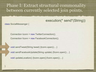 Message Encryption
Example
messageSent():
execution(* send*(String))
The execution of all
methods whose name
begins with “send” must
have their messages
encrypted.
 