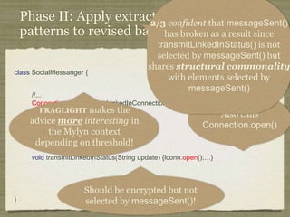 Fragile Pointcut Problem
A pointcut is robust iff it
continues to select points
where the CCC applies in
subsequent base-code versions
without textual modification.
Otherwise, a pointcut is
fragile.
Fragile pointcuts can cause
software to silently
malfunction!
 