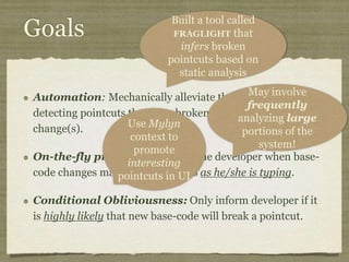 Aspect-Oriented
Programming
Aspect-Oriented
Programming enables
localized
implementations of CCCs.
private long lastAccessed = creationTime;
private int inactiveInterval = -1;
void accessed() {
// set last accessed to thisAccessTime as it will be left over
// from the previous access
lastAccessed = thisAccessTime;
thisAccessTime = System.currentTimeMillis();
validate();
}
void validate() {
// if we have an inactive interval, check to see if we've exceeded it
if (inactiveInterval != -1) {
int thisInterval =
(int)(System.currentTimeMillis() - lastAccessed) / 1000;
if (thisInterval > inactiveInterval) {
invalidate();
}
}
}
public long getLastAccessedTime() {
if (valid) {
return lastAccessed;
} else {
String msg = sm.getString("applicationSession.session.ise");
throw new IllegalStateException(msg);
}
}
public long getLastAccessedTime() {
return lastAccessed;
}
private long lastAccessed = creationTime;
void accessed() {
// set last accessed to thisAccessTime as it will be left over
// from the previous access
lastAccessed = thisAccessTime;
thisAccessTime = System.currentTimeMillis();
}
if (inactiveInterval != -1) {
int thisInterval =
(int)(System.currentTimeMillis() - lastAccessed) / 1000;
if (thisInterval > inactiveInterval) {
invalidate();
ServerSessionManager ssm =
ServerSessionManager.getManager();
ssm.removeSession(this);
}
}
}
private long lastAccessedTime = creationTime;
/**
* Return the last time the client sent a request associated with this
* session, as the number of milliseconds since midnight, January 1, 1970
* GMT. Actions that your application takes, such as getting or setting
* a value associated with the session, do not affect the access time.
*/
public long getLastAccessedTime() {
return (this.lastAccessedTime);
}
this.lastAccessedTime = time;
/*
* ====================================================================
*
* The Apache Software License, Version 1.1
*
* Copyright (c) 1999 The Apache Software Foundation. All rights
* reserved.
*
* Redistribution and use in source and binary forms, with or without
* modification, are permitted provided that the following conditions
* are met:
*
* 1. Redistributions of source code must retain the above copyright
* notice, this list of conditions and the following disclaimer.
*
* 2. Redistributions in binary form must reproduce the above copyright
* notice, this list of conditions and the following disclaimer in
* the documentation and/or other materials provided with the
* distribution.
*
* 3. The end-user documentation included with the redistribution, if
* any, must include the following acknowlegement:
* "This product includes software developed by the
* Apache Software Foundation (http://www.apache.org/)."
* Alternately, this acknowlegement may appear in the software
itself,
* if and wherever such third-party acknowlegements normally appear.
*
* 4. The names "The Jakarta Project", "Tomcat", and "Apache Software
* Foundation" must not be used to endorse or promote products
derived
* from this software without prior written permission. For written
* permission, please contact apache@apache.org.
*
* 5. Products derived from this software may not be called "Apache"
* nor may "Apache" appear in their names without prior written
* permission of the Apache Group.
*
* THIS SOFTWARE IS PROVIDED ``AS IS'' AND ANY EXPRESSED OR IMPLIED
* WARRANTIES, INCLUDING, BUT NOT LIMITED TO, THE IMPLIED WARRANTIES
* OF MERCHANTABILITY AND FITNESS FOR A PARTICULAR PURPOSE ARE
* DISCLAIMED. IN NO EVENT SHALL THE APACHE SOFTWARE FOUNDATION OR
* ITS CONTRIBUTORS BE LIABLE FOR ANY DIRECT, INDIRECT, INCIDENTAL,
* SPECIAL, EXEMPLARY, OR CONSEQUENTIAL DAMAGES (INCLUDING, BUT NOT
* LIMITED TO, PROCUREMENT OF SUBSTITUTE GOODS OR SERVICES; LOSS OF
* USE, DATA, OR PROFITS; OR BUSINESS INTERRUPTION) HOWEVER CAUSED AND
* ON ANY THEORY OF LIABILITY, WHETHER IN CONTRACT, STRICT LIABILITY,
* OR TORT (INCLUDING NEGLIGENCE OR OTHERWISE) ARISING IN ANY WAY OUT
* OF THE USE OF THIS SOFTWARE, EVEN IF ADVISED OF THE POSSIBILITY OF
* SUCH DAMAGE.
* ====================================================================
*
* This software consists of voluntary contributions made by many
* individuals on behalf of the Apache Software Foundation. For more
* information on the Apache Software Foundation, please see
* <http://www.apache.org/>.
*
* [Additional notices, if required by prior licensing conditions]
*
*/
package org.apache.tomcat.session;
import org.apache.tomcat.core.*;
import org.apache.tomcat.util.StringManager;
import java.io.*;
import java.net.*;
import java.util.*;
import javax.servlet.*;
import javax.servlet.http.*;
/**
* Core implementation of an application level session
*
* @author James Duncan Davidson [duncan@eng.sun.com]
* @author Jason Hunter [jch@eng.sun.com]
* @author James Todd [gonzo@eng.sun.com]
*/
public class ApplicationSession implements HttpSession {
private StringManager sm =
StringManager.getManager("org.apache.tomcat.session");
private Hashtable values = new Hashtable();
private String id;
private ServerSession serverSession;
private Context context;
private long creationTime = System.currentTimeMillis();;
private long thisAccessTime = creationTime;
private boolean valid = true;
ApplicationSession(String id, ServerSession serverSession,
Context context) {
this.serverSession = serverSession;
this.context = context;
this.id = id;
this.inactiveInterval = context.getSessionTimeOut();
if (this.inactiveInterval != -1) {
this.inactiveInterval *= 60;
}
}
ServerSession getServerSession() {
return serverSession;
}
/**
* Called by context when request comes in so that accesses and
* inactivities can be dealt with accordingly.
*/
// HTTP SESSION IMPLEMENTATION METHODS
public String getId() {
if (valid) {
return id;
} else {
String msg = sm.getString("applicationSession.session.ise");
throw new IllegalStateException(msg);
}
}
public long getCreationTime() {
if (valid) {
return creationTime;
} else {
String msg = sm.getString("applicationSession.session.ise");
throw new IllegalStateException(msg);
}
}
/**
*
* @deprecated
*/
public HttpSessionContext getSessionContext() {
return new SessionContextImpl();
}
public void invalidate() {
serverSession.removeApplicationSession(context);
// remove everything in the session
Enumeration enum = values.keys();
while (enum.hasMoreElements()) {
String name = (String)enum.nextElement();
removeValue(name);
}
valid = false;
}
public boolean isNew() {
if (! valid) {
String msg = sm.getString("applicationSession.session.ise");
throw new IllegalStateException(msg);
}
if (thisAccessTime == creationTime) {
return true;
} else {
return false;
}
}
/**
* @deprecated
*/
public void putValue(String name, Object value) {
setAttribute(name, value);
}
public void setAttribute(String name, Object value) {
if (! valid) {
String msg = sm.getString("applicationSession.session.ise");
throw new IllegalStateException(msg);
}
if (name == null) {
String msg = sm.getString("applicationSession.value.iae");
throw new IllegalArgumentException(msg);
}
removeValue(name); // remove any existing binding
if (value != null && value instanceof HttpSessionBindingListener) {
HttpSessionBindingEvent e =
new HttpSessionBindingEvent(this, name);
((HttpSessionBindingListener)value).valueBound(e);
}
values.put(name, value);
}
/**
* @deprecated
*/
public Object getValue(String name) {
return getAttribute(name);
}
public Object getAttribute(String name) {
if (! valid) {
String msg = sm.getString("applicationSession.session.ise");
throw new IllegalStateException(msg);
}
if (name == null) {
String msg = sm.getString("applicationSession.value.iae");
throw new IllegalArgumentException(msg);
}
return values.get(name);
}
/**
* @deprecated
*/
public String[] getValueNames() {
Enumeration e = getAttributeNames();
Vector names = new Vector();
while (e.hasMoreElements()) {
names.addElement(e.nextElement());
}
String[] valueNames = new String[names.size()];
names.copyInto(valueNames);
return valueNames;
}
public Enumeration getAttributeNames() {
if (! valid) {
String msg = sm.getString("applicationSession.session.ise");
throw new IllegalStateException(msg);
}
Hashtable valuesClone = (Hashtable)values.clone();
return (Enumeration)valuesClone.keys();
}
/**
* @deprecated
*/
public void removeValue(String name) {
removeAttribute(name);
}
public void removeAttribute(String name) {
if (! valid) {
String msg = sm.getString("applicationSession.session.ise");
throw new IllegalStateException(msg);
}
if (name == null) {
String msg = sm.getString("applicationSession.value.iae");
throw new IllegalArgumentException(msg);
}
Object o = values.get(name);
if (o instanceof HttpSessionBindingListener) {
HttpSessionBindingEvent e =
new HttpSessionBindingEvent(this,name);
((HttpSessionBindingListener)o).valueUnbound(e);
}
values.remove(name);
}
public void setMaxInactiveInterval(int interval) {
if (! valid) {
String msg = sm.getString("applicationSession.session.ise");
throw new IllegalStateException(msg);
}
inactiveInterval = interval;
}
public int getMaxInactiveInterval() {
if (! valid) {
String msg = sm.getString("applicationSession.session.ise");
throw new IllegalStateException(msg);
}
return inactiveInterval;
}
}
//-----------------------------------------------------------------------
package org.apache.tomcat.session;
import org.apache.tomcat.core.*;
import org.apache.tomcat.util.StringManager;
import java.io.*;
import java.net.*;
import java.util.*;
import javax.servlet.*;
import javax.servlet.http.*;
/**
* Core implementation of a server session
*
* @author James Duncan Davidson [duncan@eng.sun.com]
* @author James Todd [gonzo@eng.sun.com]
*/
public class ServerSession {
private StringManager sm =
StringManager.getManager("org.apache.tomcat.session");
private Hashtable values = new Hashtable();
private Hashtable appSessions = new Hashtable();
private String id;
private long creationTime = System.currentTimeMillis();;
private long thisAccessTime = creationTime;
private long lastAccessed = creationTime;
private int inactiveInterval = -1;
ServerSession(String id) {
this.id = id;
}
public String getId() {
return id;
}
public long getCreationTime() {
return creationTime;
}
public long getLastAccessedTime() {
return lastAccessed;
}
public ApplicationSession getApplicationSession(Context context,
boolean create) {
ApplicationSession appSession =
(ApplicationSession)appSessions.get(context);
if (appSession == null && create) {
// XXX
// sync to ensure valid?
appSession = new ApplicationSession(id, this, context);
appSessions.put(context, appSession);
}
// XXX
// make sure that we haven't gone over the end of our
// inactive interval -- if so, invalidate and create
// a new appSession
return appSession;
}
void removeApplicationSession(Context context) {
appSessions.remove(context);
}
/**
* Called by context when request comes in so that accesses and
* inactivities can be dealt with accordingly.
*/
void validate()
ynchronized void invalidate() {
Enumeration enum = appSessions.keys();
while (enum.hasMoreElements()) {
Object key = enum.nextElement();
ApplicationSession appSession =
(ApplicationSession)appSessions.get(key);
appSession.invalidate();
}
}
public void putValue(String name, Object value) {
if (name == null) {
String msg = sm.getString("serverSession.value.iae");
throw new IllegalArgumentException(msg);
}
removeValue(name); // remove any existing binding
values.put(name, value);
}
public Object getValue(String name) {
if (name == null) {
String msg = sm.getString("serverSession.value.iae");
throw new IllegalArgumentException(msg);
}
return values.get(name);
}
public Enumeration getValueNames() {
return values.keys();
}
public void removeValue(String name) {
values.remove(name);
}
public void setMaxInactiveInterval(int interval) {
inactiveInterval = interval;
}
public int getMaxInactiveInterval() {
return inactiveInterval;
}
// XXX
// sync'd for safty -- no other thread should be getting something
// from this while we are reaping. This isn't the most optimal
// solution for this, but we'll determine something else later.
synchronized void reap() {
Enumeration enum = appSessions.keys();
while (enum.hasMoreElements()) {
Object key = enum.nextElement();
ApplicationSession appSession =
(ApplicationSession)appSessions.get(key);
appSession.validate();
}
}
}
;
/**
* Standard implementation of the <b>Session</b> interface. This object is
* serializable, so that it can be stored in persistent storage or transferred
* to a different JVM for distributable session support.
* <p>
* <b>IMPLEMENTATION NOTE</b>: An instance of this class represents both the
* internal (Session) and application level (HttpSession) view of the session.
* However, because the class itself is not declared public, Java logic outside
* of the <code>org.apache.tomcat.session</code> package cannot cast an
* HttpSession view of this instance back to a Session view.
*
* @author Craig R. McClanahan
* @version $Revision: 1.2 $ $Date: 2000/05/15 17:54:10 $
*/
final class StandardSession
implements HttpSession, Session {
// ----------------------------------------------------------- Constructors
/**
* Construct a new Session associated with the specified Manager.
*
* @param manager The manager with which this Session is associated
*/
public StandardSession(Manager manager) {
super();
this.manager = manager;
}
/**
* The last accessed time for this Session.
*/
private long lastAccessedTime = creationTime;
/**
* The Manager with which this Session is associated.
*/
private Manager manager = null;
/**
* The maximum time interval, in seconds, between client requests before
* the servlet container may invalidate this session. A negative time
* indicates that the session should never time out.
*/
private int maxInactiveInterval = -1;
/**
* Flag indicating whether this session is new or not.
*/
private boolean isNew = true;
/**
* Flag indicating whether this session is valid or not.
*/
private boolean isValid = false;
/**
* The string manager for this package.
*/
private StringManager sm =
StringManager.getManager("org.apache.tomcat.session");
/**
* The HTTP session context associated with this session.
*/
private static HttpSessionContext sessionContext = null;
/**
* The current accessed time for this session.
*/
private long thisAccessedTime = creationTime;
// ----------------------------------------------------- Session Properties
/**
* Set the creation time for this session. This method is called by the
* Manager when an existing Session instance is reused.
*
* @param time The new creation time
*/
public void setCreationTime(long time) {
this.creationTime = time;
this.lastAccessedTime = time;
this.thisAccessedTime = time;
}
/**
* Return the session identifier for this session.
*/
public String getId() {
return (this.id);
}
/**
* Set the session identifier for this session.
*
* @param id The new session identifier
*/
public void setId(String id) {
if ((this.id != null) && (manager != null) &&
(manager instanceof ManagerBase))
((ManagerBase) manager).remove(this);
this.id = id;
if ((manager != null) && (manager instanceof ManagerBase))
((ManagerBase) manager).add(this);
}
/**
* Return descriptive information about this Session implementation and
* the corresponding version number, in the format
* <code><description>/<version></code>.
*/
public String getInfo() {
return (this.info);
}
/**
* Return the Manager within which this Session is valid.
*/
public Manager getManager() {
return (this.manager);
}
/**
* Set the Manager within which this Session is valid.
*
* @param manager The new Manager
*/
public void setManager(Manager manager) {
this.manager = manager;
}
/**
* Return the maximum time interval, in seconds, between client requests
* before the servlet container will invalidate the session. A negative
* time indicates that the session should never time out.
*
* @exception IllegalStateException if this method is called on
* an invalidated session
*/
public int getMaxInactiveInterval() {
return (this.maxInactiveInterval);
/**
* Perform the internal processing required to invalidate this session,
* without triggering an exception if the session has already expired.
*/
public void expire() {
// Remove this session from our manager's active sessions
if ((manager != null) && (manager instanceof ManagerBase))
((ManagerBase) manager).remove(this);
// Unbind any objects associated with this session
Vector results = new Vector();
Enumeration attrs = getAttributeNames();
while (attrs.hasMoreElements()) {
String attr = (String) attrs.nextElement();
results.addElement(attr);
}
Enumeration names = results.elements();
while (names.hasMoreElements()) {
String name = (String) names.nextElement();
removeAttribute(name);
}
// Mark this session as invalid
setValid(false);
}
/**
}
/**
* Set the <code>isNew</code> flag for this session.
*
* @param isNew The new value for the <code>isNew</code> flag
*/
void setNew(boolean isNew) {
this.isNew = isNew;
}
/**
* Set the <code>isValid</code> flag for this session.
*
* @param isValid The new value for the <code>isValid</code> flag
*/
void setValid(boolean isValid) {
this.isValid = isValid;
}
// ------------------------------------------------- HttpSession Properties
/**
* Return the time when this session was created, in milliseconds since
* midnight, January 1, 1970 GMT.
*
* @exception IllegalStateException if this method is called on an
* invalidated session
*/
public long getCreationTime() {
return (this.creationTime);
}
/**
* Return the session context with which this session is associated.
*
* @deprecated As of Version 2.1, this method is deprecated and has no
* replacement. It will be removed in a future version of the
* Java Servlet API.
*/
public HttpSessionContext getSessionContext() {
if (sessionContext == null)
sessionContext = new StandardSessionContext();
return (sessionContext);
}
// ----------------------------------------------HttpSession Public Methods
/**
* Return the object bound with the specified name in this session, or
* <code>null</code> if no object is bound with that name.
*
* @param name Name of the attribute to be returned
*
* @exception IllegalStateException if this method is called on an
* invalidated session
*/
public Object getAttribute(String name) {
return (attributes.get(name));
}
/**
* Return an <code>Enumeration</code> of <code>String</code> objects
* containing the names of the objects bound to this session.
*
* @exception IllegalStateException if this method is called on an
* invalidated session
*/
public Enumeration getAttributeNames() {
return (attributes.keys());
}
/**
* Return the object bound with the specified name in this session, or
* <code>null</code> if no object is bound with that name.
*
* @param name Name of the value to be returned
*
* @exception IllegalStateException if this method is called on an
* invalidated session
*
* @deprecated As of Version 2.2, this method is replaced by
* <code>getAttribute()</code>
*/
public Object getValue(String name) {
return (getAttribute(name));
}
/**
* Return the set of names of objects bound to this session. If there
* are no such objects, a zero-length array is returned.
*
* @exception IllegalStateException if this method is called on an
* invalidated session
*
* @deprecated As of Version 2.2, this method is replaced by
* <code>getAttributeNames()</code>
*/
public String[] getValueNames() {
Vector results = new Vector();
Enumeration attrs = getAttributeNames();
while (attrs.hasMoreElements()) {
String attr = (String) attrs.nextElement();
results.addElement(attr);
}
String names[] = new String[results.size()];
for (int i = 0; i < names.length; i++)
names[i] = (String) results.elementAt(i);
return (names);
}
/**
* Invalidates this session and unbinds any objects bound to it.
*
* @exception IllegalStateException if this method is called on
* an invalidated session
*/
public void invalidate() {
// Cause this session to expire
expire();
}
/**
* Return <code>true</code> if the client does not yet know about the
* session, or if the client chooses not to join the session. For
* example, if the server used only cookie-based sessions, and the client
* has disabled the use of cookies, then a session would be new on each
* request.
*
* @exception IllegalStateException if this method is called on an
* invalidated session
*/
public boolean isNew() {
return (this.isNew);
}
* Remove the object bound with the specified name from this session. If
* the session does not have an object bound with this name, this method
* does nothing.
* <p>
* After this method executes, and if the object implements
* <code>HttpSessionBindingListener</code>, the container calls
* <code>valueUnbound()</code> on the object.
*
* @param name Name of the object to remove from this session.
*
* @exception IllegalStateException if this method is called on an
* invalidated session
*/
public void removeAttribute(String name) {
synchronized (attributes) {
Object object = attributes.get(name);
if (object == null)
return;
attributes.remove(name);
// System.out.println( "Removing attribute " + name );
if (object instanceof HttpSessionBindingListener) {
((HttpSessionBindingListener) object).valueUnbound
(new HttpSessionBindingEvent((HttpSession) this, name));
}
}
}
* Bind an object to this session, using the specified name. If an object
* of the same name is already bound to this session, the object is
* replaced.
* <p>
* After this method executes, and if the object implements
* <code>HttpSessionBindingListener</code>, the container calls
* <code>valueBound()</code> on the object.
*
* @param name Name to which the object is bound, cannot be null
* @param value Object to be bound, cannot be null
*
* @exception IllegalArgumentException if an attempt is made to add a
* non-serializable object in an environment marked distributable.
* @exception IllegalStateException if this method is called on an
* invalidated session
*/
public void setAttribute(String name, Object value) {
if ((manager != null) && manager.getDistributable() &&
!(value instanceof Serializable))
throw new IllegalArgumentException
(sm.getString("standardSession.setAttribute.iae"));
synchronized (attributes) {
removeAttribute(name);
attributes.put(name, value);
if (value instanceof HttpSessionBindingListener)
((HttpSessionBindingListener) value).valueBound
(new HttpSessionBindingEvent((HttpSession) this, name));
}
}
// -------------------------------------------- HttpSession Private Methods
/**
* Read a serialized version of this session object from the specified
* object input stream.
* <p>
* <b>IMPLEMENTATION NOTE</b>: The reference to the owning Manager
* is not restored by this method, and must be set explicitly.
*
* @param stream The input stream to read from
*
* @exception ClassNotFoundException if an unknown class is specified
* @exception IOException if an input/output error occurs
*/
private void readObject(ObjectInputStream stream)
throws ClassNotFoundException, IOException {
// Deserialize the scalar instance variables (except Manager)
creationTime = ((Long) stream.readObject()).
isValid = ((Boolean) stream.readObject()).booleanValue();
// Deserialize the attribute count and attribute values
int n = ((Integer) stream.readObject()).intValue();
for (int i = 0; i < n; i++) {
String name = (String) stream.readObject();
Object value = (Object) stream.readObject();
attributes.put(name, value);
}
}
/**
* Write a serialized version of this session object to the specified
* object output stream.
* <p>
* <b>IMPLEMENTATION NOTE</b>: The owning Manager will not be stored
* in the serialized representation of this Session. After calling
* <code>readObject()</code>, you must set the associated Manager
* explicitly.
* <p>
* <b>IMPLEMENTATION NOTE</b>: Any attribute that is not Serializable
* will be silently ignored. If you do not want any such attributes,
* be sure the <code>distributable</code> property of our associated
* Manager is set to <code>true</code>.
*
* @param stream The output stream to write to
*
* @exception IOException if an input/output error occurs
*/
private void writeObject(ObjectOutputStream stream) throws IOException {
// Write the scalar instance variables (except Manager)
stream.writeObject(new Long(creationTime));
stream.writeObject(id);
stream.writeObject(new Long(lastAccessedTime));
stream.writeObject(new Integer(maxInactiveInterval));
stream.writeObject(new Boolean(isNew));
stream.writeObject(new Boolean(isValid));
// Accumulate the names of serializable attributes
Vector results = new Vector();
Enumeration attrs = getAttributeNames();
while (attrs.hasMoreElements()) {
String attr = (String) attrs.nextElement();
Object value = attributes.get(attr);
if (value instanceof Serializable)
results.addElement(attr);
}
// Serialize the attribute count and the attribute values
stream.writeObject(new Integer(results.size()));
Enumeration names = results.elements();
while (names.hasMoreElements()) {
String name = (String) names.nextElement();
stream.writeObject(name);
stream.writeObject(attributes.get(name));
}
}
crosscut invalidate(StandardSession s): s & (int getMaxInactiveInterval() |
long getCreationTime() |
Object getAttribute(String) |
Enumeration getAttributeNames() |
String[] getValueNames() |
void invalidate() |
boolean isNew() |
void removeAttribute(String) |
void setAttribute(String, Object));
static advice(StandardSession s): invalidate(s) {
before {
if (!s.isValid())
throw new IllegalStateException
(s.sm.getString("standardSession."
+ thisJoinPoint.methodName
+ ".ise"));
}
}
}
// -------------------------------------------------------------- Private Class
/**
* This class is a dummy implementation of the <code>HttpSessionContext</code>
* interface, to conform to the requirement that such an object be returned
* when <code>HttpSession.getSessionContext()</code> is called.
*
* @author Craig R. McClanahan
*
* @deprecated As of Java Servlet API 2.1 with no replacement. The
* interface will be removed in a future version of this API.
*/
final class StandardSessionContext implements HttpSessionContext {
private Vector dummy = new Vector();
/**
* Return the session identifiers of all sessions defined
* within this context.
*
* @deprecated As of Java Servlet API 2.1 with no replacement.
* This method must return an empty <code>Enumeration</code>
* and will be removed in a future version of the API.
*/
public Enumeration getIds() {
return (dummy.elements());
}
/**
* Return the <code>HttpSession</code> associated with the
* specified session identifier.
*
* @param id Session identifier for which to look up a session
*
* @deprecated As of Java Servlet API 2.1 with no replacement.
* This method must return null and will be removed in a
* future version of the API.
*/
public HttpSession getSession(String id) {
return (null);
}
}
Aspects allow code to
be localized into a
single module
 