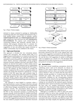 the method DieselEngine.increase(Fuel) (line 27), while
electricity is distributed to the motor via the method
ElectricMotor.increase(Current) (line 32), whose method
bodies are abbreviated. The classes conform to the Observer
pattern, with the DieselEngine and ElectricMotor notifying
the HybridAutomobile of any change made to the energy
consumption of the respective components. The HybridAu-
tomobile in turn computes its new overall speed (lines 7-8,
13-14) and updates any attached observers, e.g., the Dash-
board (line 35). An accessor method (line 22) retrieves the
value of the private instance field overallSpeed, which
the method Dashboard.update() invokes (line 38) as part of
the design pattern to refresh the driver’s display.
Suppose now that roadways exhibit a new feature that
notifies traveling vehicles of the speed limit. As a result, an
aspect SpeedingViolationPrevention (Fig. 2) is introduced to
augment the existing functionality of the programming
depicted in Fig. 1 by limiting the vehicle’s energy intake by
declaring appropriate around advice (lines 2-4), which
conditionally bypasses the execution of methods that
contribute to the vehicle’s overall speed.2
The points at
which this advice is to apply are specified by its bound PCE
(line 3) that selects join points corresponding to the
execution of two of the aforementioned methods, namely,
DieselEngine.increase(Fuel) and ElectricMotor.increase
(Current). These methods have been underlined in Fig. 1.
Class Energy (not shown) is an abstract super class of which
both classes Fuel and Current (also not shown), parameters
to the methods, extend. The type pattern Energy+ is a wild
card that denotes object references of type Energy and its
subclasses. Note that facets related to the advice body are
abbreviated here to focus on the applicability of the advice.
Further suppose that the base code (Fig. 1) evolves to
accommodate a new vehicle energy source, namely, a fuel
cell, resulting in the creation of a FuelCell class (Fig. 3).
Contrary to the existing energy sources, requests to increase
power from the FuelCell require passing a numerical
(double) parameter, which is the amount of acceleration (in
miles/hour) that should result from the FuelCell internally
generating power, to a method (line 4) that, in turn, notifies
the HybridAutomobile of the change directly (line 5).
Intuitively, the SpeedingViolationPrevention aspect
should also apply to the execution of this method; however,
the PCE fails to select this new but semantically equivalent
join point. Although the new method’s signature is
consistent with the other join points, with only the
parameter type differing, i.e., double is a primitive type
that could not hold references to type Energy or any of its
subclasses, this difference causes the PCE not to select this
method’s execution. Worse, many such join points may
silently exhibit similar problems in evolving software with
larger code bases. It would be helpful to developers if join
points that may have been overlooked when manually
updating PCEs to reflect new changes in the base code
could be mechanically suggested. It would also be helpful
to mechanically suggest join points that should no longer be
selected by a PCE. We will continue to use this example to
demonstrate how our proposed approach can assist devel-
opers with these issues in an automated fashion.
3 HARNESSING COMMONALITY
We present a parameterized heuristic algorithm that assists
developers in maintaining PCEs upon changes to the base
code by inferring new join points that may require
inclusion by discovering structural commonality between
program elements corresponding to join points captured
by a PCE in a particular software version. For instance,
notice in the previous example that the two methods,
namely, DieselEngine.increase(Fuel) and ElectricMotor.in-
crease(Current), whose corresponding method executions
were selected by the PCE listed on line 3, Fig. 2, are both
644 IEEE TRANSACTIONS ON SOFTWARE ENGINEERING, VOL. 38, NO. 3, MAY/JUNE 2012
Fig. 1. Hybrid automobile example.
Fig. 2. Speeding prevention aspect.
Fig. 3. A new fuel cell class.
2. For this advice to properly function, the pointcut must expose
appropriate context pertaining to the join point. Specifically, both the
implicit and explicit arguments of the increase(Energy) method would need
to be exposed, perhaps by using the pointcut designators this() and args() to
perform the checks. We have omitted these designators for presentation
purposes.
 