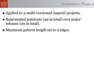 Evaluation: Phase 2

• Applied to 3 multi-versioned AspectJ projects.
• Rejuvenated pointcuts (49 in total) over major
 releases (20 in total).
• Maximum pattern length set to 2 edges.
 