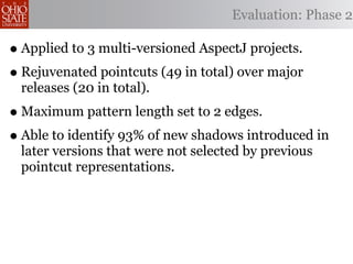 Evaluation: Phase 2

• Applied to 3 multi-versioned AspectJ projects.
• Rejuvenated pointcuts (49 in total) over major
 releases (20 in total).
• Maximum pattern length set to 2 edges.
• Able to identify 93% of new shadows introduced in
 later versions that were not selected by previous
 pointcut representations.
 