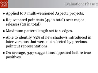 Evaluation: Phase 2

• Applied to 3 multi-versioned AspectJ projects.
• Rejuvenated pointcuts (49 in total) over major
 releases (20 in total).
• Maximum pattern length set to 2 edges.
• Able to identify 93% of new shadows introduced in
 later versions that were not selected by previous
 pointcut representations.
• On average, 3.97 suggestions appeared before true
 positives.
 