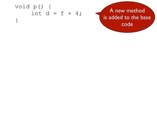void p() {
    int d = f + 4;      A new method
}                    is added to the base
                             code
 