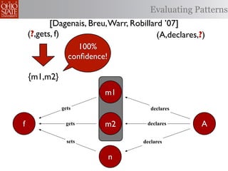Evaluating Patterns
           [Dagenais, Breu, Warr, Robillard ’07]
    (?,gets, f)                           (A,declares,?)
                   100%
                conﬁdence!

    {m1,m2}
                          m1
              gets                      declares


f              gets       m2           declares       A
                sets                 declares


                           n
 