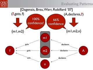 Evaluating Patterns
           [Dagenais, Breu, Warr, Robillard ’07]
    (?,gets, f)                           (A,declares,?)
                   100%           66%
                conﬁdence! conﬁdence

    {m1,m2}                                     {m1,m2,n}
                          m1
              gets                      declares


f              gets       m2           declares             A
                sets                 declares


                           n
 