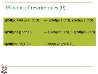 Flavour of rewrite rules (0) aj2dl (pc1 && pc2,  C ,  S )     aj2dl (pc1, C , S ),  aj2dl (pc2, C , S )  aj2dl (pc1 || pc2, C , S )    aj2dl (pc1, C , S )  ;  aj2dl (pc2, C , S ) aj2dl (not(pc), C , S )    not ( aj2dl (pc, C , S )) 