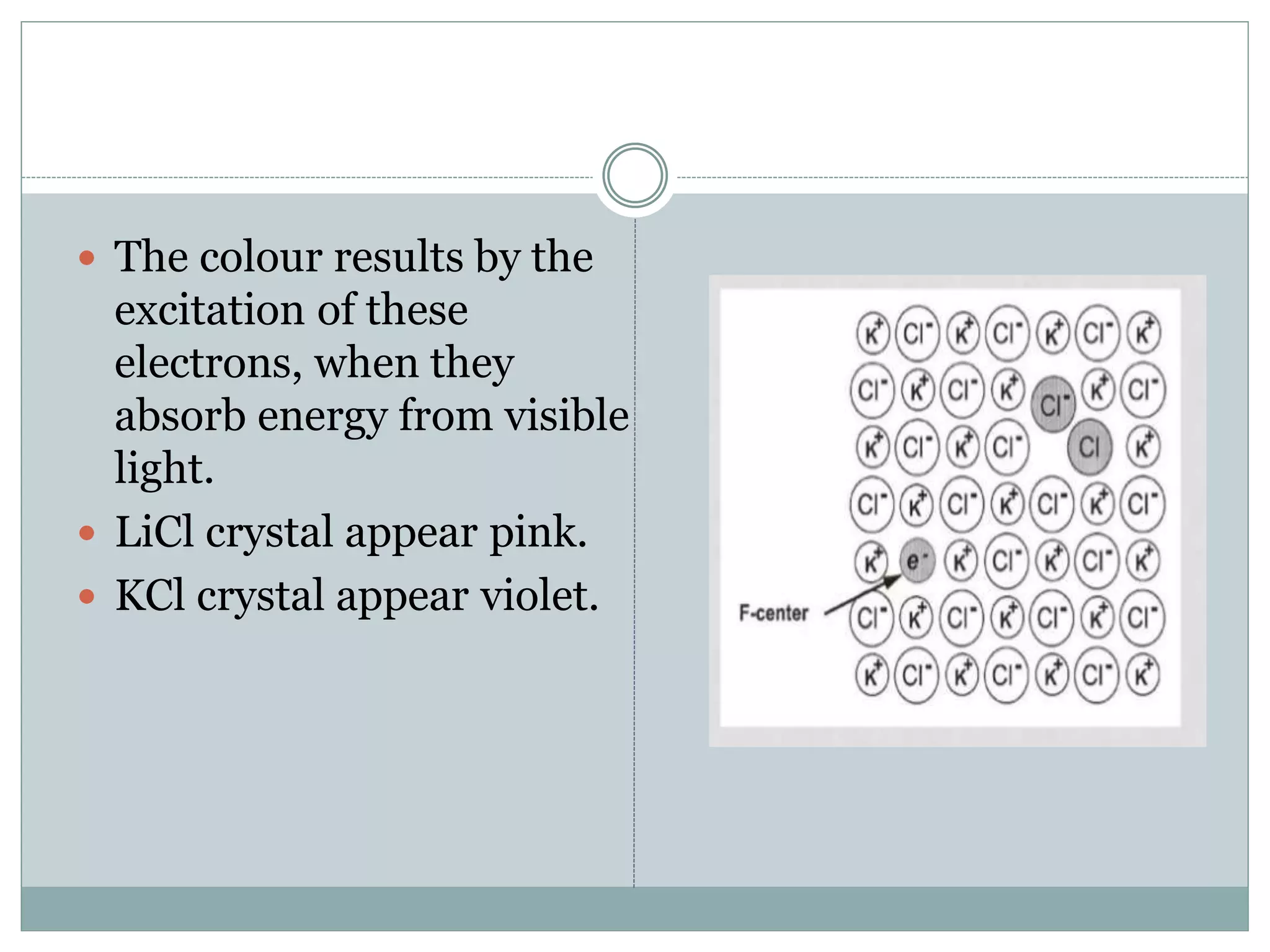  The colour results by the
excitation of these
electrons, when they
absorb energy from visible
light.
 LiCl crystal appear pink.
 KCl crystal appear violet.
 