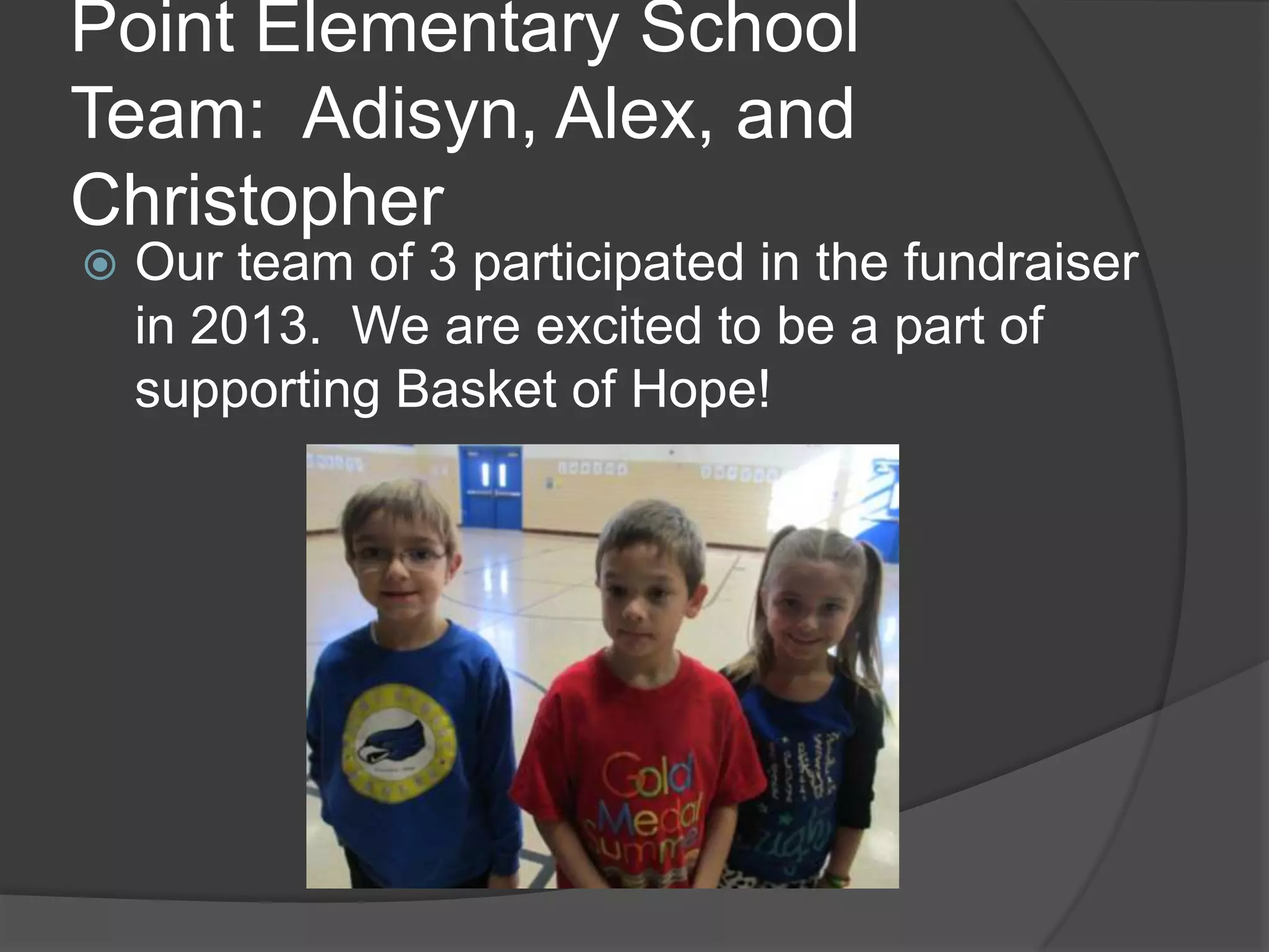 Point Elementary School
Team: Adisyn, Alex, and
Christopher
Our team of 3 participated in the fundraiser
in 2013. We are excited to be a part of
supporting Basket of Hope!