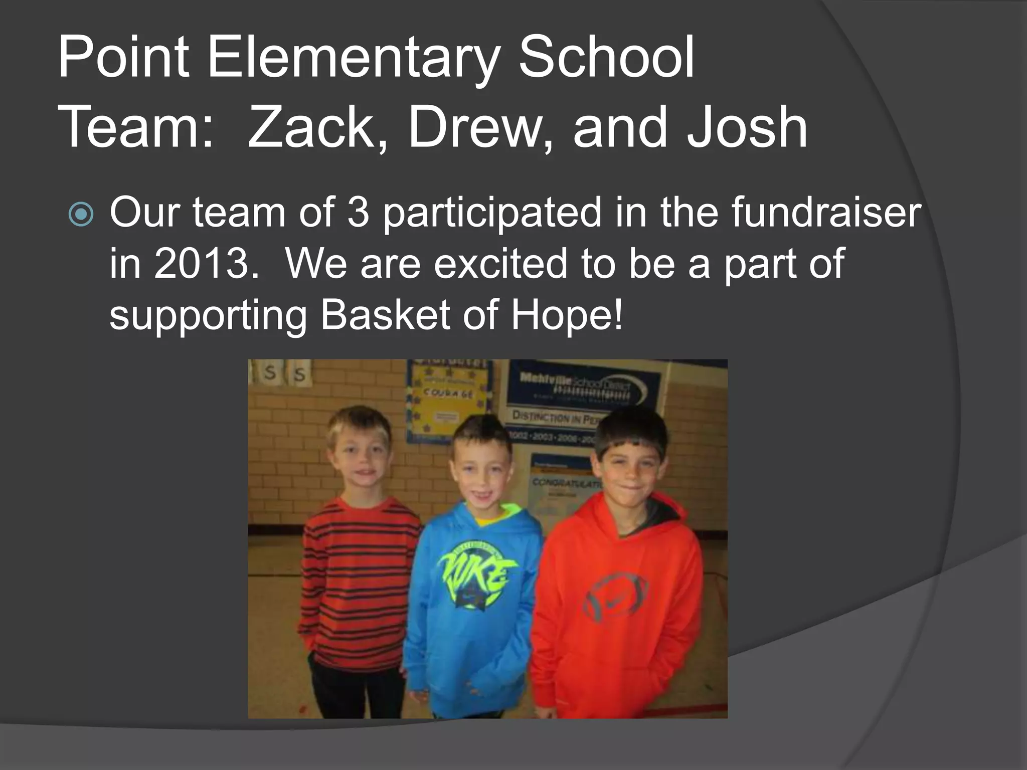 Point Elementary School
Team: Zack, Drew, and Josh
Our team of 3 participated in the fundraiser
in 2013. We are excited to be a part of
supporting Basket of Hope!