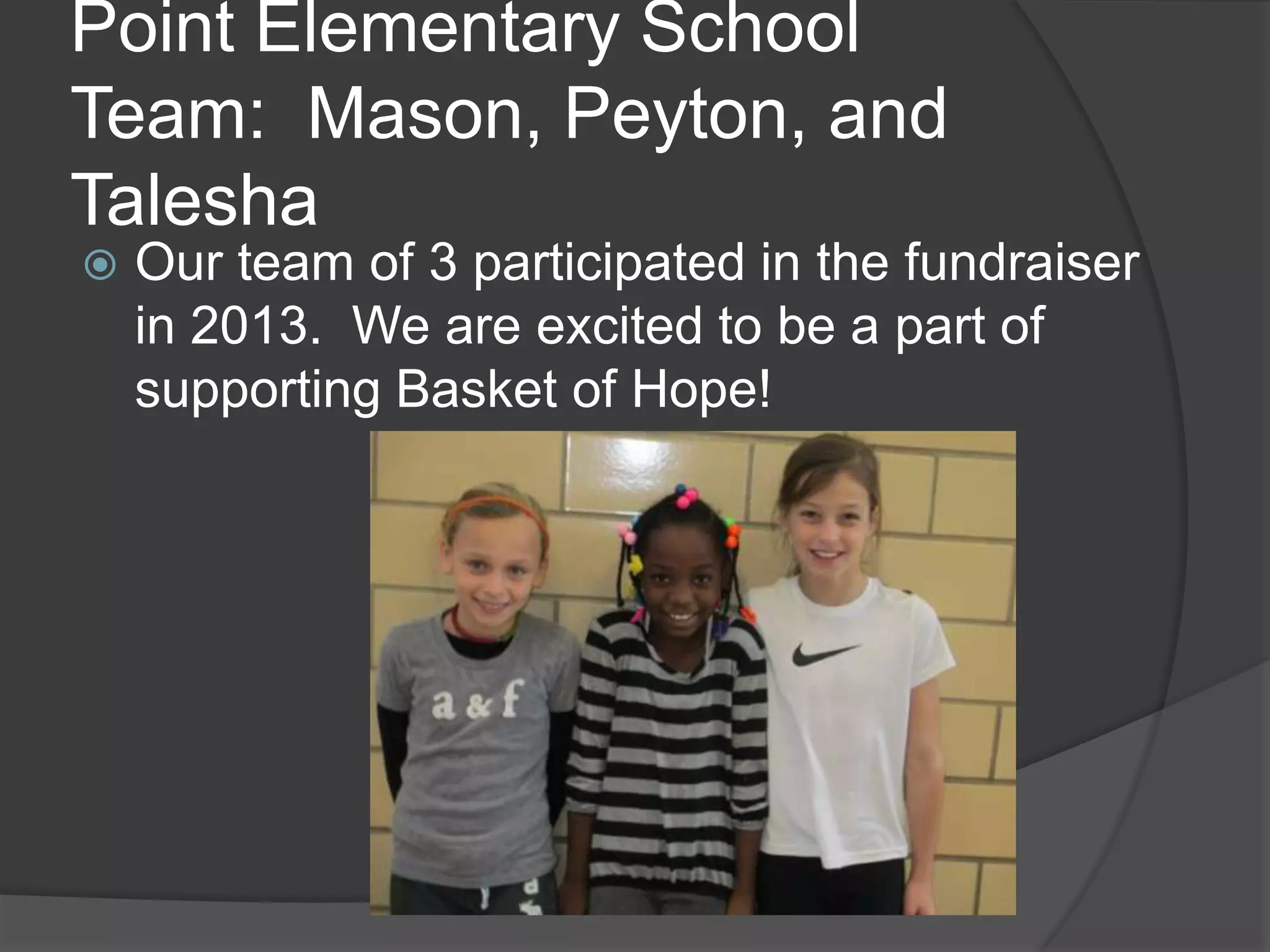 Point Elementary School
Team: Mason, Peyton, and
Talesha
Our team of 3 participated in the fundraiser
in 2013. We are excited to be a part of
supporting Basket of Hope!