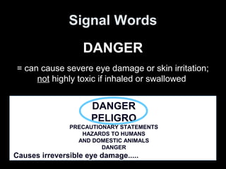 Signal Words
DANGER
= can cause severe eye damage or skin irritation;
not highly toxic if inhaled or swallowed
DANGER
PELIGRO
PRECAUTIONARY STATEMENTS
HAZARDS TO HUMANS
AND DOMESTIC ANIMALS
DANGER
Causes irreversible eye damage.....
 