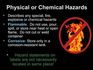 Physical or Chemical Hazards
• Describes any special, fire,
explosive or chemical hazards
• Flammable: Do not use, pour,
spill, or store near heat or open
flame. Do not cut or weld
container
• Corrosive: Store only in a
corrosion-resistant tank
• Hazard statements on
labels are not necessarily
located in same place!
 