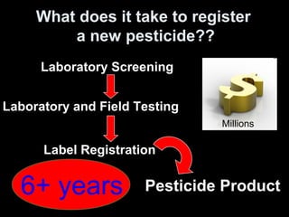 Laboratory Screening
Pesticide Product
Laboratory and Field Testing
Label Registration
What does it take to register
a new pesticide??
6+ years
Millions
 