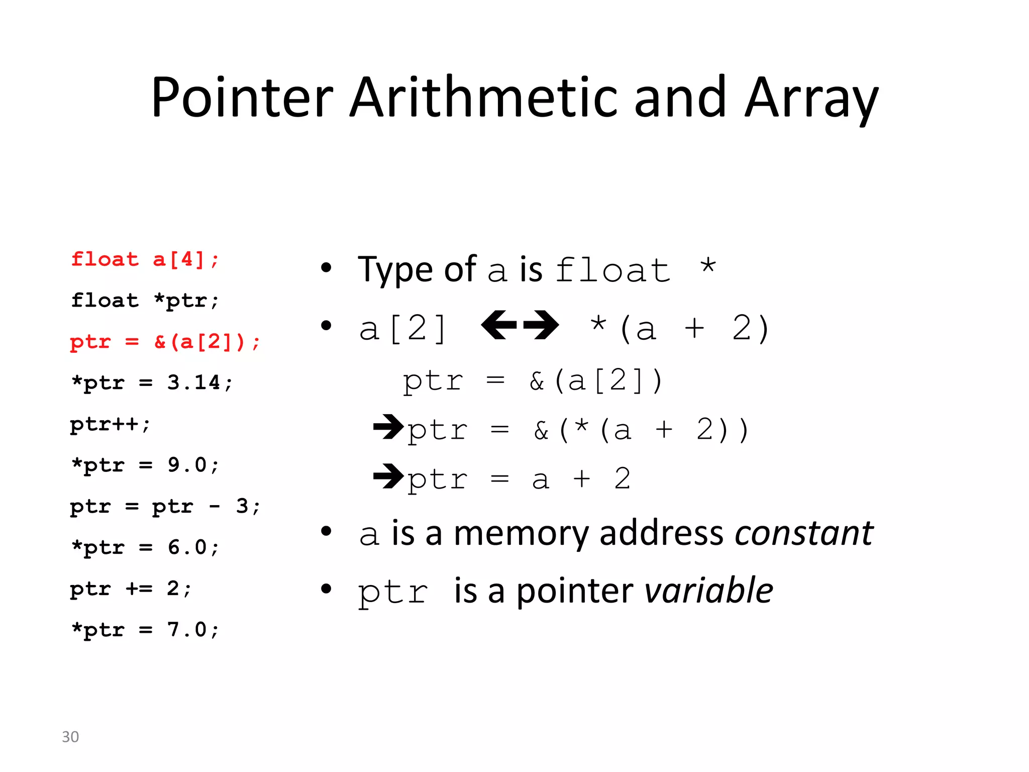 30
Pointer Arithmetic and Array
• Type of a is float *
• a[2]  *(a + 2)
ptr = &(a[2])
ptr = &(*(a + 2))
ptr = a + 2
• a is a memory address constant
• ptr is a pointer variable
float a[4];
float *ptr;
ptr = &(a[2]);
*ptr = 3.14;
ptr++;
*ptr = 9.0;
ptr = ptr - 3;
*ptr = 6.0;
ptr += 2;
*ptr = 7.0;
 