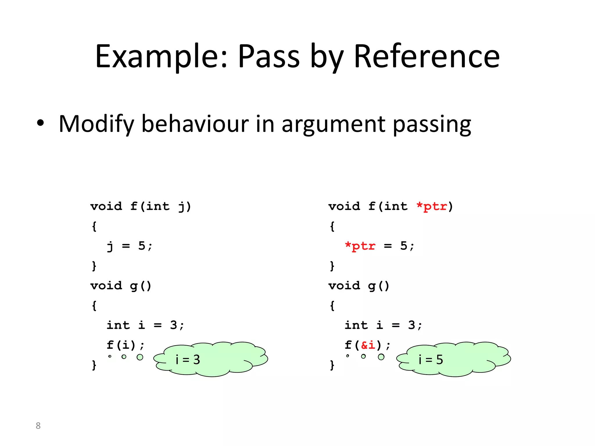8
Example: Pass by Reference
• Modify behaviour in argument passing
void f(int j)
{
j = 5;
}
void g()
{
int i = 3;
f(i);
}
void f(int *ptr)
{
*ptr = 5;
}
void g()
{
int i = 3;
f(&i);
} i = ?i = ?i = 3 i = 5
 