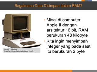 Bagaimana Data Disimpan dalam RAM?
▫ Misal di computer
Apple II dengan
arsitektur 16 bit, RAM
berukuran 48 kilobyte
▫ Kita ingin menyimpan
integer yang pada saat
itu berukuran 2 byte
Sumber : Wikipedia,
https://en.wikipedia.org/wiki/Apple_II_series
 
