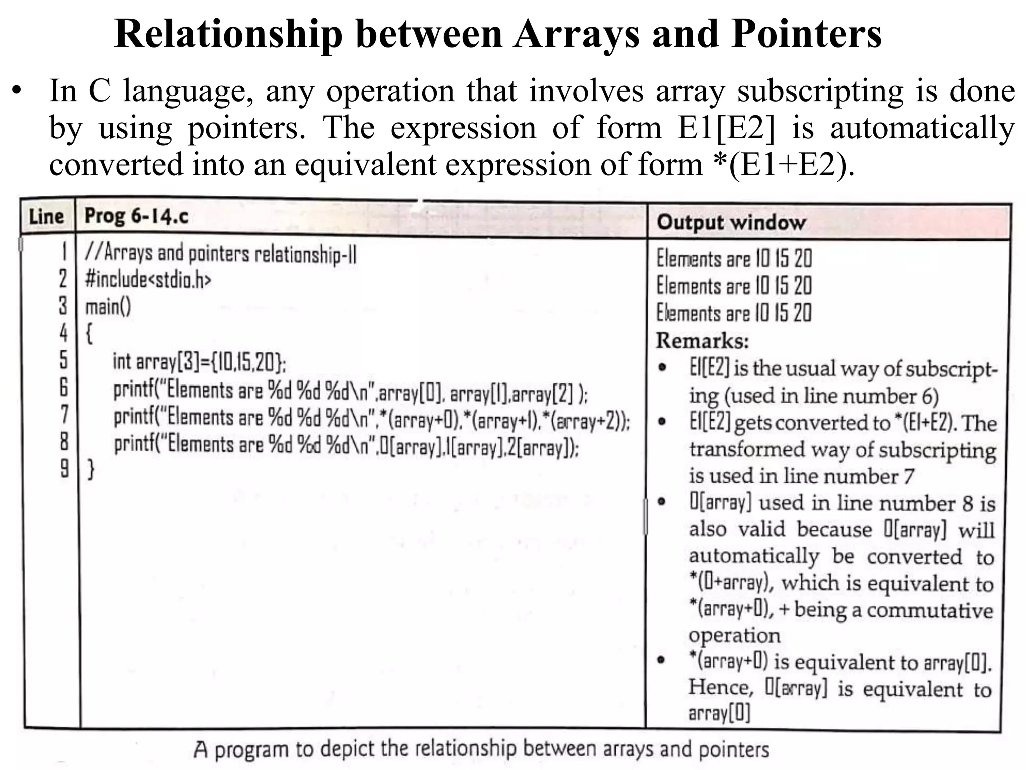 Relationship between Arrays and Pointers
• In C language, any operation that involves array subscripting is done
by using pointers. The expression of form E1[E2] is automatically
converted into an equivalent expression of form *(E1+E2).
 
