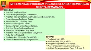 IMPLEMENTASI PROGRAM PENANGGULANGAN KEMISKINAN
DI KOTA SEMARANG
EKONOMI:
• Pelatihan Kewirausahaan.
• Fasilitasi Pengembangan Usaha Mikro.
• Pelatihan Keterampilan (menjahit, salon, perbengkelan dll).
• Pengembangan Perikanan Rakyat.
• Bantuan Ternak (kambing, sapi)
• Bantuan Warung Desa Vokasi.
• Bantuan Pangan untuk Rawan Pangan.
• Distribusi Beras Sejahtera (Rastra).
• Penyiapan Tenaga Kerja Siap Pakai.
• Pelatihan Pemagangan Berbasis Masyarakat.
• Padat Karya Produktif.
• Pembentukan Wirausaha Baru (WUB).
• Santunan Kematian bagi Warga Miskin.
EDUKASI:
• Pendampingan BOS.
• Beasiswa bagi Warga Miskin.
• Pengembangan Kelurahan Vokasi.
• Penyelenggaraan Kursus Keterampilan.
• Fasilitasi Penyelenggaraan Paket A, B, dan C.
 