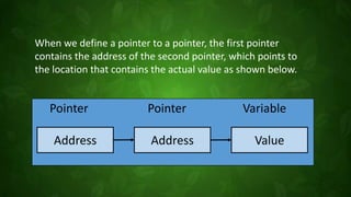 Pointer Pointer Variable
Address Address Value
When we define a pointer to a pointer, the first pointer
contains the address of the second pointer, which points to
the location that contains the actual value as shown below.
 