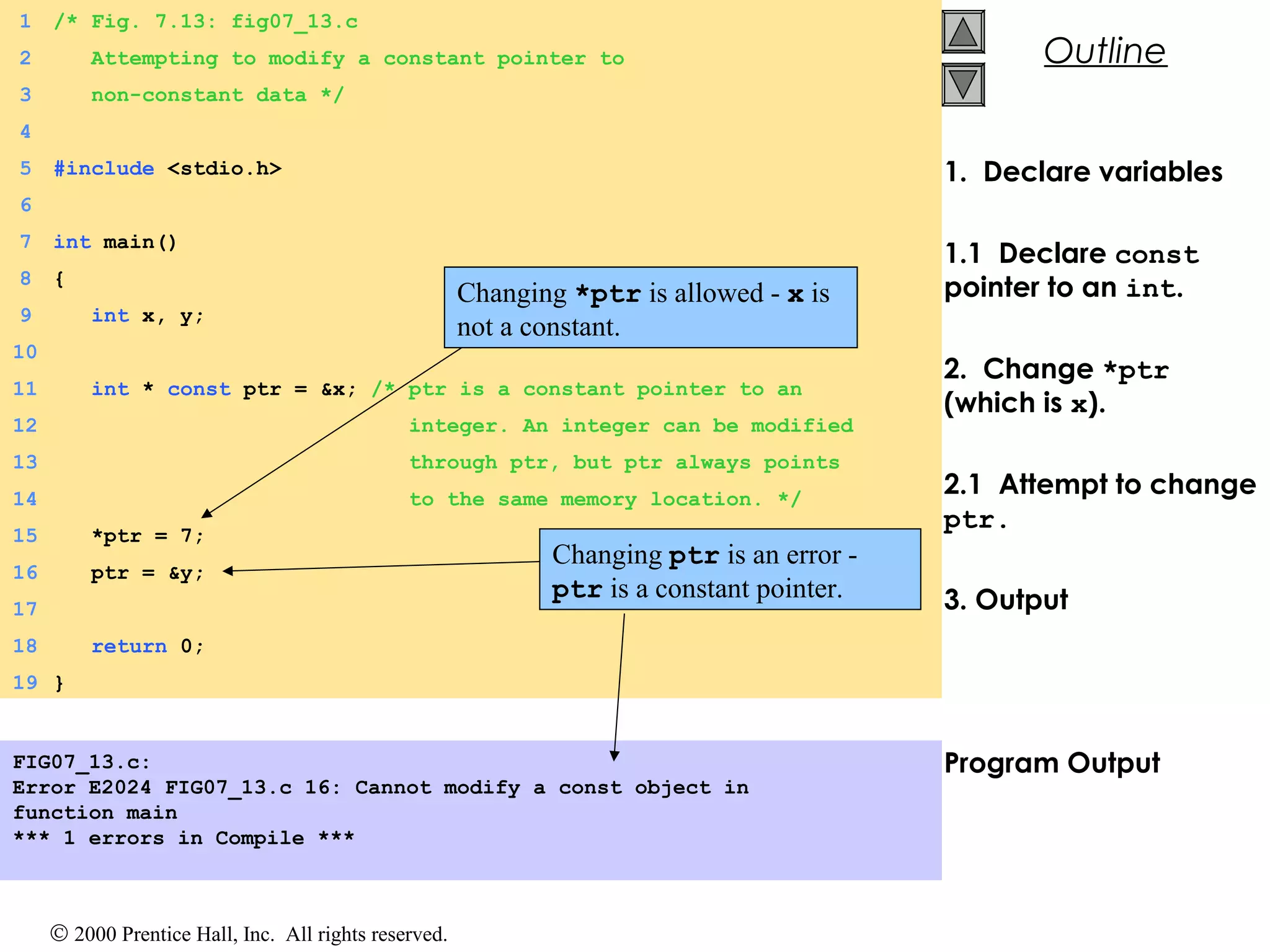 © 2000 Prentice Hall, Inc. All rights reserved.
Outline
1. Declare variables
1.1 Declare const
pointer to an int.
2. Change *ptr
(which is x).
2.1 Attempt to change
ptr.
3. Output
Program Output
1 /* Fig. 7.13: fig07_13.c
2 Attempting to modify a constant pointer to
3 non-constant data */
4
5 #include <stdio.h>
6
7 int main()
8 {
9 int x, y;
10
11 int * const ptr = &x; /* ptr is a constant pointer to an
12 integer. An integer can be modified
13 through ptr, but ptr always points
14 to the same memory location. */
15 *ptr = 7;
16 ptr = &y;
17
18 return 0;
19 }
FIG07_13.c:
Error E2024 FIG07_13.c 16: Cannot modify a const object in
function main
*** 1 errors in Compile ***
Changing *ptr is allowed - x is
not a constant.
Changing ptr is an error -
ptr is a constant pointer.
 