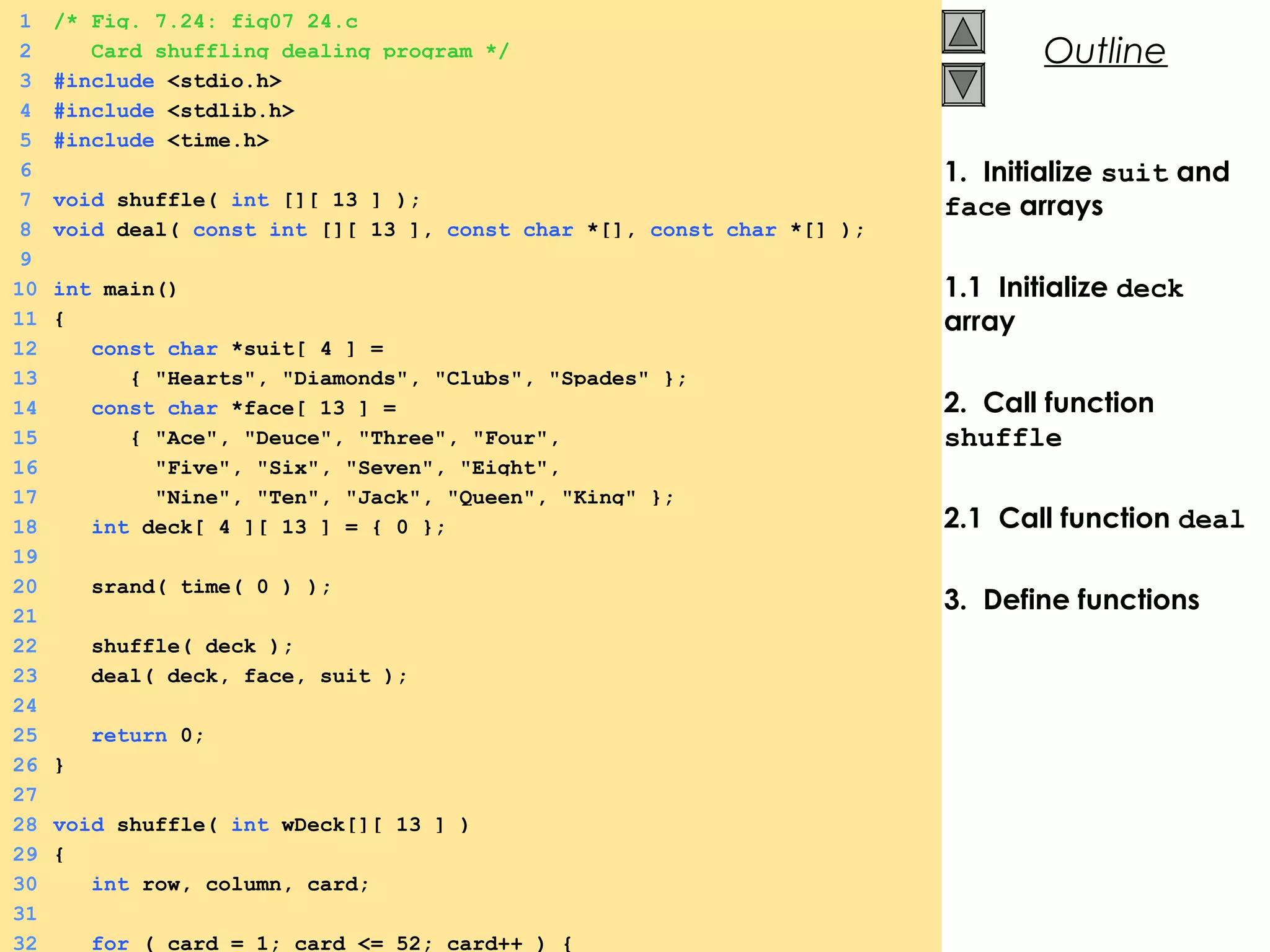 © 2000 Prentice Hall, Inc. All rights reserved.
Outline
1. Initialize suit and
face arrays
1.1 Initialize deck
array
2. Call function
shuffle
2.1 Call function deal
3. Define functions
1 /* Fig. 7.24: fig07_24.c
2 Card shuffling dealing program */
3 #include <stdio.h>
4 #include <stdlib.h>
5 #include <time.h>
6
7 void shuffle( int [][ 13 ] );
8 void deal( const int [][ 13 ], const char *[], const char *[] );
9
10 int main()
11 {
12 const char *suit[ 4 ] =
13 { "Hearts", "Diamonds", "Clubs", "Spades" };
14 const char *face[ 13 ] =
15 { "Ace", "Deuce", "Three", "Four",
16 "Five", "Six", "Seven", "Eight",
17 "Nine", "Ten", "Jack", "Queen", "King" };
18 int deck[ 4 ][ 13 ] = { 0 };
19
20 srand( time( 0 ) );
21
22 shuffle( deck );
23 deal( deck, face, suit );
24
25 return 0;
26 }
27
28 void shuffle( int wDeck[][ 13 ] )
29 {
30 int row, column, card;
31
32 for ( card = 1; card <= 52; card++ ) {
 