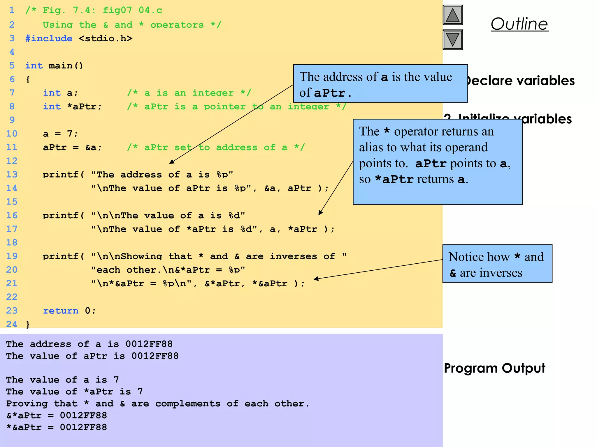 © 2000 Prentice Hall, Inc. All rights reserved.
Outline
1. Declare variables
2 Initialize variables
3. Print
Program Output
1 /* Fig. 7.4: fig07_04.c
2 Using the & and * operators */
3 #include <stdio.h>
4
5 int main()
6 {
7 int a; /* a is an integer */
8 int *aPtr; /* aPtr is a pointer to an integer */
9
10 a = 7;
11 aPtr = &a; /* aPtr set to address of a */
12
13 printf( "The address of a is %p"
14 "nThe value of aPtr is %p", &a, aPtr );
15
16 printf( "nnThe value of a is %d"
17 "nThe value of *aPtr is %d", a, *aPtr );
18
19 printf( "nnShowing that * and & are inverses of "
20 "each other.n&*aPtr = %p"
21 "n*&aPtr = %pn", &*aPtr, *&aPtr );
22
23 return 0;
24 }
The address of a is 0012FF88
The value of aPtr is 0012FF88
The value of a is 7
The value of *aPtr is 7
Proving that * and & are complements of each other.
&*aPtr = 0012FF88
*&aPtr = 0012FF88
The address of a is the value
of aPtr.
The * operator returns an
alias to what its operand
points to. aPtr points to a,
so *aPtr returns a.
Notice how * and
& are inverses
 