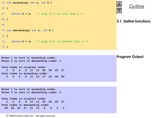 © 2000 Prentice Hall, Inc. All rights reserved.
Outline
3.1 Define functions.
Program Output
65 int ascending( int a, int b )
66 {
67 return b < a; /* swap if b is less than a */
68 }
69
70 int descending( int a, int b )
71 {
72 return b > a; /* swap if b is greater than a */
73 }
Enter 1 to sort in ascending order,
Enter 2 to sort in descending order: 1
Data items in original order
2 6 4 8 10 12 89 68 45 37
Data items in ascending order
2 4 6 8 10 12 37 45 68 89
Enter 1 to sort in ascending order,
Enter 2 to sort in descending order: 2
Data items in original order
2 6 4 8 10 12 89 68 45 37
Data items in descending order
89 68 45 37 12 10 8 6 4 2
 