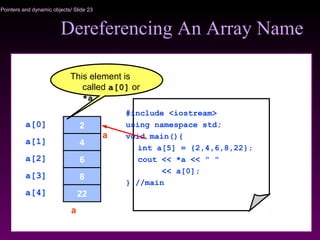Pointers and dynamic objects/ Slide 23
Dereferencing An Array Name
#include <iostream>
using namespace std;
void main(){
int a[5] = {2,4,6,8,22};
cout << *a << " "
<< a[0];
} //main
2
4
8
6
22a[4]
a[0]
a[2]
a[1]
a[3]
a
a
This element is
called a[0] or
*a
 