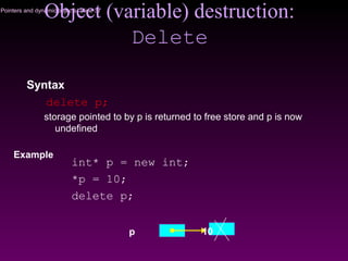 Pointers and dynamic objects/ Slide 37
Object (variable) destruction:
Delete
Syntax
delete p;
storage pointed to by p is returned to free store and p is now
undefined
p
Example
int* p = new int;
*p = 10;
delete p;
10
 