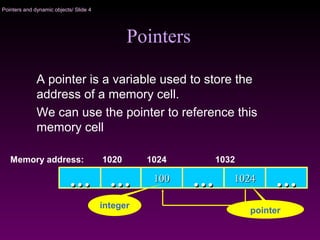 Pointers and dynamic objects/ Slide 4
Pointers
A pointer is a variable used to store the
address of a memory cell.
We can use the pointer to reference this
memory cell
100100…… …… 10241024 ……
Memory address: 1024 1032
……
1020
integer
pointer
 