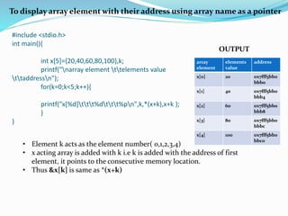 #include <stdio.h>
int main(){
int x[5]={20,40,60,80,100},k;
printf("narray element ttelements value
ttaddressn");
for(k=0;k<5;k++){
printf("x[%d]ttt%dttt%pn",k,*(x+k),x+k );
}
}
array
element
elements
value
address
x[0] 20 0x7fff5bb0
bbb0
x[1] 40 0x7fff5bb0
bbb4
x[2] 60 0x7fff5bb0
bbb8
x[3] 80 0x7fff5bb0
bbbc
x[4] 100 0x7fff5bb0
bbc0
To display array element with their address using array name as a pointer
OUTPUT
• Element k acts as the element number( 0,1,2,3,4)
• x acting array is added with k i.e k is added with the address of first
element, it points to the consecutive memory location.
• Thus &x[k] is same as *(x+k)
 