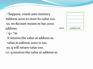 Suppose, count uses memory
Address 2000 to store its value 100.
so, m=&count means m has 2000
address.
q= *m
it returns the value at address m.
value at address 2000 is 100.
so, q will return value 100.
i.e. q receives the value at address m.
count=1002000
 