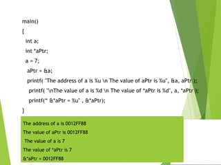 main()
{
int a;
int *aPtr;
a = 7;
aPtr = &a;
printf( "The address of a is %u n The value of aPtr is %u", &a, aPtr );
printf( "nThe value of a is %d n The value of *aPtr is %d", a, *aPtr );
printf(“ &*aPtr = %u" , &*aPtr);
}
The address of a is 0012FF88
The value of aPtr is 0012FF88
The value of a is 7
The value of *aPtr is 7
&*aPtr = 0012FF88
8
 