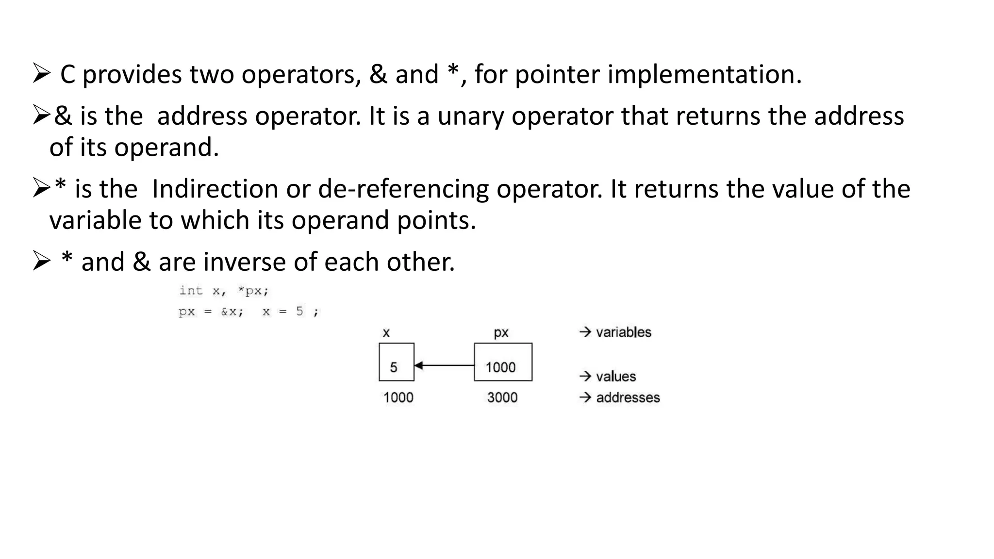  C provides two operators, & and *, for pointer implementation.
& is the address operator. It is a unary operator that returns the address
of its operand.
* is the Indirection or de-referencing operator. It returns the value of the
variable to which its operand points.
 * and & are inverse of each other.
 