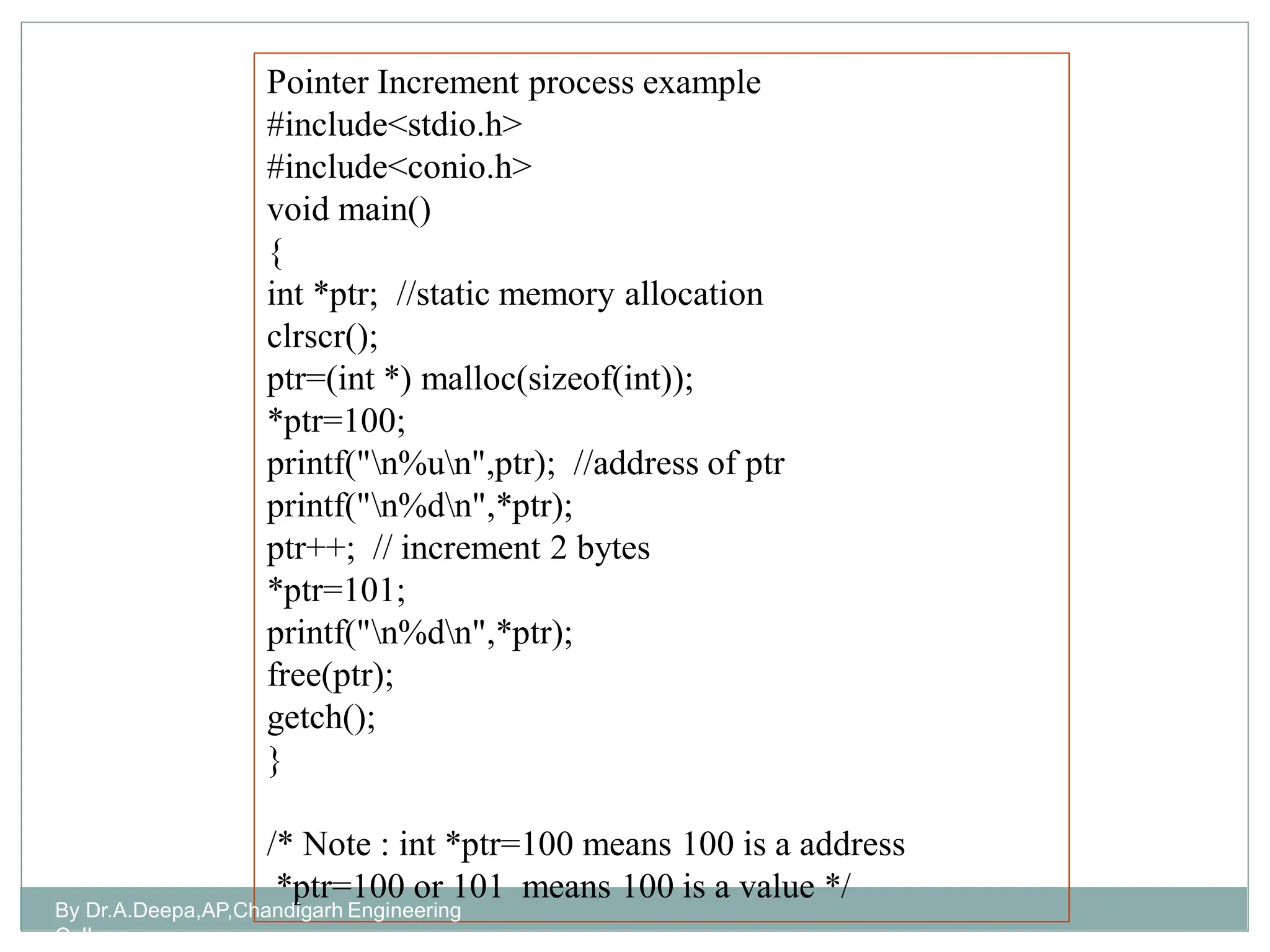 Pointer Increment process example
#include<stdio.h>
#include<conio.h>
void main()
{
int *ptr; //static memory allocation
clrscr();
ptr=(int *) malloc(sizeof(int));
*ptr=100;
printf("n%un",ptr); //address of ptr
printf("n%dn",*ptr);
ptr++; // increment 2 bytes
*ptr=101;
printf("n%dn",*ptr);
free(ptr);
getch();
}
/* Note : int *ptr=100 means 100 is a address
*ptr=100 or 101 means 100 is a value */
By Dr.A.Deepa,AP,Chandigarh Engineering
College
 