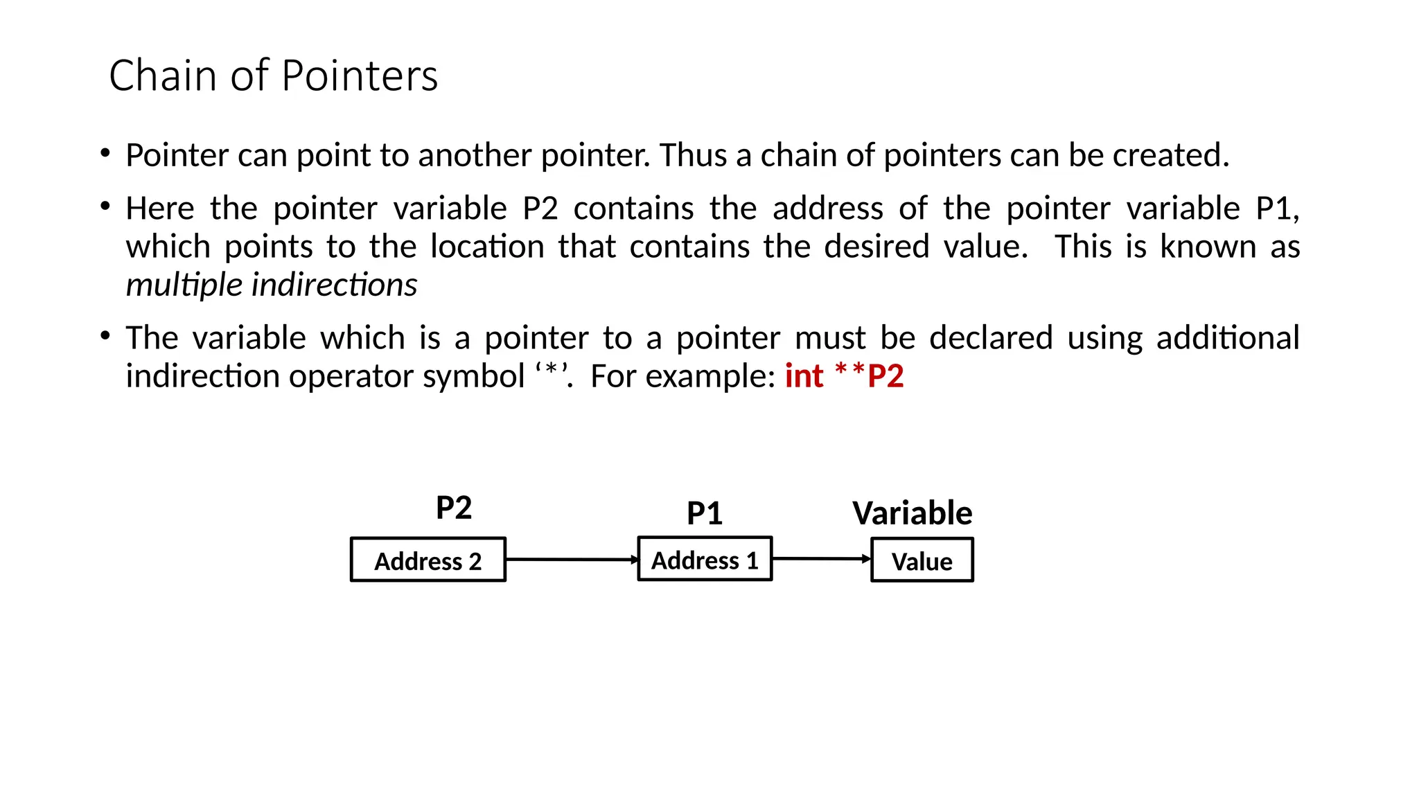 Chain of Pointers • Pointer can point to another pointer. Thus a chain of pointers can be created. • Here the pointer variable P2 contains the address of the pointer variable P1, which points to the location that contains the desired value. This is known as multiple indirections • The variable which is a pointer to a pointer must be declared using additional indirection operator symbol ‘*’. For example: int **P2 Address 2 P2 Address 1 P1 Value Variable 
