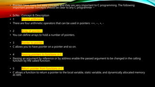 • Pointers have many but easy concepts and they are very important to C programming. The following
important pointer concepts should be clear to any C programmer −
• Sr.No. Concept & Description
• 1 Pointer arithmetic
• There are four arithmetic operators that can be used in pointers: ++, --, +, -
• 2 Array of pointers
• You can define arrays to hold a number of pointers.
• 3 Pointer to pointer
• C allows you to have pointer on a pointer and so on.
• 4 Passing pointers to functions in C
• Passing an argument by reference or by address enable the passed argument to be changed in the calling
function by the called function.
• 5 Return pointer from functions in C
• C allows a function to return a pointer to the local variable, static variable, and dynamically allocated memory
as well.
 